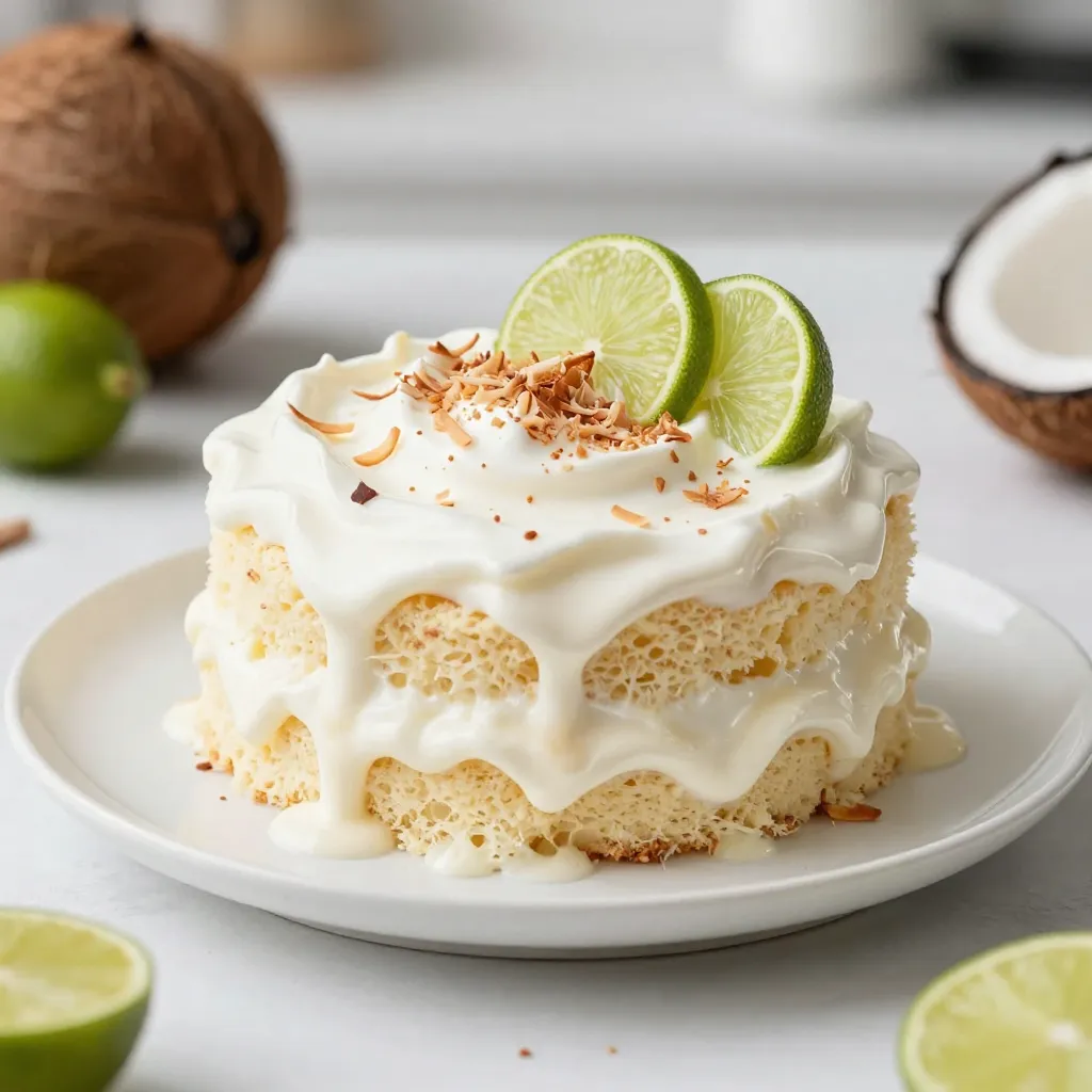 - 1 cup all-purpose flour - 1 ½ teaspoons baking powder - ½ teaspoon salt - ½ cup unsalted butter - 1 cup granulated sugar - 3 large eggs - 1 teaspoon vanilla extract - ½ cup whole milk - 1 cup coconut milk - 1 cup sweetened condensed milk - 1 cup evaporated milk - Zest of 1 lime - Juice of 1 lime - 1 cup heavy whipping cream - 2 tablespoons powdered sugar - ½ teaspoon vanilla extract - Toasted coconut flakes - Lime slices The first step is to gather your ingredients. This helps keep things fun and organized. For the cake, you need flour, baking powder, salt, butter, sugar, eggs, vanilla, and milk. Each of these adds texture and flavor. The butter makes it rich, and the eggs help it rise. Next, we move to the tres leches mixture. This is the fun part! You need coconut milk, sweetened condensed milk, and evaporated milk. The lime zest and juice add a fresh twist. This mixture will soak into the cake and make it moist and tasty. Lastly, we prepare for the topping. Heavy whipping cream gives the cake a nice, fluffy layer. It’s sweetened with powdered sugar and flavored with vanilla. The toasted coconut flakes and lime slices add a lovely finish. They make it look pretty and add extra flavor. Each ingredient plays a key role. Together, they create a delightful coconut lime tres leches cake. So, gather these items and get ready to bake! {{ingredient_image_2}} - Preheat the oven to 350°F (175°C). - In a bowl, mix 1 cup flour, 1 ½ teaspoons baking powder, and ½ teaspoon salt. - Cream together ½ cup softened butter and 1 cup sugar until fluffy. - Add 3 large eggs to the butter mixture one at a time. - Blend in 1 teaspoon vanilla extract after adding all the eggs. - Gradually mix the dry ingredients with the egg mixture. - Pour the batter into the baking dish and bake for 25-30 minutes until a toothpick comes out clean. - In a bowl, whisk together 1 cup coconut milk, 1 cup sweetened condensed milk, and 1 cup evaporated milk with lime zest and juice. - Once the cake cools, poke holes all over it. - Pour the tres leches mixture over the cake and refrigerate for at least 2 hours. - In a bowl, whip 1 cup heavy cream with 2 tablespoons powdered sugar and ½ teaspoon vanilla extract until soft peaks form. - Spread the whipped cream over the soaked cake. - Garnish with toasted coconut flakes and lime slices for extra flair. To make your cake super moist, soak it well. I suggest soaking the cake for at least 2 hours. If you have time, let it sit overnight. This helps the cake absorb the tres leches mixture fully. The longer it soaks, the better the flavor and texture. Mixing the batter is key but be careful! When you add the dry ingredients, do it slowly. Mix gently. You want to combine everything without overworking it. Overmixing can make your cake tough. Stop mixing as soon as you see no dry flour. Presentation matters! After you spread the whipped cream, add some toasted coconut flakes on top. It adds crunch and flavor. Lime slices also look great. You can even add a sprig of mint for color. Serve each slice on a bright plate to make it pop! Pro Tips Use Room Temperature Ingredients: Ensuring your eggs and butter are at room temperature helps create a smoother batter and better rise in the cake. Soak Longer for More Flavor: For an extra decadent experience, let the cake soak in the tres leches mixture overnight in the refrigerator. Whip Cream to Stiff Peaks: Whipping the cream until stiff peaks form will ensure your topping holds its shape and adds a beautiful finish to the cake. Toast Coconut for Extra Crunch: Lightly toasting the coconut flakes before garnishing adds a delightful crunch and enhances the coconut flavor in your cake. {{image_4}} You can change up the flavor of your Coconut Lime Tres Leches Cake. Try using different fruits. Mango adds a sweet twist. Passion fruit brings a tangy kick. Pineapple gives a tropical vibe. Each option keeps the cake moist and flavorful. Feel free to mix and match these fruits. You can even add zest from these fruits to enhance the taste. If you need a gluten-free cake, swap the all-purpose flour. Use a gluten-free flour mix instead. It will still give a nice texture. For a dairy-free version, replace the whole milk. Use almond or oat milk instead. You can also use coconut yogurt in place of heavy cream. These swaps keep the cake rich and tasty while meeting dietary needs. Want individual servings? Make mini Coconut Lime Tres Leches Cakes! Use a muffin tin or ramekins for baking. Divide the batter evenly into the cups. Bake for less time, about 15-20 minutes. Once cooled, poke holes and soak each mini cake with the tres leches mixture. Top with whipped cream and garnish. These mini treats are perfect for parties! To keep your Coconut Lime Tres Leches Cake fresh, store it in the fridge. First, cover the cake with plastic wrap or place it in an airtight container. This keeps it moist and prevents it from absorbing other smells. The cake stays tasty for about 3 to 5 days in the fridge. If you want to save some cake for later, you can freeze it. First, let the cake cool completely. Then, cut it into slices. Wrap each slice in plastic wrap, making sure it is tight. Place the wrapped slices in a freezer bag or container. This way, the cake can last up to 3 months in the freezer. When you're ready to enjoy it, just thaw it in the fridge overnight. To serve leftover cake, you don't need to bake it again. Just take out the slice you want and let it sit at room temperature for about 20 minutes. This helps the cake regain its soft texture. If you prefer it warm, you can microwave it for about 10 to 15 seconds. Enjoy it as is, or add a little extra whipped cream and toasted coconut on top! Tres leches cake is a sponge cake soaked in three types of milk. The three milks are usually sweetened condensed milk, evaporated milk, and whole milk. This cake is moist and rich, making it a favorite in many Latin cultures. The name means "three milks" in Spanish. This cake often has a creamy topping, which adds to its flavor. Yes, you can make this cake ahead of time. In fact, I recommend making it a day before you plan to serve it. This allows the cake to soak up all the milk mixture. The longer it sits, the better the flavor. Just cover it well in the fridge after soaking. If you cannot find coconut milk, you can use whole milk or almond milk. For a richer flavor, you can mix half heavy cream with half whole milk. This will give you a creamy texture, similar to coconut milk. Coconut lime tres leches cake lasts about 3 to 5 days in the fridge. Make sure to keep it covered to prevent it from drying out. If you see any signs of spoilage, it’s best to throw it away. Enjoy your cake while it’s fresh for the best flavor! Coconut Lime Tres Leches Cake can delight any dessert lover. We explored its main ingredients, from the fluffy cake base to the creamy topping. I shared step-by-step instructions, plus tips for perfecting your bake. With flavor variations and storage tips, this cake suits every occasion. Embrace your baking journey and create a treat that makes your friends and family smile. Enjoy the sweet, moist flavors of this simple yet delicious cake. Happy baking!