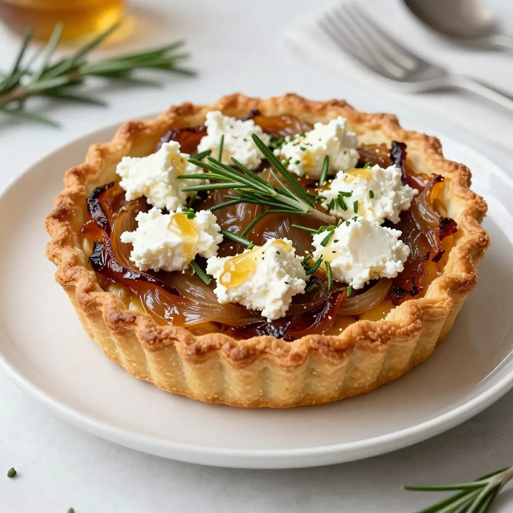 - 1 sheet of puff pastry, thawed - 2 large onions, thinly sliced - 2 tablespoons olive oil - 1 tablespoon balsamic vinegar - 4 ounces goat cheese, crumbled - 1 tablespoon fresh rosemary, finely chopped - 1 tablespoon honey - Salt and freshly ground black pepper, to taste - 1 egg, beaten (for egg wash) - For puff pastry, use phyllo dough or a gluten-free crust. - Swap goat cheese with feta or ricotta for a different flavor. - Use white or yellow onions if you can’t find sweet onions. - Honey can be replaced with maple syrup for a vegan option. Puff Pastry: This pastry is light and flaky. It creates a great base for the tart. It puffs up while baking, giving a nice texture. Onions: Sweet onions work best for caramelization. They become soft and rich in flavor. They add a sweet touch to the tart. Goat Cheese: This cheese is creamy and tangy. It melts well and adds depth to each bite. It pairs nicely with the sweet onions. Balsamic Vinegar: This vinegar adds a hint of acidity. It balances the sweetness of the onions and honey. Cooking is all about balance. These ingredients work together to create a delicious tart. {{ingredient_image_2}} Start by setting your oven to 400°F (200°C). This temperature helps the pastry puff up nicely. A hot oven makes a crispy crust. Preheating is key for a perfect bake. Heat 2 tablespoons of olive oil in a large skillet over medium heat. Add 2 large, thinly sliced onions along with a pinch of salt. Stir the onions every few minutes. Cook for about 15-20 minutes. Look for a rich, golden brown color. If they stick, lower the heat and add a splash of water. This keeps them from burning. Once the onions are caramelized, pour in 1 tablespoon of balsamic vinegar. This adds a deep flavor. Stir well and cook for another 2 minutes. Then, take the skillet off the heat and set aside. On a floured surface, roll out the thawed puff pastry. Aim to smooth out any creases. Next, transfer the pastry to a baking sheet lined with parchment paper. Fold the edges inward to create a border around the tart. Now, spoon the caramelized onions evenly over the pastry. Be careful not to touch the edges. Crumble 4 ounces of goat cheese and sprinkle it over the onions. Add 1 tablespoon of finely chopped fresh rosemary. Season with salt and freshly ground black pepper to taste. Finally, drizzle 1 tablespoon of honey on top for a touch of sweetness. Grab a pastry brush and apply a beaten egg wash to the edges of the puff pastry. This step gives the tart a shiny, golden finish. Place the tart in your preheated oven and bake for 20-25 minutes. Keep an eye on it. The pastry should puff up and turn golden brown. Once done, take it out and let it cool for about 5 minutes. Slice it up and serve warm or at room temperature. You can even add some fresh rosemary on top for a nice touch. To get sweet, rich onions, cook them slowly. Use medium heat and add a pinch of salt. Stir them often for about 15-20 minutes. If they stick, lower the heat. A splash of water helps too. For a deeper flavor, drizzle balsamic vinegar at the end. This adds a nice tang and enhances the sweetness. Start with thawed puff pastry. Roll it out gently on a floured surface. Make sure there are no big creases. Place it on a parchment-lined baking sheet. Fold the edges inward to form a border. This will help hold in the filling. Brush the edges with a beaten egg for a nice shine. This tart pairs well with white wine. A crisp Sauvignon Blanc complements the cheese and onions. For herbs, try thyme or parsley. Both add freshness. Serve with a side salad for crunch and balance. This makes a lovely meal and impresses guests. Pro Tips Use Fresh Ingredients: Fresh goat cheese and high-quality olive oil will elevate the flavors of your tart, making it even more delicious. Control the Caramelization: Patience is key when caramelizing onions. Stir them occasionally and keep the heat on medium to achieve that perfect golden color without burning. Experiment with Herbs: While rosemary pairs beautifully with goat cheese, feel free to experiment with other herbs like thyme or sage for a unique flavor profile. Serving Suggestions: This tart pairs wonderfully with a light salad or a glass of white wine, making it perfect for entertaining guests. {{image_4}} You can make this tart even better by adding vegetables. Spinach brings a nice green color and soft texture. Just sauté it briefly, so it wilts before adding it to the tart. Mushrooms also work well. Use any type you like, such as button or cremini. Sauté them until they are soft and golden. This adds depth and earthy flavor to your dish. While goat cheese shines in this recipe, you can swap it for other cheeses. Feta cheese gives a crumbly texture and tangy taste. If you enjoy bold flavors, try blue cheese. It adds a sharp, creamy richness. You can even mix different cheeses for a unique flavor profile. Just remember to adjust the salt, as some cheeses can be saltier than others. If you need a gluten-free option, don't worry! You can use gluten-free puff pastry. Many brands offer this choice now. You can also try a quinoa crust or a cauliflower crust for a healthy twist. Both alternatives add a new texture and flavor. Just make sure to follow the baking times for each crust type for best results. To store leftover tart, let it cool completely. Wrap it tightly in plastic wrap or foil. You can also use an airtight container. Store it in the fridge. This keeps it fresh for up to three days. Reheating the tart is easy. Preheat your oven to 350°F (175°C). Place the tart on a baking sheet. Heat it for about 10-15 minutes. This will warm it through and keep the crust crispy. You can also microwave it for a quick option. Just heat in short bursts to avoid sogginess. You can freeze the tart for later use. Wrap it well in plastic wrap and then foil. This keeps out air and prevents freezer burn. It can last up to two months in the freezer. To enjoy, let it thaw in the fridge overnight. Then, reheat as described above. Enjoy your delicious tart even after some time! Caramelizing onions takes about 15-20 minutes. Start over medium heat with olive oil and a pinch of salt. Keep stirring until they turn golden brown. If they stick, add a splash of water to help them along. This slow cooking brings out their sweet flavor. Yes, you can make the tart ahead of time. Prepare the caramelized onions and the pastry base. Store them separately in the fridge. When ready to serve, assemble the tart and bake. This way, you can enjoy fresh flavors without stress. You can serve this tart with a simple salad. A fresh green salad with a light vinaigrette works well. You may also pair it with a glass of white wine. This dish goes nicely with a crisp Sauvignon Blanc. The tart's rich flavors balance the meal perfectly. You now have all the tools to make a delicious caramelized onion goat cheese tart. We covered the key ingredients and their substitutes. You learned step-by-step instructions for making the tart, plus tips for great results. You also discovered tasty variations and storage options. Now, you can explore this dish in your kitchen. Have fun experimenting with flavors, and enjoy sharing it with others. Cooking is about joy and creativity, so dive in and savor every bite!