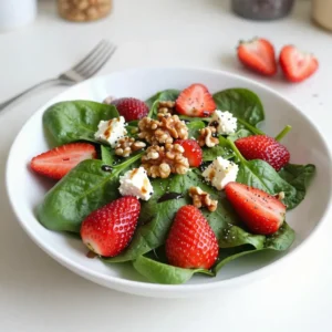 To make a vibrant Strawberry Spinach Poppy Salad, you need these fresh ingredients: - 4 cups fresh spinach, thoroughly washed and roughly chopped - 2 cups ripe strawberries, hulled and sliced into thin rounds - 1/2 cup creamy feta cheese, crumbled - 1/2 cup walnuts, lightly toasted and coarsely chopped - 1/4 cup red onion, thinly sliced into rings - 1/4 cup poppy seeds - 1/3 cup balsamic vinaigrette dressing - Salt and freshly ground black pepper to taste Each ingredient plays a key role in this salad's flavor and texture. Fresh spinach provides a crisp base. Ripe strawberries add sweetness and color. Creamy feta gives a rich, tangy taste. Toasted walnuts add crunch, while red onion offers a mild bite. Poppy seeds give a unique twist, and balsamic vinaigrette ties all the flavors together. Don&rsquo;t forget to season with salt and pepper to enhance everything! {{ingredient_image_2}} - Tossing spinach Start by placing the fresh spinach in a large salad bowl. Use your hands to toss it gently. This helps separate the leaves and makes them ready for the other ingredients. - Adding strawberries Next, add the sliced strawberries to the bowl. Spread them evenly across the spinach. Their bright red color will add a lovely contrast to your salad. - Incorporating feta and walnuts Sprinkle the crumbled feta cheese over the spinach and strawberries. The creamy feta will give a nice touch. Then, add the toasted walnuts for a crunchy bite. - Mixing the vinaigrette In a small bowl, whisk together the balsamic vinaigrette and poppy seeds. Make sure they blend well to create a tasty dressing for your salad. - Drizzling dressing and seasoning Drizzle the poppy seed vinaigrette over the salad mix. Gently toss everything with salad tongs to coat all the ingredients. Finally, season with salt and freshly ground black pepper to taste. Adjust the flavors to suit your liking! - Serving suggestions: Serve your salad in elegant individual plates or bowls. This makes each dish feel special. You can also use a large bowl for family-style serving. - Garnishing ideas: Add a few extra strawberries on top for color. A sprinkle of poppy seeds adds nice texture. For a fresh touch, place a lemon wedge on the side. - Creating individual servings: Use small mason jars for a fun take. Layer the spinach, strawberries, and feta in each jar. This way, you can grab a jar on the go. - Personalizing sweetness and creaminess: If you like it sweeter, add more strawberries. You can also mix in some honey or agave syrup. For creaminess, add more feta or a dollop of yogurt. - Modifying dressings: Try different dressings to change up the flavor. A honey mustard dressing can add a nice twist. You might also make a yogurt-based dressing for a creamier feel. Adjust the amounts to fit your taste buds! Pro Tips Choose Ripe Strawberries: Ensure your strawberries are at peak ripeness for the best flavor. Look for bright red berries with a natural sheen and no soft spots. Toast Your Walnuts: Lightly toasting walnuts enhances their flavor and adds a delightful crunch to your salad. Simply toast them in a dry skillet over medium heat for a few minutes until fragrant. Make It Ahead: You can prepare the salad components in advance and assemble them just before serving. This keeps the spinach fresh and prevents sogginess from the dressing. Experiment with Dressings: Feel free to customize the dressing! A honey mustard vinaigrette or a citrus dressing can offer a unique twist while pairing beautifully with the salad ingredients. {{image_4}} You can easily change the nuts or cheese in this salad. If you prefer a different taste, try using pecans or almonds instead of walnuts. They add a nice crunch too. For cheese, goat cheese can work well in place of feta. Its creamy texture pairs nicely with the spinach and berries. Feel free to swap in seasonal fruits as well. If strawberries are out of season, fresh blueberries or raspberries make great additions. You can even try diced apples or orange segments for a unique twist. All these fruits bring their own flavors while keeping the salad refreshing. If you want to mix up the dressing, consider making your own vinaigrette. A simple mix of olive oil, vinegar, and a bit of honey can add a sweet touch. You can also try a citrus vinaigrette made with lemon or orange juice. This gives a bright kick to your salad. Other store-bought dressings can work too. A honey mustard or poppy seed dressing can enhance the flavors. Just choose a dressing that complements the sweetness of the strawberries and the creaminess of the cheese. To keep your Strawberry Spinach Poppy Salad fresh, place it in an airtight container. Make sure to store the salad in the fridge. It will stay good for about 2 days. After that, the spinach may wilt, and the strawberries can get mushy. If possible, store the dressing separately. This keeps the salad crisp and tasty for longer. You can make this salad ahead of time. To prep, wash and chop the spinach and slice the strawberries. Store these in separate containers in the fridge. You can also crumble the feta cheese and chop the walnuts in advance. On serving day, just combine everything in a bowl. Drizzle with the dressing and toss gently. This method saves time while keeping your salad fresh and vibrant! How long can the salad last in the fridge? You can keep this salad in the fridge for about 1 to 2 days. After that, the spinach may wilt, and the strawberries can get mushy. If you want to save it, store the dressing separately. This helps keep the salad fresh longer. Can I add protein like chicken or tofu? Yes, adding protein is a great idea! Cooked chicken or grilled tofu makes this salad more filling. You can also use chickpeas for a vegetarian option. This way, you turn a light salad into a hearty meal. Is this salad gluten-free? Yes, this salad is naturally gluten-free. All the ingredients are safe for a gluten-free diet. Just make sure your dressing is also gluten-free. Most balsamic vinaigrettes are free from gluten, but always check the label. How do I make the dressing from scratch? Making the dressing is simple. Mix 1/3 cup balsamic vinegar with 1/2 cup olive oil. Add salt and pepper to taste. For a twist, you can whisk in 1 tablespoon of honey or Dijon mustard. This quick dressing brings out all the flavors in your salad! This blog post covered a fresh spinach salad with strawberries and feta. You learned how to mix ingredients, customize flavors, and serve it well. Remember, you can swap in different fruits, nuts, or dressings to suit your taste. The tips for storage and meal prep will help you enjoy this salad even longer. Try making this salad your own. It's easy to whip up and always a crowd-pleaser. Enjoy your fresh, tasty meals with confidence!