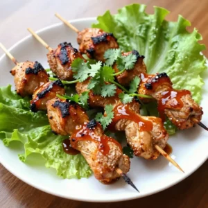 - 1 lb boneless chicken breast, cut into 1-inch cubes - 1/2 cup honey - 1/4 cup Sriracha sauce - 2 tablespoons soy sauce - 2 tablespoons rice vinegar - 2 cloves garlic, minced - 1 teaspoon ginger, grated - 1 tablespoon sesame oil - Salt and pepper to taste - Fresh cilantro, chopped (for garnish) For skewers, you can use either wooden or metal. Wooden skewers are great for grilling, but you must soak them first. Soak the wooden skewers in water for at least 30 minutes. This step helps prevent them from burning on the grill. Metal skewers don't need this. They are reusable and easy to clean. Choose what works best for you! {{ingredient_image_2}} First, gather your ingredients. In a medium bowl, mix the following: - 1/2 cup honey - 1/4 cup Sriracha sauce - 2 tablespoons soy sauce - 2 tablespoons rice vinegar - 2 cloves garlic, minced - 1 teaspoon ginger, grated - 1 tablespoon sesame oil - Salt and pepper to taste Whisk these together until smooth. The mixture should be thick but pourable. If it feels too thick, add a splash of water to achieve the right consistency. Next, take your chicken breast and cut it into 1-inch cubes. Place the chicken in a large resealable bag or a shallow dish. Pour the marinade over the chicken. Seal the bag or cover the dish tightly. For best flavor, refrigerate the chicken for at least 1 hour. If you want a stronger taste, marinate it overnight. This allows the flavors to soak in deeply. Now it&rsquo;s time to grill the skewers. Start by preheating your grill or grill pan to medium-high heat. This step ensures a nice sear on the chicken. Carefully thread the marinated chicken cubes onto the skewers. Make sure to leave small spaces between each piece. This helps the chicken cook evenly. Once the grill is hot, place the skewers on the grill. Cook them for about 4-5 minutes on each side. You want the chicken to be fully cooked and have beautiful grill marks. After grilling, take the skewers off the heat. Let them rest for a few minutes to keep the juices inside. For a flavor boost, drizzle any leftover marinade over the skewers. Finish by sprinkling fresh cilantro on top for a bright touch. To get those perfect grill marks, aim for a medium-high heat. This temperature helps the chicken sear nicely. Preheat your grill for about 10-15 minutes. Once hot, place the skewers down at a 45-degree angle. Grill for 4-5 minutes on each side for the best results. This timing gives you juicy chicken and nice, dark grill marks. For even more flavor, let the chicken marinate longer. I suggest at least 1 hour, but overnight works best. This extra time allows the marinade to soak in deeply. When seasoning, don&rsquo;t hold back! Adjust the salt and pepper to match your taste. You can also add a pinch of cayenne for extra heat. Pair your Honey Sriracha Chicken Skewers with fresh sides. A crisp salad or grilled veggies works great. For garnish, sprinkle fresh cilantro on top. You can also serve lime wedges on the side. A squeeze of lime adds a zesty kick that brightens up the dish. Pro Tips Marinate Longer for Depth: The longer you marinate the chicken, the more flavorful it will become. Aim for at least 1 hour, but overnight is best! Adjust Spice Levels: If you prefer a milder flavor, reduce the amount of Sriracha or add more honey to balance the heat. Check Doneness: Ensure chicken is cooked through by using a meat thermometer; it should register at least 165&deg;F (75&deg;C) at the thickest part. Rest Before Serving: Let the skewers rest for a few minutes after grilling to allow the juices to redistribute, ensuring moist chicken when served. {{image_4}} If you want to switch up the main protein in these skewers, chicken is not your only option. You can use tofu for a plant-based meal. Tofu absorbs flavors well. Use extra-firm tofu and press it to remove excess water. Cut it into cubes and marinate it just like chicken. Shrimp is another great choice. Just be sure to peel and devein the shrimp before marinating. Cook shrimp for about 2-3 minutes on each side until they turn pink. You can easily enhance the flavor of the marinade. Add spices like smoked paprika or cayenne for extra heat. Fresh herbs, like basil or mint, can bring a fresh taste. Consider mixing in some lime juice for a zesty kick. Garlic powder or onion powder can also deepen the flavor. Just remember to balance the sweet and spicy notes. This way, you&rsquo;ll get a richer taste in every bite. You don&rsquo;t have to grill these skewers if you prefer other cooking methods. For baking, preheat your oven to 400&deg;F (200&deg;C). Place the skewers on a baking sheet lined with parchment paper. Bake for about 15-20 minutes, flipping halfway through. This method keeps the chicken juicy. If you own an air fryer, you're in luck! Preheat the air fryer to 380&deg;F (193&deg;C). Arrange the skewers in the basket, leaving space between them. Cook for about 10-12 minutes. Check that the chicken is fully cooked inside. Using an air fryer gives you a nice crispy texture without using much oil. You can store leftover Honey Sriracha Chicken Skewers in the fridge. They last for up to 3 days. Make sure to keep them in an airtight container. This helps keep the flavors fresh. If you want to keep skewers for longer, freezing is a good option. Wrap them tightly in plastic wrap. Then, place the wrapped skewers in a freezer bag. They can last for up to 3 months in the freezer. When ready to eat, thaw them in the fridge overnight. To reheat, you have a few options. The oven works well. Preheat it to 350&deg;F (175&deg;C). Place the skewers on a baking sheet. Heat for about 10-15 minutes. You can also use a microwave. Just place them on a plate and heat in 30-second bursts. Check often to avoid overcooking. Enjoy them warm to get the best taste! You should marinate the chicken for at least one hour. This time helps the chicken soak up all the flavors. For the best taste, marinate overnight. The longer it sits, the more flavorful it becomes. Yes, you can use another hot sauce if you prefer. Try a chili garlic sauce or a spicy barbecue sauce. Just keep in mind that the taste will change. Adjust the amount to match your heat preference. You can serve these skewers with many sides. Some great options are: - Steamed rice - Grilled vegetables - Fresh salad - Noodles - Dipping sauces like ranch or extra Sriracha These sides will balance the sweet and spicy flavors of the skewers. Absolutely! Honey Sriracha Chicken Skewers work well for meal prep. You can grill a batch and store them in the fridge. They last for about three to four days. This makes them great for quick lunches or dinners. Yes, you can prepare the skewers in advance. Marinate the chicken the night before. Then, thread it onto skewers when you are ready to cook. You can even grill them earlier and reheat when needed. In this blog post, we covered how to make delicious Honey Sriracha Chicken Skewers. We explored the key ingredients, like chicken breast and honey, along with flavors from garlic and ginger. You learned about marinating, grilling techniques, and tips for perfect grill marks. Try different proteins or cooking methods to keep things fresh. Whether you grill or bake, these skewers will impress everyone. Enjoy your cooking adventure and savor the taste!