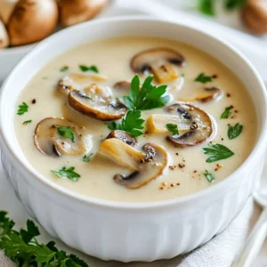 To make a rich cream of mushroom soup, you need these key ingredients: - 500g fresh mushrooms (button and cremini are best), sliced - 1 medium onion, finely chopped - 2 cloves garlic, finely minced - 3 tablespoons unsalted butter - 2 tablespoons all-purpose flour - 4 cups vegetable broth (low-sodium preferred) - 1 cup heavy cream or coconut cream (for dairy-free) - 1 teaspoon dried thyme - Salt and freshly cracked pepper to taste - Fresh parsley, finely chopped (for garnish) These ingredients create a base that is both creamy and full of flavor. The mushrooms give the soup its earthy taste. The butter and cream add richness, while the thyme adds a lovely herbal note. You can adjust this recipe to suit your taste. Here are some optional ingredients: - Add a splash of white wine for depth - Include a pinch of nutmeg for warmth - Toss in some chopped celery or carrots for extra veggies - Use different mushroom types, like shiitake or portobello These options let you play with flavors. Feel free to mix and match to find what you love best. If you have dietary needs, here are some simple swaps: - Use olive oil instead of butter for a vegan option - Swap heavy cream for coconut cream for dairy-free - Use gluten-free flour instead of all-purpose flour These substitutions keep the soup tasty while meeting your dietary needs. Enjoy creating your version! {{ingredient_image_2}} Start by melting 3 tablespoons of unsalted butter in a large pot over medium heat. Once the butter is melted, add 1 medium onion, finely chopped. Saut&eacute; the onion for about 5 minutes. You want it to be soft and translucent. Then, add 2 minced garlic cloves to the pot. Stir for 1 minute until the garlic smells great. Be careful not to let it brown. Now, gently add 500 grams of sliced mushrooms. I like to use a mix of button and cremini mushrooms for flavor. Stir them often as they cook for about 10 minutes. The mushrooms will release their juices and become tender. This step adds a rich taste to the soup. Once the mushrooms are tender, sprinkle 2 tablespoons of all-purpose flour over them. Stir well to combine, cooking for about 2 minutes. This helps remove the raw flour taste. Slowly pour in 4 cups of vegetable broth while stirring. This keeps lumps from forming. Bring the soup to a gentle simmer. Add 1 teaspoon of dried thyme, and season with salt and pepper to taste. Let it simmer for 15 minutes to blend the flavors. After simmering, use an immersion blender to puree the soup until smooth. If you use a standard blender, be careful when transferring it back to the pot. Finally, lower the heat and stir in 1 cup of heavy cream or coconut cream. Adjust seasoning as needed. Serve warm and enjoy! To make your soup truly creamy, use heavy cream or coconut cream. When you add it, keep the heat low. This prevents the cream from curdling. Blend the soup until it is smooth. This step helps mix in the cream well. You can adjust the thickness by adding more or less broth. Herbs and spices are key to boosting flavor. Dried thyme adds a lovely earthiness. You can also try fresh thyme for a brighter taste. A pinch of nutmeg can add warmth and depth. Don&rsquo;t forget salt and pepper; they enhance all the flavors. Taste as you go to find the right balance. One common mistake is overcooking the garlic. It can turn bitter if browned. Also, don&rsquo;t skip saut&eacute;ing the onions; they build a solid base. Avoid adding the cream too soon; always add it after blending. Lastly, make sure to blend until smooth. This gives your soup a rich texture. Pro Tips Use a Variety of Mushrooms: Combining different types of mushrooms, such as button and cremini, adds depth and complexity to the flavor of your soup. Don't Rush the Saut&eacute;: Allow the onions and garlic to fully soften and become fragrant before adding mushrooms. This builds a stronger flavor base. Adjust the Creaminess: For a lighter soup, use less cream or substitute with coconut cream. For extra creaminess, consider adding a bit more cream at the end. Garnish with Fresh Herbs: Fresh parsley not only adds color but also brightens the flavors. Experiment with other herbs like thyme or chives for variation. {{image_4}} To make this soup vegan, swap heavy cream for coconut cream. This change keeps the rich taste and texture. Use vegetable broth to ensure a plant-based option. Always check for low-sodium broth to control salt levels. This way, you can enjoy a creamy soup without dairy. You can boost the protein in your soup by adding beans or lentils. Cook them in with the mushrooms to blend flavors. Tofu also works well; add it when you blend the soup. For a heartier meal, shredded chicken or turkey makes a good choice. Just add it at the end to warm through. Feel free to add other veggies to your soup. Carrots or celery bring sweetness and crunch. Spinach or kale adds color and nutrients. Just chop them small and add them with the mushrooms. This way, you can customize your soup based on what you have on hand. To keep your cream of mushroom soup fresh, store it in a sealed container. Make sure it cools down to room temperature before sealing. Place it in the fridge for up to 4 days. If you have leftovers, avoid adding garnishes until you serve it. This helps keep the soup fresh and tasty. You can freeze this soup if you want to save it for later. To freeze, let the soup cool completely. Pour it into freezer-safe bags or containers. Leave some space at the top for expansion. It can last for about 3 months in the freezer. When you need it, just pull it out and thaw it in the fridge overnight. When you&rsquo;re ready to enjoy your soup again, reheat it gently. Pour it into a pot over low heat. Stir it often to avoid sticking. If it seems too thick, add a splash of broth or water. You can also reheat it in the microwave, but stir halfway through for even warmth. Enjoy it hot with a sprinkle of fresh parsley on top! Cream of mushroom soup can last about 3 to 4 days in the fridge. Store it in an airtight container to keep it fresh. Always check for any signs of spoilage before eating. Yes, you can make cream of mushroom soup in advance. It tastes even better the next day as the flavors blend. Just cool it down before putting it in the fridge. Reheat it gently on the stove or in the microwave. Yes, you can use dried mushrooms if fresh ones are not available. Just soak them in warm water for about 20 to 30 minutes before using. This will help them soften and add great flavor to your soup. In this article, we explored how to make a tasty cream of mushroom soup. We discussed key ingredients and how to customize your soup. You learned simple steps for cooking and thickening it. I shared tips for perfect creaminess and flavor. We also looked at variations for different diets and storage methods. Remember, this soup is flexible. You can make it your own. Enjoy creating, tasting, and sharing your delicious results!
