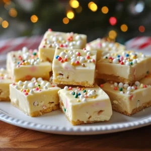 - 1 cup unsalted butter, softened to room temperature - 2 cups granulated sugar - 1 cup packed brown sugar - 1 tablespoon pure vanilla extract - 1/2 teaspoon almond extract - 2 cups all-purpose flour, sifted - 1/2 teaspoon baking soda - 1/4 teaspoon fine sea salt - 1 cup sweetened condensed milk - 1 cup white chocolate chips - 1/2 cup colorful festive sprinkles When you start, use unsalted butter. It gives you control over salt. If you need to swap, use margarine, but it may change taste. For sugar, feel free to mix white and brown sugar. This mix gives a nice taste. You can also use a sugar substitute for fewer calories. Use high-quality vanilla extract. Pure vanilla makes a big difference in flavor. For the best taste, choose creamy sweetened condensed milk. Look for brands that use real milk. For the sprinkles, choose vibrant colors. They make your fudge look fun and festive. {{ingredient_image_2}} Start by taking a large mixing bowl. Add 1 cup of softened unsalted butter. Then, combine 2 cups of granulated sugar and 1 cup of packed brown sugar. Use an electric mixer at medium speed. Cream these together for about 2-3 minutes. You want it light and fluffy. Next, add 1 tablespoon of pure vanilla extract and 1/2 teaspoon of almond extract. Mix until it is smooth and fully combined. In a separate bowl, whisk together 2 cups of sifted all-purpose flour, 1/2 teaspoon of baking soda, and 1/4 teaspoon of fine sea salt. Gradually add this dry mixture to the creamed mixture. Use low speed on your mixer. Mix until just combined. Be careful not to overmix. This helps keep the fudge&rsquo;s nice texture. Now, slowly pour in 1 cup of sweetened condensed milk. Keep mixing on low speed until the dough looks smooth and uniform. Next, gently fold in 1 cup of white chocolate chips. Also, add half of the colorful festive sprinkles. Make sure everything is evenly mixed into the dough. Line an 8x8-inch baking dish with parchment paper. Leave some overhang for easy removal later. Pour the fudge mixture into the dish. Spread it out evenly with a spatula. Sprinkle the rest of the festive sprinkles on top. This adds a fun, colorful touch. Place the baking dish in the refrigerator. Chill for at least 3 hours, until it feels firm. Once set, use the parchment paper to lift out the fudge. Carefully cut into squares or rectangles before serving. When making sugar cookie fudge, avoid overmixing the dough. This can make the fudge tough. Also, ensure your butter is softened, not melted. Melted butter will change the fudge's texture. Lastly, remember to chill the fudge long enough. If it's too soft, it won't hold its shape. To get a creamy and smooth fudge, mix the butter and sugars well. Cream until the mixture is light and fluffy. This adds air and helps the fudge set well. When adding dry ingredients, mix only until combined. This keeps the fudge from becoming dense. Chilling it for at least three hours helps create that perfect, firm texture. For a fun and bright display, use colorful plates or trays. Cut the fudge into neat squares for a more polished look. Placing each piece in cupcake liners adds charm. You can also sprinkle extra festive sprinkles on top right before serving. This makes each piece pop with color and joy! Pro Tips Storage: Keep your fudge in an airtight container in the refrigerator to maintain freshness for up to two weeks. Flavor Variations: Experiment with different extracts like peppermint or coconut to give your fudge a unique twist. Cutting Tips: For cleaner cuts, use a warm knife to slice through the fudge, which helps prevent it from sticking. Festive Touch: Consider adding themed sprinkles or edible glitter based on the season or occasion to enhance presentation. {{image_4}} You can change the flavor of your sugar cookie fudge easily. Try adding chocolate chips for a rich taste. You could also mix in peanut butter for a nutty twist. If you enjoy cookies and cream, crush some Oreo cookies and fold them into the fudge. Experimenting with flavors adds fun to your treats! If you need a gluten-free option, swap all-purpose flour for a gluten-free blend. Make sure the chocolate chips you choose are also gluten-free. This way, everyone can enjoy this sweet treat without worry. Always check labels for any hidden gluten. You can make this fudge fun for any holiday! Use red and green sprinkles for Christmas cheer. For Halloween, try orange and black sprinkles. Around Easter, pastel sprinkles add a festive touch. Changing the sprinkles can make this treat special for any occasion. To keep your sugar cookie fudge fresh, store it in an airtight container. This helps prevent it from absorbing moisture and odors from other foods. I recommend placing parchment paper between layers of fudge if you stack them. This keeps the pieces from sticking together. Store your fudge at room temperature for short-term use, about one week. If you want it to last longer, refrigerate it. Make sure to wrap it tightly in plastic wrap before placing it in the fridge. This keeps it safe from drying out and keeps its lovely flavor intact. You can freeze sugar cookie fudge for up to three months. First, cut the fudge into squares. Wrap each piece in plastic wrap, then place them in a freezer-safe bag. When you want to enjoy it, take out the fudge and let it thaw at room temperature. It will taste just as good! Sugar cookie fudge can last up to two weeks when stored properly. Keep it in an airtight container at room temperature. If you want it to last longer, place it in the fridge. Just remember to let it sit out for a bit before enjoying it! Yes, you can use different types of chocolate. Dark chocolate or milk chocolate can work well. Each type will give the fudge a unique flavor. If you love chocolate, mix in some chocolate chips or chunks for extra richness. If your fudge is too soft, you can try chilling it longer. Place it in the fridge for a few more hours until it firms up. If that doesn&rsquo;t work, you can reheat it gently and add more flour. This will help thicken the fudge. You can make sugar cookie fudge without sweetened condensed milk. Instead, use a mixture of butter and cream. Start with 1/4 cup of butter and 1/2 cup of heavy cream. This will help keep the fudge creamy while giving it texture. In this post, we covered the key ingredients for making delicious sugar cookie fudge. We explored measurements, substitutions, and quality tips to give your fudge the best taste. Next, we walked through the step-by-step instructions, ensuring you mix and chill perfectly. I shared helpful tips to avoid common mistakes and ideas for presenting your fudge. We also looked at tasty variations, storage tips, and answered common questions. Now you&rsquo;re ready to make your own fudge. Enjoy the sweet process!