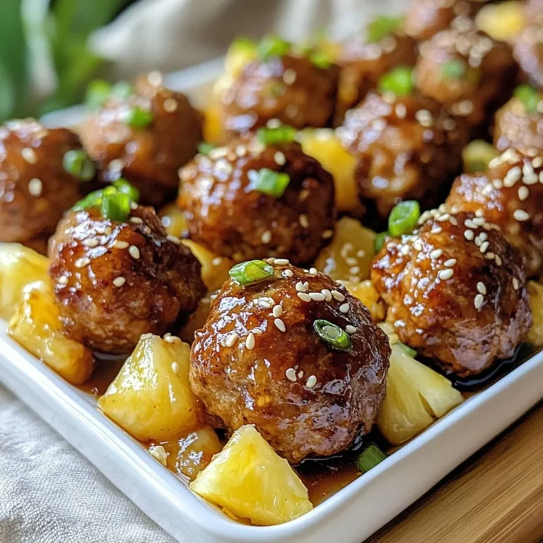 - 1 pound ground chicken or turkey - 1/2 cup breadcrumbs (preferably panko) - 1/4 cup chopped green onions - 1 teaspoon garlic powder - 1 teaspoon ground ginger - 1/2 cup teriyaki sauce - 1 cup pineapple chunks - 1 tablespoon sesame oil - Garnish: sesame seeds When you make teriyaki pineapple meatballs, you want to start with fresh, quality ingredients. Ground chicken or turkey works well for this dish. I prefer ground chicken for its juicy texture. Next, I always choose panko breadcrumbs. They add a wonderful crunch that enhances the meatballs. Chopped green onions add a burst of flavor. The green parts are best for this recipe. Now, let's talk about the seasonings. Garlic powder gives depth to the meatballs. Ground ginger adds a nice warmth. Teriyaki sauce ties everything together with its sweet and savory notes. Don’t forget the pineapple! Pineapple chunks bring sweetness and acidity, balancing the dish. Sautéing them in sesame oil enriches their flavor and adds a lovely golden color. Finally, sprinkle sesame seeds as a garnish. This small touch adds texture and makes the dish look inviting. Each ingredient plays a role, creating a delightful balance of flavors in your teriyaki pineapple meatballs. {{ingredient_image_2}} In a large bowl, combine the ground chicken, breadcrumbs, chopped green onions, and diced bell pepper. Then, add the egg, garlic powder, ground ginger, and a pinch of salt and pepper. I like to mix with my hands. This way, all the ingredients blend well. Aim for a smooth and cohesive mixture. Next, preheat your oven to 400°F (200°C). With wet hands, shape the mixture into small meatballs, about 1 inch wide. Place them on a lined baking sheet. This helps with cleanup later. Bake the meatballs for about 20 minutes. They should turn golden brown and reach 165°F inside. While the meatballs bake, heat sesame oil in a large skillet over medium heat. Add the pineapple chunks and sauté them for 3-4 minutes. You want them to caramelize a bit, which boosts their flavor. Once the meatballs are done, gently add them to the skillet with the pineapple. Pour teriyaki sauce over everything and stir to coat. Cook for another 2-3 minutes until the sauce thickens. This creates a delicious glaze for your dish. To make great meatballs, use cold hands. This helps you shape them easily. Warm hands can make the mixture stick. Also, avoid overmixing. Mix just enough to combine all items. This keeps the meatballs tender. Want more flavor? Try adding spices like chili flakes. They bring a nice kick. You can also marinate the meatball mixture for a few hours. This step helps the flavors blend well. Just keep it simple; let the ingredients shine. For a complete meal, pair your meatballs with rice, noodles, or a fresh salad. Each option complements the teriyaki sauce. When serving, think about garnishes. Toasted sesame seeds and chopped green onions add color and taste. They make your dish pop! Pro Tips Use Fresh Pineapple: Opt for fresh pineapple for the best flavor and sweetness. Canned pineapple, while convenient, can lack the vibrant taste that fresh provides. Adjust Spice Levels: Feel free to add some red pepper flakes or a dash of hot sauce to the meatball mixture for an extra kick. Experiment with Sauces: While teriyaki sauce is traditional, try using hoisin or a sweet chili sauce for a different flavor profile. Make Ahead: Prepare the meatballs in advance and freeze them. When ready to serve, simply bake from frozen and add to the sautéed pineapple and sauce. {{image_4}} You can easily swap ground chicken for turkey, beef, or even plant-based meat. Each choice brings its own flavor and texture. Ground turkey offers a lighter taste, while beef gives a rich, hearty bite. If you want a plant-based option, try using lentils or chickpeas. Mixing different meats can also create unique flavors. For example, blending chicken and beef can make your meatballs extra juicy. Making a homemade teriyaki sauce can elevate your dish. Use soy sauce, honey, and sesame oil as a base. Add fresh ginger or pineapple juice for a burst of flavor. If you want a spicier kick, try adding crushed red pepper. You can also mix in a splash of rice vinegar for tang. This way, you can create a teriyaki sauce that perfectly suits your taste. Adding vegetables to your meatball mixture is a smart way to boost nutrition. Grated carrots or zucchini not only add health benefits but also keep the meatballs moist. You can also play with bell pepper colors for a fun twist. Red, yellow, and green peppers each bring their own sweetness. This makes your teriyaki pineapple meatballs not just tasty, but colorful and appealing too. Store leftover teriyaki pineapple meatballs in an airtight container. They will stay fresh for about 3 to 4 days in the fridge. Make sure to let them cool down before sealing to prevent extra moisture. To freeze meatballs, place them in a single layer on a baking sheet. Freeze until solid, then transfer them to a freezer-safe bag. They can last up to 3 months in the freezer. When ready to use, defrost overnight in the fridge for best results. This helps keep the flavor and texture intact. You can reheat meatballs in different ways. For the oven, preheat to 350°F (175°C) and warm for 10 to 15 minutes. In the microwave, heat in 30-second intervals until warm. On the stovetop, heat in a skillet on medium heat for a few minutes. To keep them saucy, add a splash of water if needed. Avoid drying them out for the best taste. Yes, ground turkey, pork, or beef can be used as alternatives. Each option brings its unique taste. If you use turkey, it stays moist and light. Pork adds a rich flavor, while beef offers a hearty bite. Feel free to mix and match based on your taste! To make this dish gluten-free, use gluten-free breadcrumbs. Many brands offer great options that still provide crunch. Also, check the teriyaki sauce label. Some sauces contain gluten. Look for ones marked gluten-free to keep your dish safe and tasty. The meatballs take about 20 minutes to cook at 400°F (200°C). You want them to reach an internal temperature of 165°F. This ensures they are fully cooked and safe to eat. They should be golden brown and firm to the touch. If you have a meat thermometer, that’s the best way to check! In this post, we explored a tasty recipe for teriyaki pineapple meatballs. We covered ingredients, cooking steps, tips for the best texture, and variations. You can swap proteins or try different sauces for unique flavors. Remember to store leftovers properly and feel free to get creative with your meals. These meatballs are easy to make and perfect for any occasion. Enjoy cooking and sharing them with others!