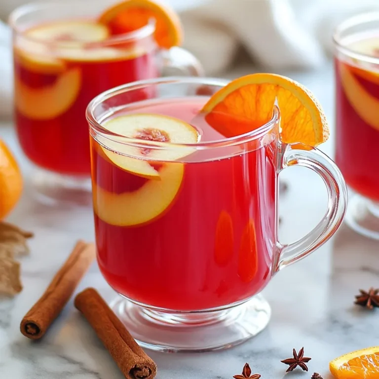 - 4 cups apple cider - 1 cup dried hibiscus flowers - 1 medium orange, thinly sliced - 1 medium apple, thinly sliced - 2 cinnamon sticks - 4 whole cloves - 1 tablespoon honey (or more, to taste) - 2 cups water Hibiscus is a flower that packs a punch of flavor. It has a tart taste, similar to cranberries. This flower is not just tasty; it also has many health benefits. Hibiscus tea can help lower blood pressure and improve heart health. It is rich in antioxidants, which fight free radicals in the body. These antioxidants can help keep your skin healthy and glowing. Plus, hibiscus can boost your immune system. This makes it a great addition to your autumn cider. You can change some ingredients to match the season. For a cozy winter drink, add fresh ginger for warmth. In spring, try fresh berries to give it a fruity twist. Summer could call for fresh mint leaves, which add a refreshing taste. Each season offers a chance to switch things up and enjoy new flavors. Choose fruits and spices that reflect what’s fresh and in season. This will make your Autumn Hibiscus Cider unique every time you make it! {{ingredient_image_2}} 1. Place the dried hibiscus flowers and water in a large pot. Bring to a boil over medium-high heat. 2. Reduce heat to low and let it simmer for 10 minutes. This helps extract deep hibiscus flavors. 3. Use a fine mesh strainer to strain the tea into a pitcher. Discard the solids. 4. Return the pot to the stove. Pour in the hibiscus tea and apple cider. 5. Add the sliced orange and apple, cinnamon sticks, and whole cloves. Mix well. 6. Bring the mixture to a gentle simmer over low heat for 20 minutes. This allows the flavors to blend. 7. Taste the cider and stir in honey. Adjust sweetness as needed. 8. Remove from heat and let it cool for a few minutes. This enhances flavor. 9. For a smoother texture, strain the cider again before serving. Pour into mugs or heatproof glasses. - Simmering is key. It helps the flavors develop fully. - Straining ensures a smooth drink free of solids. - Adjusting sweetness at the end keeps the flavors balanced. - A large pot for boiling and simmering. - A fine mesh strainer for easy straining. - A pitcher to hold the finished cider. - Heatproof mugs or glasses for serving. To make your Autumn Hibiscus Cider even better, layer flavors. Add a pinch of nutmeg for warmth. You can also use fresh ginger slices for a spicy kick. Try adding a splash of vanilla extract. This adds depth to the cider. One mistake is boiling the hibiscus too long. This can make your cider bitter. Another error is not tasting as you go. Adjust the sweetness with honey, but add it slowly. Lastly, don’t skip the cooling step. This helps the flavors blend beautifully. Serve your cider hot in clear mugs. This way, everyone can see the bright colors. Garnish with a slice of orange or apple. A cinnamon stick makes a lovely stirrer. You can also create a cozy vibe with soft blankets and warm lighting. Enjoy your drink with friends or family around a fire. Pro Tips Fresh Ingredients: Always use fresh, high-quality apple cider for the best flavor. Avoid overly processed options that may contain preservatives. Adjusting Sweetness: Start with 1 tablespoon of honey, then taste the cider. You can always add more honey, but it's hard to fix a cider that's too sweet. Hibiscus Variations: Experiment with different dried flowers, such as chamomile or rose hips, for unique flavor profiles in your cider. Serving Suggestions: For an extra festive touch, serve the cider with a splash of rum or bourbon for a delightful adult version. {{image_4}} You can easily turn Autumn Hibiscus Cider into a fun adult drink. Add a splash of rum or vodka for a kick. Alternatively, mix in some sparkling wine for a bubbly treat. Each option enhances the flavors and adds a festive twist. Remember to adjust your honey based on the added sweetness of the alcohol. Enjoy responsibly! Feel free to play with different fruits in your cider. Pears or pomegranates pair nicely with hibiscus. You can also add cranberries for a tart flavor. Each fruit brings its own taste and color. Try mixing and matching to find your favorite blend. The goal is to create a cider that excites your taste buds. Autumn Hibiscus Cider is great hot or cold. Serve it warm for chilly nights; it warms you up from the inside. Just simmer until heated through before pouring. For a cool treat, chill the cider in the fridge. Serve it over ice with a garnish of fresh fruit. Both ways are refreshing, so enjoy as you like! To store leftover cider, let it cool to room temperature. Pour the cider into an airtight container. This helps keep the flavors fresh. You can use glass jars or plastic bottles. Seal the container tightly and place it in the fridge. It will stay fresh for up to five days. Each ingredient has a different shelf life. Dried hibiscus flowers can last 1-2 years when stored in a cool, dark place. Apple cider usually stays good for about a week after opening. Fresh fruits like oranges and apples last about a week in the fridge. Honey can last indefinitely if kept sealed. To reheat the cider, pour it into a pot over low heat. Stir gently as it warms. Avoid boiling to keep flavors intact. You can also microwave the cider in a heatproof mug for about 1-2 minutes. Just make sure to check the temperature before sipping. Enjoy it warm for the best fall experience! Hibiscus is packed with good stuff for your body. It can help lower blood pressure. This flower also has antioxidants that fight free radicals. These antioxidants can help keep your skin healthy and glowing. Hibiscus tea may support heart health as well. Some studies even show it can help with weight loss. It is a great way to enjoy a tasty drink while boosting your health. Yes, you can use fresh hibiscus flowers! However, you need more fresh flowers than dried ones. Fresh hibiscus has a lighter flavor. You may need to adjust your honey or spices to get the taste just right. It's best to taste as you go. This way, you can find the perfect balance for your drink. You can buy Autumn Hibiscus Cider at many stores. Check local grocery stores, especially in the fall. Some places sell it at farmer's markets too. If you want a quick option, look online. There are many websites that offer ready-made hibiscus cider. You can also find the ingredients to make it yourself! This article covered the main points of making Autumn Hibiscus Cider. We explored the ingredients, their benefits, and how to prepare them. You learned important cooking tips and tricks for great flavor. Plus, we shared fun variations for your cider and how to store it properly. Don't forget to try different fruit combos and serving methods. Enjoy this drink warm or cold, and savor its health perks. With all these insights, you can create a delicious cider for any season. Now, go ahead and impress your friends with your new skills!