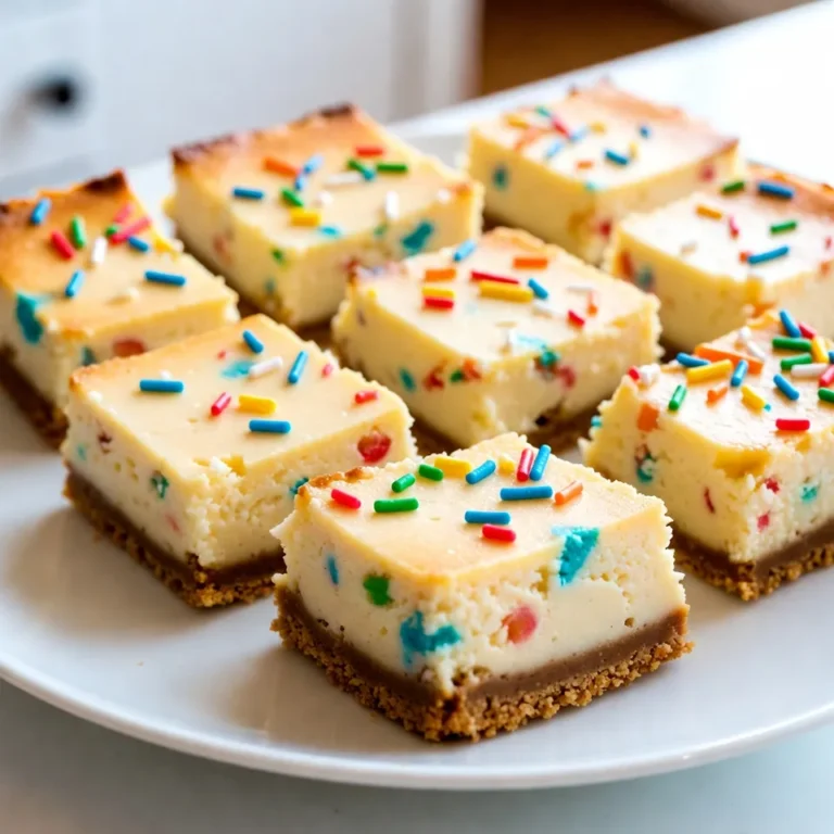 To create these fun and tasty Funfetti Cheesecake Bars, you will need: - 1 ½ cups graham cracker crumbs - ½ cup unsalted butter, melted - 1 cup granulated sugar - 16 oz cream cheese, softened - 2 large eggs - 1 teaspoon pure vanilla extract - ½ cup sour cream - ½ cup rainbow sprinkles (plus extra for garnish) - Pinch of salt You can swap some ingredients for a twist: - Use chocolate graham crackers for a chocolatey crust. - Replace sour cream with plain Greek yogurt for a tangy taste. - Use flavored cream cheese for added zest, like strawberry or vanilla. - Try coconut flakes instead of sprinkles for a tropical vibe. Here are some key tips for the best results: - Always use softened cream cheese; it blends easier. - Make sure your eggs are at room temperature for a smooth filling. - Choose high-quality vanilla extract for richer flavor. - Use fresh rainbow sprinkles that won’t bleed colors when mixed in. - Keep the crust firm by pressing it down well before baking. These tips ensure your Funfetti Cheesecake Bars are a hit at any party! {{ingredient_image_2}} First, preheat your oven to 325°F (163°C). This step is key for even baking. Next, grab an 8x8-inch baking pan. Line it with parchment paper, letting the edges hang over the sides. This will help you lift the bars out easily later. In a medium bowl, combine 1 ½ cups of graham cracker crumbs and ½ cup of melted butter. Add ¼ cup of granulated sugar to this mix. Stir it until you see a crumbly texture. Press this mixture firmly into the bottom of your lined baking pan. This forms a solid crust for your cheesecake bars. In a large bowl, beat 16 oz of softened cream cheese with an electric mixer. Mix until it is smooth. Gradually add ¾ cup of granulated sugar. Keep mixing until all lumps are gone. Now, add 2 large eggs one at a time. Mix well after each egg. Then, pour in 1 teaspoon of pure vanilla extract and ½ cup of sour cream. Mix until everything is smooth and blended. Now it's time to add the fun! Gently fold in ½ cup of rainbow sprinkles with a spatula. Be careful not to over-mix. Pour the cheesecake batter over the crust, smoothing it out with a spatula. Bake the bars for 30-35 minutes. The center should be set but still jiggle a bit. After baking, turn off the oven but leave the bars inside for 1 hour to cool slowly. Once they cool, let them reach room temperature. Then, chill the bars in the fridge for at least 4 hours or overnight for the best taste. To make your cheesecake smooth, start with room temperature cream cheese. Cold cream cheese clumps up and makes mixing hard. Use a hand mixer to beat the cream cheese until it's creamy. Gradually add sugar while mixing. This way, the sugar blends well and helps keep the texture smooth. Mix in eggs one at a time. This helps keep air bubbles out, ensuring a creamy filling. Finally, fold in your sprinkles gently. Over-mixing can break the sprinkles and turn the batter a dull color. When adding sprinkles, choose high-quality rainbow sprinkles. They hold their color better when baked. Add them to the batter after mixing in the eggs and flavors. Use a spatula to fold them in gently. This keeps the colors bright and the sprinkles intact. If you want a festive look, add a few more sprinkles on top before serving. This makes your funfetti cheesecake bars even more appealing. One common mistake is over-mixing the batter. Over-mixing can cause air bubbles, leading to cracks when baking. Another mistake is not letting the cheesecake cool slowly. If you take it out of the oven too soon, it may sink in the middle. Also, avoid skipping the chilling step. Chilling helps the bars set properly, making them easier to cut. Lastly, make sure to use enough parchment paper. This helps you lift the bars out easily for cutting and serving. Pro Tips Use Room Temperature Ingredients: Ensure your cream cheese and eggs are at room temperature for a smoother batter, which helps prevent lumps in your cheesecake filling. Don’t Overmix: When folding in the sprinkles, mix gently to avoid breaking them and losing their vibrant colors. This will keep your cheesecake looking festive. Chill Overnight: For the best texture and flavor, refrigerate the cheesecake bars overnight. This allows the flavors to meld and the texture to set perfectly. Garnish Freely: Don’t hold back on the sprinkles when garnishing! A generous sprinkle of rainbow sprinkles on top before serving enhances the festive appearance of your bars. {{image_4}} Add chocolate to your Funfetti cheesecake bars for a tasty twist. Start by folding in ½ cup of mini chocolate chips into the cheesecake batter. This step gives each bite a creamy, rich flavor. You can also drizzle melted chocolate on top for extra flair. The mix of chocolate with sprinkles creates a fun look. To make gluten-free Funfetti cheesecake bars, swap the graham cracker crumbs for gluten-free ones. You can find these at most stores. Ensure your sprinkles are also gluten-free. This way, everyone can enjoy these sweet treats! The flavor stays just as good, and no one will miss the gluten. You can easily change your Funfetti cheesecake bars for any holiday. For Halloween, use orange and black sprinkles. For Christmas, use red and green sprinkles. In spring, try pastel colors. You can even add flavors like peppermint or pumpkin spice during the fall. Each season, you can create a fresh look and feel. This keeps your dessert fun and festive for all occasions! Store leftover Funfetti cheesecake bars in an airtight container. Make sure the bars are cool before you cover them. Place a piece of parchment paper between layers to avoid sticking. This keeps them fresh and tasty. You can freeze these bars for later enjoyment. First, let them cool completely. Then, cut them into squares. Wrap each square in plastic wrap. Place the wrapped bars in a freezer-safe bag or container. They will stay good for up to three months in the freezer. Funfetti cheesecake bars last about five days in the fridge. Keep them stored well to stay fresh. If you notice any change in smell or texture, it’s best to toss them. Enjoy your bars within the first few days for the best taste and texture. Yes, you can use low-fat cream cheese. It will still give a nice taste. The texture may be a bit different. You might find the bars slightly less creamy. If you want a lighter option, this is a good choice. You can use crushed cookies like Oreos or vanilla wafers. These can add a fun twist. If you want a gluten-free option, try ground almonds or gluten-free cookies. Each choice will change the flavor a bit, so pick what you like best. The bars are done when the edges look set. You should see a slight jiggle in the middle. They will firm up as they cool. If they look too wobbly, give them a few more minutes. Always let them cool before cutting into squares for best results. This blog post covered all you need to make funfetti cheesecake bars. We looked at the ingredient list and swaps for your needs. Step-by-step instructions walked you through prepping, baking, and cooling. Tips helped you avoid common mistakes and achieve that smooth texture. We also explored fun variations and how to store leftovers properly. Enjoy making these tasty treats, and feel free to get creative with your flavors!