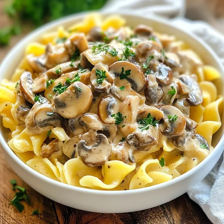 To make creamy mushroom stroganoff, you need these key ingredients: - 12 oz mushrooms (cremini or button), sliced - 1 cup sour cream - 1 medium onion, finely chopped - 2 cloves garlic, minced - 1 cup vegetable broth - 2 tablespoons soy sauce - 1 tablespoon Dijon mustard - 1 teaspoon paprika - 1 teaspoon dried thyme - Salt and pepper to taste - 2 tablespoons olive oil - 8 oz egg noodles (or any pasta of your choice) - Fresh parsley, finely chopped, for garnish These ingredients come together to create a rich and creamy dish that warms the heart. You can add a few optional ingredients to boost flavor: - 1 tablespoon Worcestershire sauce - 1 teaspoon lemon juice - 1/4 cup white wine - Fresh herbs like basil or dill These options can give your stroganoff an extra layer of taste. Feel free to mix and match based on what you have! While cremini and button mushrooms work great, you can try other types: - Shiitake mushrooms add a deep, earthy flavor. - Portobello mushrooms bring a meaty texture. - Oyster mushrooms offer a delicate taste and unique look. Experimenting with different mushrooms can change the whole vibe of your dish! {{ingredient_image_2}} Fill a large pot with water and add a good amount of salt. Bring the water to a boil. Once boiling, add 8 oz of egg noodles. Cook them according to the package instructions. You want them to be al dente. After cooking, drain the noodles in a colander. Set them aside for later. In a large skillet, pour in 2 tablespoons of olive oil. Heat the oil over medium heat. Add 1 medium onion, finely chopped. Sauté the onion for 3-4 minutes. You want it to become translucent and fragrant. Next, add 2 cloves of minced garlic. Cook for another minute to let the garlic flavor come out. Now it’s time to add the mushrooms. Use 12 oz of sliced mushrooms, either cremini or button. Stir them into the skillet with the onions and garlic. Cook for 5-7 minutes. Stir occasionally until the mushrooms are golden brown. Then, pour in 1 cup of vegetable broth. Add 2 tablespoons of soy sauce, 1 tablespoon of Dijon mustard, 1 teaspoon of paprika, and 1 teaspoon of dried thyme. Let this mixture simmer for 5 minutes. This helps the flavors blend well. Reduce the heat to low. Slowly stir in 1 cup of sour cream. Mix until the sauce is creamy and smooth. Taste it, and add salt and pepper to your liking. Now, gently fold in the cooked egg noodles. Make sure each noodle gets coated in that luscious sauce. Remove the skillet from the heat. Let the dish sit for a couple of minutes. This helps the sauce thicken slightly. For serving, use shallow bowls. Garnish with finely chopped fresh parsley. You can also add a few slices of sautéed mushrooms on top for a fancy touch. This will make your dish look and taste amazing! To get the best texture, start by cooking the noodles al dente. This means they should be slightly firm when you bite into them. Follow the package instructions carefully for timing. When you sauté the onions, cook them until they are soft but not brown. This adds sweetness. For the mushrooms, cook them until they are golden brown. This step helps to deepen the flavor of the dish. The creamy sauce should be stirred in slowly, so it blends well without clumping. If you want a dairy-free option, swap sour cream for coconut cream or cashew cream. For a gluten-free version, use gluten-free pasta or zucchini noodles. You can replace soy sauce with tamari for a gluten-free choice. If you avoid mushrooms, try sautéed zucchini or eggplant. These choices still keep the dish flavorful and enjoyable. For an even creamier sauce, add a splash of heavy cream or cream cheese. Mixing in a bit of grated Parmesan cheese can also boost the richness. If you love garlic, consider adding roasted garlic for a deeper flavor. You can also sprinkle some nutritional yeast for a cheesy taste without the dairy. Each of these additions makes the dish more luxurious and comforting. Pro Tips Choose the Right Mushrooms: Cremini mushrooms add a deeper flavor compared to button mushrooms. Experiment with a mix for a more complex taste. Don’t Rush the Sauté: Allow the mushrooms to brown properly; this enhances their flavor and gives the dish a rich, savory base. Adjust Creaminess: For a lighter version, substitute sour cream with Greek yogurt, or use a dairy-free alternative for a vegan option. Garnish Wisely: A sprinkle of fresh herbs like chives or thyme alongside parsley can elevate the dish's aroma and visual appeal. {{image_4}} You can make a tasty vegetarian version of creamy mushroom stroganoff. Use vegetable broth and sour cream made from plants. Look for brands that use cashews or coconut for a creamy texture. This keeps all the rich flavors while keeping it meat-free. For those who avoid gluten, swap egg noodles for gluten-free pasta. Many brands make great options from rice or corn. Be sure to check the labels to avoid any hidden gluten. This way, you can enjoy the dish without worry. If you want more protein, consider adding chicken or tofu. For chicken, sauté bite-sized pieces until golden. If using tofu, press it first to remove excess water. Then, cube and fry until crispy. Both options add heartiness and make the dish more filling. To keep your creamy mushroom stroganoff fresh, store leftovers in an airtight container. Let the dish cool to room temperature before sealing. It will stay good in the fridge for about three days. Label the container with the date, so you know when to enjoy it. When you are ready to eat your leftovers, reheat them on the stove. Place the stroganoff in a skillet over low heat. Stir it gently as it warms. You may need to add a splash of vegetable broth or water to loosen the sauce. Heat until it's warm throughout, about 5-10 minutes. If you want to save some for later, freezing is a great option. Use a freezer-safe container and pour the stroganoff in. Leave some space at the top for expansion. Seal it tightly and label it with the date. You can freeze it for up to two months. To thaw, place it in the fridge overnight before reheating. The best mushrooms for stroganoff are cremini or button mushrooms. They have great flavor and texture. You can also use portobello mushrooms for a richer taste. Mixing different mushrooms adds depth to the dish. Yes, you can make this recipe ahead of time. Cook the noodles and sauce separately. Store them in the fridge for up to two days. When ready to serve, reheat them together in a skillet. This saves time and enhances the flavors. To thicken your stroganoff, let it simmer longer. This evaporates some liquid, making it thicker. You can also add a cornstarch slurry. Mix one tablespoon of cornstarch with two tablespoons of water. Stir it into the sauce and heat until thickened. Stroganoff sauce is not the same as gravy. Gravy is usually made from meat drippings. Stroganoff sauce is creamy, made with sour cream and broth. It has a rich flavor from the mushrooms and seasonings. You can serve stroganoff with egg noodles, rice, or mashed potatoes. A simple green salad pairs well too. You might also enjoy it with crusty bread to soak up the sauce. Fresh parsley on top adds a nice touch. Creamy Mushroom Stroganoff is a simple, tasty dish with many options. You learned the main and optional ingredients, steps to cook, and useful tips. You can even change it up for different diets. Storing your leftovers is easy, and reheating is a breeze. Now you can enjoy this dish any way you like. Dive in and make your own creamy stroganoff today!