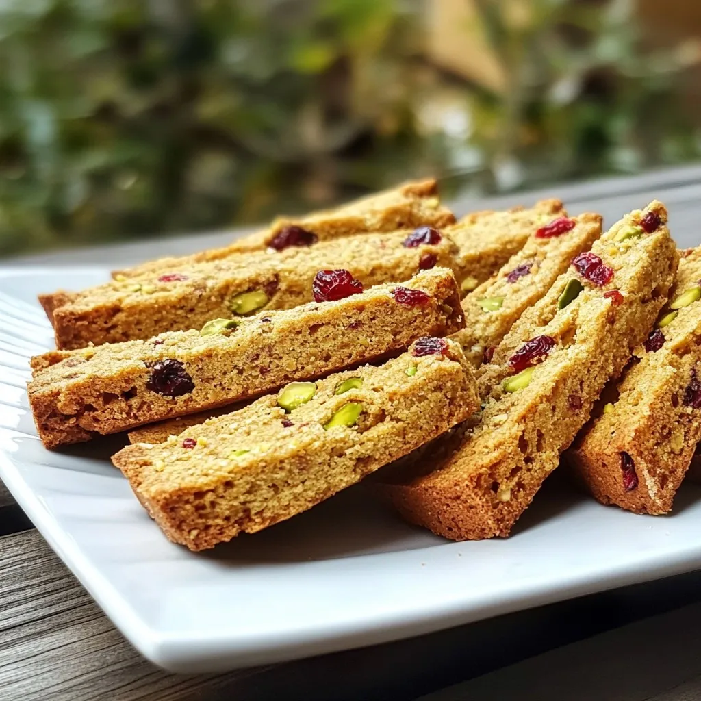 When making Cranberry Pistachio Biscotti, you need a few simple ingredients. Each one plays a key role in creating that delicious crunch. Here’s the full list of what you will need: - 1 cup all-purpose flour - 1/2 cup almond flour - 1/2 teaspoon baking powder - 1/4 teaspoon baking soda - 1/4 teaspoon salt - 1/2 cup granulated sugar - 2 large eggs - 1 teaspoon pure vanilla extract - 1/2 cup dried cranberries, roughly chopped - 1/2 cup pistachios, shelled and coarsely chopped Using a mix of all-purpose and almond flour gives the biscotti a unique texture. The almond flour adds a nutty flavor that pairs well with cranberries and pistachios. Baking powder and baking soda help the biscotti rise, while salt balances the sweetness. Granulated sugar gives the biscotti a sweet taste, while eggs add richness. Pure vanilla extract enhances the overall flavor, making each bite delightful. Finally, dried cranberries and pistachios provide bursts of flavor and crunch, creating that perfect combination. Gather these ingredients before you start baking. This way, you’ll have everything at hand. Enjoy making your tasty, crunchy treats! {{ingredient_image_2}} 1. Preheat your oven to 350°F (175°C). Line a baking sheet with parchment paper. This stops the biscotti from sticking. 2. In a medium bowl, mix all-purpose flour, almond flour, baking powder, baking soda, and salt. Whisk until blended. Set this bowl aside. 3. In a large bowl, combine sugar and eggs. Beat them until fluffy and pale. Add pure vanilla extract for more flavor. 1. Slowly add the dry flour mix to the wet mix. Stir gently until just combined. Don't overmix; this keeps the biscotti tender. 2. Now, gently fold in the chopped cranberries and pistachios. Make sure they spread out evenly in the dough. 1. Use a spatula to move the dough onto the lined baking sheet. Shape it into a log about 12 inches long and 3 inches wide. Smooth the top for an even bake. 2. Bake this log for 25-30 minutes. It should feel firm and look light golden. Remove it from the oven and let it cool for 15 minutes. 3. Lower the oven temperature to 325°F (160°C) for the second bake. 4. After cooling, slice the log into 1/2-inch thick pieces using a serrated knife. Lay the slices cut-side down on the baking sheet. 5. Return the tray to the oven. Bake for another 15-20 minutes, flipping halfway through. This helps the biscotti become dry and crisp. 6. Let the biscotti cool completely on a wire rack. This lets them firm up more before serving. To get the best texture, avoid overmixing the dough. When you mix too much, the biscotti can become tough. Mix until you just combine the dry and wet ingredients. Then gently fold in the cranberries and pistachios. This will keep your biscotti light and crunchy. Cooling is also key for a crisp finish. After the first bake, let the log cool on the baking sheet. This helps set the shape. Once you slice it, place the pieces cut-side down. This allows for even baking in the second round. When serving your biscotti, arrange them neatly on a platter. You can use a decorative jar too. This makes for a lovely display. For a perfect pairing, serve with tea or coffee. The warm drinks enhance the flavors of the biscotti. You can also try them with a glass of sweet dessert wine. This adds a nice touch to your treat. Pro Tips Use Fresh Ingredients: Ensure that your cranberries and pistachios are fresh for the best flavor and texture in your biscotti. Don’t Overmix: When combining wet and dry ingredients, mix just until incorporated to maintain a tender crumb. Cooling is Key: Allow the biscotti to cool completely on a wire rack for better crispness and texture before serving. Experiment with Flavors: Feel free to substitute other nuts or dried fruits to customize your biscotti to your taste. {{image_4}} You can change the nuts and fruits in this recipe. - Other nuts to incorporate: Try using walnuts or almonds. They add a nice crunch and flavor. Pecans also work well for a rich taste. - Alternative dried fruits: Swap cranberries for dried cherries or apricots. These fruits give a different sweetness and color. These swaps keep your biscotti fresh and exciting. Have fun with new flavors! You can tweak this recipe to fit different diets. - Gluten-free adaptations: Use gluten-free flour instead of all-purpose flour. Almond flour is great, too. Just make sure your baking powder is gluten-free. - Vegan alternatives: Replace eggs with flax eggs. Just mix 1 tablespoon of ground flaxseed with 2.5 tablespoons of water. Let it sit until it thickens. You can also use a plant-based milk for moisture. These adjustments help everyone enjoy your tasty biscotti. Don't be afraid to experiment! To keep your cranberry pistachio biscotti fresh, store them at room temperature. Use an airtight container to prevent them from going stale. If you live in a humid area, consider refrigerating them. This keeps them crisp but may change the texture slightly. - Room Temperature: Store in a cool, dry place. - Refrigeration: Useful in humid climates for added freshness. - Containers: Use airtight jars or plastic containers. Cranberry pistachio biscotti can last up to two weeks when stored properly. Always check for signs of spoilage. If they feel soft or have an off smell, it's best to toss them. - Shelf Life: Up to two weeks at room temperature. - Signs of Spoilage: Soft texture, off smell, or visible mold. By following these tips, you can enjoy your biscotti longer and share them with friends and family! Can I freeze biscotti? Yes, you can freeze biscotti! After they cool, place them in an airtight container. They will stay fresh for up to three months. When you want one, just take it out and let it thaw at room temperature. How do I fix dry biscotti? If your biscotti turn out dry, you can soak them in coffee or tea. This adds moisture back into them. You can also serve them with a dip or spread for extra flavor. What can I use instead of almond flour? If you need a substitute for almond flour, try using oat flour or all-purpose flour. They will change the taste slightly, but they work well in this recipe. Can I substitute fresh cranberries for dried? You can use fresh cranberries, but they will add more moisture. To balance this, reduce the eggs slightly. Dried cranberries give a sweet burst, while fresh ones offer a tart flavor. What drinks pair well with biscotti? Biscotti pairs well with coffee, tea, or hot chocolate. The crunch of the biscotti complements the warmth of these drinks. You can dip them into your beverage for a delicious treat. Can biscotti be used in desserts? Absolutely! You can crumble biscotti over ice cream for added crunch. You can also layer them in trifles or serve them with fruit and whipped cream for a fancy dessert. You learned how to make delicious cranberry pistachio biscotti. We covered all ingredients needed, step-by-step instructions, and helpful tips. Remember to mix gently and focus on cooling for great texture. You can even switch up the flavors or adjust the recipe to meet dietary needs. Proper storage is key for freshness and shelf life. Enjoy pairing biscotti with your favorite drinks. Make this treat your own, and share it with friends. Happy baking!