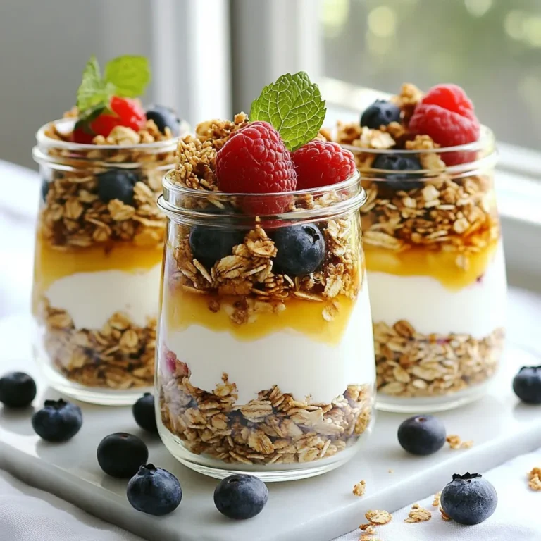 - 2 cups Greek yogurt (your choice of plain or flavored) - 1 cup granola (select your favorite flavor) - 1 cup mixed berries (such as strawberries, blueberries, and raspberries) - 2 tablespoons honey or maple syrup - 1 teaspoon vanilla extract - Fresh mint leaves for a garnish Greek yogurt parfait jars are simple yet delightful. You can use plain or flavored yogurt. I love using Greek yogurt for its rich taste and creamy texture. Granola adds a nice crunch. You can pick your favorite flavor. I like to use honey or maple syrup to sweeten the yogurt. Just a little bit does the trick! Mixed berries bring a burst of flavor. Strawberries, blueberries, and raspberries all work well. You can mix and match based on what you have. You can also add vanilla extract for more flavor. Fresh mint leaves make a lovely garnish. They add a pop of color and taste. These ingredients make a delicious treat. You can enjoy them any time of day! {{ingredient_image_2}} First, take a medium bowl. Add 2 cups of Greek yogurt. You can use plain or any flavored kind you like. Next, pour in 1 teaspoon of vanilla extract. Then, add 2 tablespoons of honey or maple syrup. Blend these ingredients well until smooth. You want a creamy texture that tastes good. Taste the mixture and adjust the sweetness if needed. If you want it sweeter, add a bit more honey or syrup. Now, grab your jars or glasses. Start by adding a generous layer of the yogurt mixture. Fill each jar about one-third full. Next, sprinkle a layer of your favorite granola on top. Press it down gently with the back of a spoon. This makes a solid base. After that, add a handful of mixed berries. You can use strawberries, blueberries, or raspberries. Spread them evenly across the jars for color and flavor. Continue layering by adding more yogurt. Then, follow with another layer of granola and another handful of berries. Repeat this process until the jars are almost full. Make sure to end with a layer of berries on top. This gives a lovely finish. For a special touch, drizzle a bit of honey or syrup over the berries. You can also add fresh mint leaves to make it look pretty. Enjoy your Greek yogurt parfait jars! To make your parfait look pretty, focus on even layers. Start with Greek yogurt, filling one-third of the jar. This base holds everything in place. Next, sprinkle granola on top. Press it down gently with a spoon. This step keeps the granola stable and adds a nice crunch. Add a layer of mixed berries next. Use a mix of colors for a fun look. Repeat this process until you reach the top of the jar. These parfait jars shine at breakfast or as a snack. They are quick, tasty, and healthy. Serve them right away for the best taste. For a lovely display, place the jars on a wooden board. Add extra berries and mint leaves around them. This setup makes your treat look even more inviting. You can switch up the yogurt and granola based on your taste. For yogurt, try coconut or almond options if you want a change. If you like a different granola flavor, feel free to experiment. For sweeteners, use agave or stevia if you prefer less sugar. Adjust these ingredients to fit your diet needs while keeping the parfait delicious. Pro Tips Layering Technique: For best results, layer your ingredients in a clear glass to showcase the beautiful colors of the yogurt, granola, and berries. Yogurt Choices: Experiment with different flavors of Greek yogurt, such as honey or vanilla, to create unique parfait combinations. Make-Ahead Option: Prepare the yogurt and granola ahead of time, storing them separately until you’re ready to layer for a quick and easy breakfast. Garnish for Appeal: Fresh mint not only adds a pop of color but also enhances the flavor; don’t skip this garnish for a restaurant-quality touch. {{image_4}} You can use different yogurt flavors to make your parfaits exciting. Try strawberry, vanilla, or even blueberry yogurt for a burst of taste. Seasonal fruits also add fun. In summer, use fresh peaches or cherries. In fall, add apples or pears for a cozy twist. Toppings can take your parfaits to the next level. Nut butters like almond or peanut butter add creaminess. You can also sprinkle chocolate chips or seeds for crunch. For a tropical vibe, add coconut flakes or dried fruits like raisins and apricots. These toppings not only taste great but also boost nutrition. If you need gluten-free options, select gluten-free granola. This way, everyone can enjoy the treat. For vegan substitutions, use coconut yogurt instead of Greek yogurt. You can also choose dairy-free granola to keep it plant-based. These adjustments make the parfaits suitable for many diets. To keep your parfaits fresh, use airtight jars. Glass or plastic containers work well. They seal tightly and stop air from getting inside. Always layer your parfaits in the jars. This keeps the yogurt, granola, and berries separate. It prevents the granola from getting soggy. Your parfaits will last about three days in the fridge. After that, the berries may lose their best taste. You can freeze parfaits, but avoid freezing granola. It can become too soft. Instead, freeze just the yogurt and berries. When ready, let them thaw in the fridge overnight. To remix your stored parfaits, start by stirring the layers. This can help mix flavors again. If the granola feels soft, add a fresh layer on top. This will give you that crunchy bite again. Enjoy the taste of fresh parfaits, even after storage! You can easily change the ingredients to fit your taste. For yogurt, try coconut or almond yogurt. If you want different flavors, use strawberry or vanilla yogurt. For granola, choose one with nuts, seeds, or even chocolate. You can also mix in some nuts for extra crunch. Want more flavor? Add spices like cinnamon or nutmeg. You can also try adding a splash of orange juice for a citrusy zing! Yes, you can make these parfaits a day in advance. Just layer them in jars and store them in the fridge. The best time to make them is the night before. This gives the flavors time to blend. When storing, cover the jars tightly to keep them fresh. Remember, the granola may get soggy if left too long. To prevent this, store granola separately and add it just before eating. Greek yogurt is rich in protein. One cup can give you about 20 grams of protein. It also contains probiotics, which help your gut health. The mixed berries add vitamins and antioxidants. Strawberries boost your vitamin C, while blueberries are high in fiber. Granola adds healthy fats and energy. Just watch the sugar content if you pick sweetened varieties. Overall, this parfait is a tasty way to enjoy a healthy snack! Greek yogurt parfaits are simple, fun, and tasty. You can mix Greek yogurt with granola and fresh berries. Add honey or mint if you want extra flavor. Layer them well for a nice look. These parfaits are great for breakfast or snacks. You can even make them ahead. Whether you stick to the basics or try fun variations, enjoy every bite. Stay creative and make it your own!