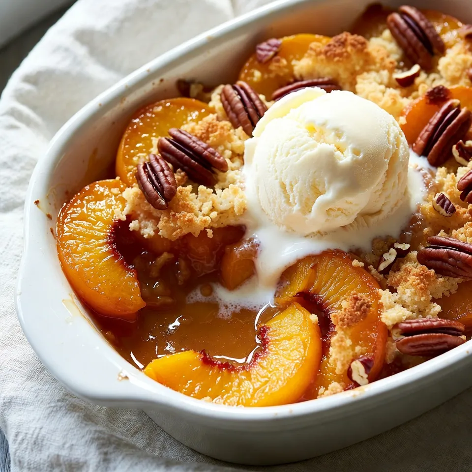 - 2 cans (15 oz each) sliced peaches in syrup, drained - 1 cup sugar - 1 teaspoon ground cinnamon - 1 box (15.25 oz) yellow cake mix - 1 cup unsalted butter, melted - 1/2 cup chopped pecans (for added crunch) - Vanilla ice cream (for serving) Serve the dump cake warm in bowls. Top each serving with a scoop of vanilla ice cream. You can also add a slice of fresh peach or a mint leaf for a nice touch. This makes your dessert not only tasty but also pretty. {{ingredient_image_2}} 1. Preheat your oven to 350°F (175°C). 2. Grease a 9x13 inch baking dish with non-stick spray or butter. 3. In a large bowl, mix the drained peaches, sugar, and cinnamon. 4. Gently stir until the peaches are coated with the sugar mixture. 5. Pour the peach mixture evenly into the prepared baking dish. 6. Sprinkle the dry yellow cake mix over the peaches. Do not stir it. 7. Carefully drizzle the melted butter over the cake mix, covering it all. 8. If using, sprinkle the chopped pecans on top for extra crunch. 1. Place the baking dish in the preheated oven. 2. Bake for 45-50 minutes. Look for a golden brown and bubbly top. 3. The butter will soak into the cake mix, creating a nice crust. 1. Remove the cake from the oven. Let it cool for a few minutes. 2. Serve it warm for the best taste. 3. A scoop of vanilla ice cream on top makes it even better! 4. For a fun touch, add a slice of fresh peach or a mint leaf when serving. To make the best Peach Cobbler Dump Cake, follow a few simple steps. First, use ripe peaches for a sweeter taste. If you use canned peaches, drain them well to avoid extra liquid. Mix the peaches with sugar and cinnamon for great flavor. After that, layer the dry cake mix evenly over the peaches. This helps create a nice crust when baked. Pour melted butter over the cake mix without stirring. This step keeps the topping crispy and golden. One common mistake is mixing the cake batter too much. You want to keep it dry and fluffy. Another mistake is not preheating the oven. Baking at the right temperature makes a big difference. Don't skip the cooling time after baking. Letting it sit helps the flavors blend well. Lastly, be careful not to overbake. A golden top is what you want, not a burnt one. To boost flavor, add vanilla extract to the peach mix. You can also sprinkle in some nutmeg for warmth. For a crunchier texture, toss in chopped pecans or walnuts on top. Serve with a scoop of vanilla ice cream for a creamy contrast. If you want a twist, try adding a bit of lemon juice to the peaches. This brightens the overall taste. Remember, little changes can lead to big flavor! Pro Tips Use Fresh Peaches: If you have access to fresh peaches, slice them up for an even more flavorful and juicy cake. Butter Coverage: Ensure the melted butter covers the cake mix evenly to achieve a perfectly crispy top. Serve Warm: This cake is best enjoyed warm, so consider serving it straight from the oven with a scoop of vanilla ice cream. Customize Your Nuts: Feel free to substitute pecans with walnuts or almonds for a different nutty flavor. {{image_4}} You can switch up the fruit in this dump cake. Berries, cherries, or apples work great. Just replace the peaches. For berries, use mixed berries or just blueberries. With apples, slice them thin and mix with sugar and cinnamon. This keeps the same sweet taste and warm feel. Not a fan of yellow cake mix? Try white or chocolate cake mix instead. Each flavor brings a new twist to the cake. White cake mix keeps the flavor light. Chocolate cake adds richness. Both still pair well with the fruit. Want a gluten-free version? Use a gluten-free cake mix. Many brands offer great taste without gluten. For a vegan option, swap the butter for coconut oil or vegan butter. Use a plant-based cake mix too. This way, everyone can enjoy your tasty dessert! To store your leftover Peach Cobbler Dump Cake, let it cool first. Then, place it in an airtight container. You can keep it in the fridge for about 3 to 5 days. Make sure to seal it well to keep it fresh. If you want to enjoy it later, consider freezing it. If you want to freeze your cake, slice it into portions first. Wrap each piece tightly in plastic wrap. Then, put the wrapped slices into a freezer bag or container. This way, you can grab just what you need. It will stay good in the freezer for up to 3 months. Just remember to label the bag with the date. To reheat, take a slice out of the fridge or freezer. If it’s frozen, let it thaw in the fridge overnight. For a quick reheat, use the microwave. Heat it for 20-30 seconds, checking to avoid overheating. If you prefer the oven, preheat it to 350°F (175°C) and bake for about 10-15 minutes. Serve warm, topped with a scoop of vanilla ice cream for a treat! Yes, you can use fresh peaches. Slice about 6-8 ripe peaches. Peel them if you like. They will add a fresh flavor to your dump cake. Just remember to add a bit of sugar. Fresh peaches can be less sweet, so taste as you go. You can adjust the sugar in the recipe. If you like it less sweet, reduce the sugar by half a cup. If you want more sweetness, add more sugar to taste. You can also use brown sugar for a richer flavor. I love serving this cake with vanilla ice cream. The cold ice cream melts into the warm cake. You can also add whipped cream or fresh fruit. A sprinkle of cinnamon on top adds a nice touch too. Peach Cobbler Dump Cake lasts about 3-4 days in the fridge. Make sure to store it in an airtight container. Reheat it gently before serving for the best taste. Peach cobbler dump cake is simple and fun to make. I have shared key ingredients, tips, and serving ideas that will help you create the best dessert. Remember to explore fruit options and try different cake mixes for tasty twists. Storing leftovers properly can keep your dessert fresh. I hope you enjoy making and sharing this sweet treat with family and friends. With these steps, you’ll impress everyone at your next gathering!