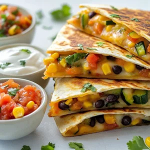 - 4 large whole wheat tortillas - 1 cup shredded cheese (cheddar or cheese blend) - 1 bell pepper (red or yellow), diced - 1 small zucchini, diced - 1 cup corn kernels (fresh or frozen) - 1 cup black beans, rinsed and drained - 1 small red onion, diced - 2 cloves garlic, minced - 2 tablespoons olive oil - 1 teaspoon ground cumin - 1 teaspoon chili powder - Salt and black pepper, to taste - Fresh cilantro, chopped (for garnish) - Salsa and sour cream (for serving) You can change some ingredients based on what you like. Instead of whole wheat tortillas, you can use corn tortillas or spinach tortillas. For cheese, try mozzarella or pepper jack. If you want to skip the beans, add more corn or some cooked quinoa. You can also mix in other veggies like mushrooms or spinach. When you pick vegetables, look for firm and bright ones. Bell peppers should have smooth skin and feel heavy for their size. Choose zucchini that is small to medium, with shiny skin. For onions, pick ones that are dry and heavy. Fresh garlic should smell strong and have no soft spots. Always pick veggies in season for the best flavor and price. {{ingredient_image_2}} Start by washing all your veggies. I love using fresh ingredients for the best taste. Dice one bell pepper, one small zucchini, and one small red onion. Make sure to keep them small for easy cooking. Mince two cloves of garlic as well. This adds great flavor to the filling. Heat one tablespoon of olive oil in a large skillet over medium heat. Add the diced red onion first and sauté it for about 3-4 minutes until it turns translucent. Then, toss in the minced garlic, bell pepper, and zucchini. Stir these together, cooking for another 5 minutes. You want them to be tender and vibrant. Next, add one cup of corn and one cup of rinsed black beans to the skillet. Don't forget to sprinkle in one teaspoon of ground cumin and one teaspoon of chili powder. Season with salt and black pepper to taste. Stir everything well and cook for another 2-3 minutes until heated through. Remove the skillet from heat. This filling is colorful and packed with flavor. Grab your large whole wheat tortillas. On one half of each tortilla, layer some shredded cheese. Spoon a good amount of the veggie mix over the cheese. Top it off with a bit more cheese. This helps hold the quesadilla together. Now, fold each tortilla in half. In another skillet, heat the remaining tablespoon of olive oil over medium heat. Place one folded quesadilla in the skillet and cook for about 3-4 minutes on each side. You want the tortilla to be golden brown and crispy. Once done, set it aside and repeat with the rest. After cooking, let the quesadillas cool for a minute. Cut each one into wedges for easy serving. Garnish with fresh chopped cilantro. Serve with salsa and sour cream on the side. Enjoy your tasty and healthy loaded veggie quesadillas! Choosing the right cheese makes a big difference. I love using cheddar for its sharp taste. A cheese blend can add depth with various flavors. Here are some great options: - Cheddar - Monterey Jack - Mozzarella - Pepper Jack for a kick Mixing cheeses can create a rich, gooey texture. Remember to shred your cheese for better melting. A crispy tortilla takes a few simple steps. Start by using medium heat to avoid burning. Use enough oil to coat the skillet. Here’s how: - Heat the skillet before adding the quesadilla. - Cook each side for 3-4 minutes. - Press down gently with a spatula for even crisping. - Flip carefully to keep the filling in place. A golden-brown color shows your tortilla is ready! For bright veggies, high heat works wonders. Sautéing quickly keeps them colorful and crisp. Follow these tips: - Cut your veggies into similar sizes for even cooking. - Add garlic later to avoid burning. - Stir often to cook evenly. - Season with salt when veggies are nearly done. These steps ensure your fillings are both tasty and visually appealing. Pro Tips Prep Your Veggies: Prepare all your vegetables ahead of time to save on cooking time and ensure even cooking. Cheese Choices: Experiment with different cheeses like pepper jack for a spicy kick or mozzarella for a milder flavor. Serving Suggestions: Pair your quesadillas with guacamole for added creaminess and flavor. Cook in Batches: If making multiple quesadillas, cook them in batches to maintain consistent heat and crispiness. {{image_4}} You can easily make these quesadillas vegan and gluten-free. Use gluten-free tortillas instead of whole wheat. For cheese, try vegan cheese. Many brands melt well and taste great. You can also skip the cheese entirely and load up on veggies. Add extra beans for more protein and fiber. Want to add protein? Chicken or tofu works well. For chicken, use cooked and shredded meat. Mix it with the veggies in the skillet. If you prefer tofu, press it to remove excess water. Then, dice it and sauté until golden. Both options boost flavor and make the quesadillas heartier. If you love heat, add jalapeños. Slice them thin and mix them into the veggie filling. You can also serve quesadillas with hot sauce. A drizzle adds a nice kick. Don’t forget to taste the filling first. Adjust the spice level to fit your taste! To store leftover quesadillas, let them cool first. Place them in an airtight container. Make sure to separate the layers with parchment paper. This prevents sticking. Store them in the fridge for up to three days. To reheat quesadillas, use a skillet over medium heat. Add a little olive oil for crispiness. Cook each side for 2-3 minutes. You want them hot and crispy again. For a faster method, use the microwave. Heat for about 30 seconds, but the texture won't be as good. To freeze, wrap each quesadilla in plastic wrap. Then, place them in a freezer bag. Remove as much air as possible to prevent freezer burn. They can stay frozen for up to three months. When ready, thaw in the fridge overnight before reheating. Enjoy your tasty meal anytime! Yes, you can make quesadillas ahead of time. Prepare the filling and let it cool. Then, fill the tortillas and store them in the fridge. Wrap them well to keep them fresh. When you are ready to eat, just cook them in a skillet. They will taste great! Serve the quesadillas hot and crispy. Cut them into wedges for easy sharing. Arrange them on a platter. Sprinkle fresh cilantro on top for color. Add small bowls of salsa and sour cream on the side. This makes it fun for everyone to dip and enjoy! You can change the fillings based on what you like. Try different veggies such as mushrooms, spinach, or carrots. For extra flavor, add spices like paprika or oregano. You can also mix in cooked chicken or tofu for protein. The choices are endless! You learned about the best ingredients for veggie quesadillas. We covered fresh vegetables, cooking tips, and how to choose the right cheese. You can add protein or make vegan options too. Remember, storing leftovers and reheating them well keeps the flavor great. Feel free to try different ingredients, making this dish your own. Happy cooking!
