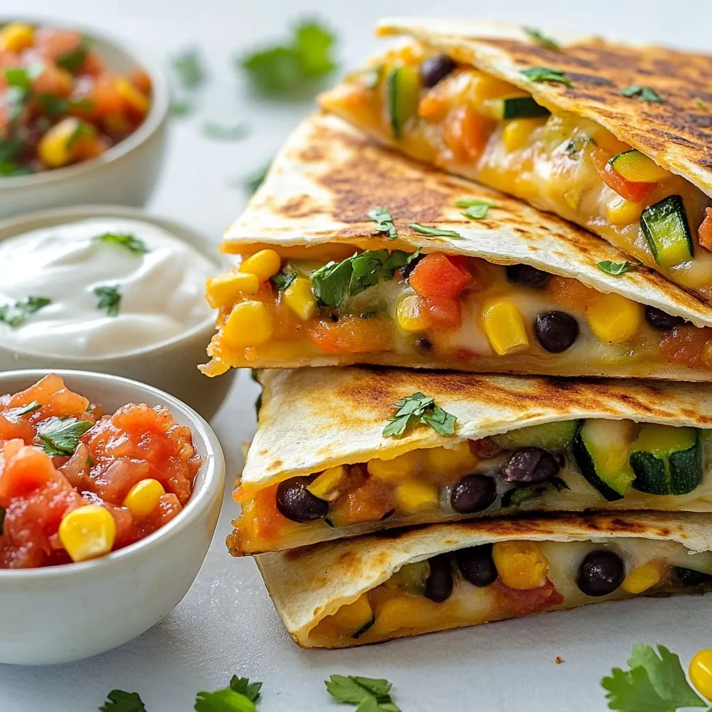 - 4 large whole wheat tortillas - 1 cup shredded cheese (cheddar or cheese blend) - 1 bell pepper (red or yellow), diced - 1 small zucchini, diced - 1 cup corn kernels (fresh or frozen) - 1 cup black beans, rinsed and drained - 1 small red onion, diced - 2 cloves garlic, minced - 2 tablespoons olive oil - 1 teaspoon ground cumin - 1 teaspoon chili powder - Salt and black pepper, to taste - Fresh cilantro, chopped (for garnish) - Salsa and sour cream (for serving) You can change some ingredients based on what you like. Instead of whole wheat tortillas, you can use corn tortillas or spinach tortillas. For cheese, try mozzarella or pepper jack. If you want to skip the beans, add more corn or some cooked quinoa. You can also mix in other veggies like mushrooms or spinach. When you pick vegetables, look for firm and bright ones. Bell peppers should have smooth skin and feel heavy for their size. Choose zucchini that is small to medium, with shiny skin. For onions, pick ones that are dry and heavy. Fresh garlic should smell strong and have no soft spots. Always pick veggies in season for the best flavor and price. {{ingredient_image_2}} Start by washing all your veggies. I love using fresh ingredients for the best taste. Dice one bell pepper, one small zucchini, and one small red onion. Make sure to keep them small for easy cooking. Mince two cloves of garlic as well. This adds great flavor to the filling. Heat one tablespoon of olive oil in a large skillet over medium heat. Add the diced red onion first and sauté it for about 3-4 minutes until it turns translucent. Then, toss in the minced garlic, bell pepper, and zucchini. Stir these together, cooking for another 5 minutes. You want them to be tender and vibrant. Next, add one cup of corn and one cup of rinsed black beans to the skillet. Don't forget to sprinkle in one teaspoon of ground cumin and one teaspoon of chili powder. Season with salt and black pepper to taste. Stir everything well and cook for another 2-3 minutes until heated through. Remove the skillet from heat. This filling is colorful and packed with flavor. Grab your large whole wheat tortillas. On one half of each tortilla, layer some shredded cheese. Spoon a good amount of the veggie mix over the cheese. Top it off with a bit more cheese. This helps hold the quesadilla together. Now, fold each tortilla in half. In another skillet, heat the remaining tablespoon of olive oil over medium heat. Place one folded quesadilla in the skillet and cook for about 3-4 minutes on each side. You want the tortilla to be golden brown and crispy. Once done, set it aside and repeat with the rest. After cooking, let the quesadillas cool for a minute. Cut each one into wedges for easy serving. Garnish with fresh chopped cilantro. Serve with salsa and sour cream on the side. Enjoy your tasty and healthy loaded veggie quesadillas! Choosing the right cheese makes a big difference. I love using cheddar for its sharp taste. A cheese blend can add depth with various flavors. Here are some great options: - Cheddar - Monterey Jack - Mozzarella - Pepper Jack for a kick Mixing cheeses can create a rich, gooey texture. Remember to shred your cheese for better melting. A crispy tortilla takes a few simple steps. Start by using medium heat to avoid burning. Use enough oil to coat the skillet. Here’s how: - Heat the skillet before adding the quesadilla. - Cook each side for 3-4 minutes. - Press down gently with a spatula for even crisping. - Flip carefully to keep the filling in place. A golden-brown color shows your tortilla is ready! For bright veggies, high heat works wonders. Sautéing quickly keeps them colorful and crisp. Follow these tips: - Cut your veggies into similar sizes for even cooking. - Add garlic later to avoid burning. - Stir often to cook evenly. - Season with salt when veggies are nearly done. These steps ensure your fillings are both tasty and visually appealing. Pro Tips Prep Your Veggies: Prepare all your vegetables ahead of time to save on cooking time and ensure even cooking. Cheese Choices: Experiment with different cheeses like pepper jack for a spicy kick or mozzarella for a milder flavor. Serving Suggestions: Pair your quesadillas with guacamole for added creaminess and flavor. Cook in Batches: If making multiple quesadillas, cook them in batches to maintain consistent heat and crispiness. {{image_4}} You can easily make these quesadillas vegan and gluten-free. Use gluten-free tortillas instead of whole wheat. For cheese, try vegan cheese. Many brands melt well and taste great. You can also skip the cheese entirely and load up on veggies. Add extra beans for more protein and fiber. Want to add protein? Chicken or tofu works well. For chicken, use cooked and shredded meat. Mix it with the veggies in the skillet. If you prefer tofu, press it to remove excess water. Then, dice it and sauté until golden. Both options boost flavor and make the quesadillas heartier. If you love heat, add jalapeños. Slice them thin and mix them into the veggie filling. You can also serve quesadillas with hot sauce. A drizzle adds a nice kick. Don’t forget to taste the filling first. Adjust the spice level to fit your taste! To store leftover quesadillas, let them cool first. Place them in an airtight container. Make sure to separate the layers with parchment paper. This prevents sticking. Store them in the fridge for up to three days. To reheat quesadillas, use a skillet over medium heat. Add a little olive oil for crispiness. Cook each side for 2-3 minutes. You want them hot and crispy again. For a faster method, use the microwave. Heat for about 30 seconds, but the texture won't be as good. To freeze, wrap each quesadilla in plastic wrap. Then, place them in a freezer bag. Remove as much air as possible to prevent freezer burn. They can stay frozen for up to three months. When ready, thaw in the fridge overnight before reheating. Enjoy your tasty meal anytime! Yes, you can make quesadillas ahead of time. Prepare the filling and let it cool. Then, fill the tortillas and store them in the fridge. Wrap them well to keep them fresh. When you are ready to eat, just cook them in a skillet. They will taste great! Serve the quesadillas hot and crispy. Cut them into wedges for easy sharing. Arrange them on a platter. Sprinkle fresh cilantro on top for color. Add small bowls of salsa and sour cream on the side. This makes it fun for everyone to dip and enjoy! You can change the fillings based on what you like. Try different veggies such as mushrooms, spinach, or carrots. For extra flavor, add spices like paprika or oregano. You can also mix in cooked chicken or tofu for protein. The choices are endless! You learned about the best ingredients for veggie quesadillas. We covered fresh vegetables, cooking tips, and how to choose the right cheese. You can add protein or make vegan options too. Remember, storing leftovers and reheating them well keeps the flavor great. Feel free to try different ingredients, making this dish your own. Happy cooking!