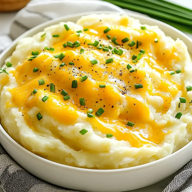 - 2 lbs Yukon Gold potatoes, peeled and cut into 1-inch cubes - 4 cloves garlic, minced finely - 1 cup heavy cream, warmed - 1 cup sharp cheddar cheese, freshly shredded - 1/2 cup cream cheese, softened to room temperature - 4 tablespoons unsalted butter - Sea salt and freshly cracked black pepper, to taste - 2 tablespoons fresh chives, finely chopped (for garnish) Choosing the right potatoes I love using Yukon Gold potatoes for this dish. They are creamy and buttery. Their smooth texture makes them perfect for mashing. You can also use Russets if you want fluffier potatoes. The importance of fresh garlic Fresh garlic adds a strong and rich flavor. I always use minced garlic for a bold taste. Avoid garlic powder, as it lacks depth. Fresh garlic enhances the comfort of these mashed potatoes. Cheese options for different flavors Sharp cheddar gives a tangy kick. For a milder taste, use mild cheddar. You can also try gouda or pepper jack for a fun twist. Mixing different cheeses can add layers of flavor and richness. {{ingredient_image_2}} To start, peel and cut 2 pounds of Yukon Gold potatoes into 1-inch cubes. This size helps them cook evenly. Place the potatoes in a large pot and cover them with cold water. Add a generous pinch of sea salt for flavor. Bring the pot to a boil over medium-high heat. Once it boils, lower the heat to medium and let the potatoes simmer gently. Cook for about 15 to 20 minutes. You want them tender, so a fork should glide through easily. While the potatoes cook, prepare the garlic butter. In a small saucepan, melt 4 tablespoons of unsalted butter over medium heat. Add 4 cloves of minced garlic to the melted butter. Sauté gently for 2 to 3 minutes, just until the garlic smells good but isn’t brown. This step adds a rich garlic flavor to the butter. Remove it from heat and set aside. After draining the cooked potatoes, return them to the pot. Let them sit for a minute to steam off any extra moisture. Then, mash the potatoes using a potato masher or a sturdy fork until smooth and creamy. Pour in 1 cup of warmed heavy cream and 1/2 cup of softened cream cheese. Add the sautéed garlic butter as well. Mix everything together until it is luxuriously creamy. Now, fold in 1 cup of freshly shredded sharp cheddar cheese. Stir until it melts and combines well. Taste and adjust with sea salt and freshly cracked black pepper. Transfer your cheesy garlic mashed potatoes to a warm serving bowl. Finish with a sprinkle of finely chopped chives for color and flavor. Enjoy! To achieve creaminess, focus on Yukon Gold potatoes. They have a buttery texture that makes for smooth mashed potatoes. Cook them just right, so they stay tender. Overcooking can lead to a watery texture. To avoid lumps in mashed potatoes, ensure you mash them while hot. Use a potato masher or a sturdy fork. If you prefer a silky finish, try a ricer. Gradually mix in the cream and cheese. This helps create that dreamy, creamy consistency. Spices and herbs add depth to your mashed potatoes. Garlic is a star in this dish. For extra flavor, consider adding black pepper, paprika, or even a pinch of nutmeg. Fresh herbs like parsley or thyme can brighten the dish. For cheese options, sharp cheddar is a classic choice. If you want a different flavor, try Gruyère or pepper jack. Each cheese brings a unique taste that can change the whole dish. Choose a warm serving bowl for your cheesy garlic mashed potatoes. A shallow bowl allows for better presentation. This also helps keep them warm longer. Garnishing with chives adds color and flavor. You can also sprinkle extra cheese or crispy bacon bits for a fun twist. Make your dish stand out by layering flavors and textures. Pro Tips Choose the Right Potatoes: Yukon Gold potatoes are ideal for creamy mashed potatoes due to their buttery flavor and smooth texture. Avoid waxy potatoes as they can lead to a gluey consistency. Infuse the Cream: Warm the heavy cream before adding it to the potatoes. You can even infuse it with herbs or spices during warming for an extra flavor boost. Don't Overmix: Once you add the cheese and cream, mix just until combined. Overmixing can make your mashed potatoes gummy instead of fluffy. Serve Warm: Mashed potatoes can cool quickly, so serve them immediately after preparation. If needed, keep them warm in a low oven, covered, until ready to serve. {{image_4}} You can make cheesy garlic mashed potatoes healthier by choosing low-fat dairy. Use low-fat cream cheese and milk instead of heavy cream. This swap cuts calories but keeps the creaminess. Adding veggies boosts the nutrition. Try mixing in steamed broccoli or spinach. Both add color and vitamins to your dish. To change the taste, add herbs like rosemary or thyme. These herbs bring a fresh flavor that pairs well with garlic. For a spicy kick, mix in chopped jalapeños or use pepper jack cheese. This will give your mashed potatoes a fun heat that many enjoy. Seasonal changes can make your dish exciting. Roasted garlic adds depth and sweetness. Caramelized onions give a nice, rich flavor, too. Using sweet potatoes gives a twist to the classic recipe. They add a subtle sweetness that balances well with garlic. To keep your cheesy garlic mashed potatoes fresh, store them properly. After your meal, let the leftovers cool down. Then, place them in an airtight container. They will last in the fridge for about three to five days. If you want to keep them longer, freezing is a great option. - For freezing, use a freezer-safe container or heavy-duty freezer bags. - Label the bags with the date for easy tracking. - They can last up to three months in the freezer. When it’s time to enjoy your leftovers, reheating them the right way is key. You want to keep them creamy and delicious. - Oven Method: Preheat your oven to 350°F (175°C). Place the mashed potatoes in an oven-safe dish. Cover it with foil to prevent drying out. Heat for about 20-30 minutes, stirring halfway through. - Microwave Method: Scoop a portion into a microwave-safe bowl. Add a splash of milk or cream for moisture. Heat in short bursts, around 30 seconds each, stirring in between. This helps keep the texture smooth. These methods ensure your cheesy garlic mashed potatoes taste just as good as when you first made them. How do I make my mashed potatoes less sticky? To avoid sticky potatoes, choose Yukon Gold or Russet potatoes. These types have more starch, which helps keep them fluffy. After boiling, make sure to drain them well. Let them steam for a moment before mashing. This step helps remove extra moisture. Can I prepare cheesy garlic mashed potatoes in advance? Yes, you can make these mashed potatoes ahead of time. Prepare them as directed, then store them in the fridge. When ready to serve, reheat gently on the stove or in the oven. Stir in a little extra cream if they seem dry. What type of potatoes are best for mashing? Yukon Gold potatoes are the best choice for mashing. They have a creamy texture and rich flavor. Russet potatoes also work well, but they can be a bit drier. If you prefer a mix, you can use both types together. What can I substitute for heavy cream? You can use whole milk or half-and-half instead of heavy cream. For a lighter option, use low-fat milk. Just note that the texture may be less creamy. You can also add a bit of butter to enhance the richness. Is there a dairy-free option for this recipe? Yes, you can make a dairy-free version. Use almond milk or coconut milk in place of heavy cream. For cheese, try a dairy-free cheese alternative. You can also use vegan butter for a full dairy-free dish. What main dishes pair well with cheesy garlic mashed potatoes? These mashed potatoes go well with many main dishes. They are great with roasted chicken, beef, or pork. You can also serve them alongside grilled vegetables for a lighter meal. How to elevate the dish for special occasions? To make this dish special, try adding truffle oil or sautéed mushrooms. You can also mix in some crispy bacon bits or caramelized onions. For a fancy touch, serve them in individual ramekins garnished with fresh herbs. In this article, we covered how to make cheesy garlic mashed potatoes. We looked at key ingredients, cooking steps, and tips for perfect texture and flavor. You can use Yukon Gold potatoes and fresh garlic for the best taste. Adding cheese enhances flavor, while healthy options can fit your needs. Don’t forget about storage and reheating tips for your leftovers. Now, you can create a delicious side dish that impresses everyone at your table. Enjoy your cooking adventure and make these mashed potatoes your own!