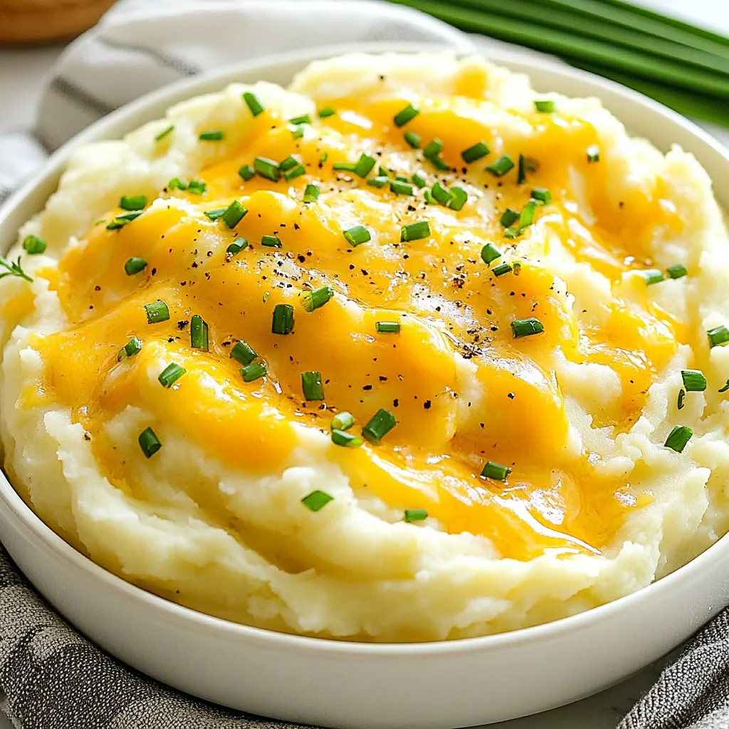 - 2 lbs Yukon Gold potatoes, peeled and cut into 1-inch cubes - 4 cloves garlic, minced finely - 1 cup heavy cream, warmed - 1 cup sharp cheddar cheese, freshly shredded - 1/2 cup cream cheese, softened to room temperature - 4 tablespoons unsalted butter - Sea salt and freshly cracked black pepper, to taste - 2 tablespoons fresh chives, finely chopped (for garnish) Choosing the right potatoes I love using Yukon Gold potatoes for this dish. They are creamy and buttery. Their smooth texture makes them perfect for mashing. You can also use Russets if you want fluffier potatoes. The importance of fresh garlic Fresh garlic adds a strong and rich flavor. I always use minced garlic for a bold taste. Avoid garlic powder, as it lacks depth. Fresh garlic enhances the comfort of these mashed potatoes. Cheese options for different flavors Sharp cheddar gives a tangy kick. For a milder taste, use mild cheddar. You can also try gouda or pepper jack for a fun twist. Mixing different cheeses can add layers of flavor and richness. {{ingredient_image_2}} To start, peel and cut 2 pounds of Yukon Gold potatoes into 1-inch cubes. This size helps them cook evenly. Place the potatoes in a large pot and cover them with cold water. Add a generous pinch of sea salt for flavor. Bring the pot to a boil over medium-high heat. Once it boils, lower the heat to medium and let the potatoes simmer gently. Cook for about 15 to 20 minutes. You want them tender, so a fork should glide through easily. While the potatoes cook, prepare the garlic butter. In a small saucepan, melt 4 tablespoons of unsalted butter over medium heat. Add 4 cloves of minced garlic to the melted butter. Sauté gently for 2 to 3 minutes, just until the garlic smells good but isn’t brown. This step adds a rich garlic flavor to the butter. Remove it from heat and set aside. After draining the cooked potatoes, return them to the pot. Let them sit for a minute to steam off any extra moisture. Then, mash the potatoes using a potato masher or a sturdy fork until smooth and creamy. Pour in 1 cup of warmed heavy cream and 1/2 cup of softened cream cheese. Add the sautéed garlic butter as well. Mix everything together until it is luxuriously creamy. Now, fold in 1 cup of freshly shredded sharp cheddar cheese. Stir until it melts and combines well. Taste and adjust with sea salt and freshly cracked black pepper. Transfer your cheesy garlic mashed potatoes to a warm serving bowl. Finish with a sprinkle of finely chopped chives for color and flavor. Enjoy! To achieve creaminess, focus on Yukon Gold potatoes. They have a buttery texture that makes for smooth mashed potatoes. Cook them just right, so they stay tender. Overcooking can lead to a watery texture. To avoid lumps in mashed potatoes, ensure you mash them while hot. Use a potato masher or a sturdy fork. If you prefer a silky finish, try a ricer. Gradually mix in the cream and cheese. This helps create that dreamy, creamy consistency. Spices and herbs add depth to your mashed potatoes. Garlic is a star in this dish. For extra flavor, consider adding black pepper, paprika, or even a pinch of nutmeg. Fresh herbs like parsley or thyme can brighten the dish. For cheese options, sharp cheddar is a classic choice. If you want a different flavor, try Gruyère or pepper jack. Each cheese brings a unique taste that can change the whole dish. Choose a warm serving bowl for your cheesy garlic mashed potatoes. A shallow bowl allows for better presentation. This also helps keep them warm longer. Garnishing with chives adds color and flavor. You can also sprinkle extra cheese or crispy bacon bits for a fun twist. Make your dish stand out by layering flavors and textures. Pro Tips Choose the Right Potatoes: Yukon Gold potatoes are ideal for creamy mashed potatoes due to their buttery flavor and smooth texture. Avoid waxy potatoes as they can lead to a gluey consistency. Infuse the Cream: Warm the heavy cream before adding it to the potatoes. You can even infuse it with herbs or spices during warming for an extra flavor boost. Don't Overmix: Once you add the cheese and cream, mix just until combined. Overmixing can make your mashed potatoes gummy instead of fluffy. Serve Warm: Mashed potatoes can cool quickly, so serve them immediately after preparation. If needed, keep them warm in a low oven, covered, until ready to serve. {{image_4}} You can make cheesy garlic mashed potatoes healthier by choosing low-fat dairy. Use low-fat cream cheese and milk instead of heavy cream. This swap cuts calories but keeps the creaminess. Adding veggies boosts the nutrition. Try mixing in steamed broccoli or spinach. Both add color and vitamins to your dish. To change the taste, add herbs like rosemary or thyme. These herbs bring a fresh flavor that pairs well with garlic. For a spicy kick, mix in chopped jalapeños or use pepper jack cheese. This will give your mashed potatoes a fun heat that many enjoy. Seasonal changes can make your dish exciting. Roasted garlic adds depth and sweetness. Caramelized onions give a nice, rich flavor, too. Using sweet potatoes gives a twist to the classic recipe. They add a subtle sweetness that balances well with garlic. To keep your cheesy garlic mashed potatoes fresh, store them properly. After your meal, let the leftovers cool down. Then, place them in an airtight container. They will last in the fridge for about three to five days. If you want to keep them longer, freezing is a great option. - For freezing, use a freezer-safe container or heavy-duty freezer bags. - Label the bags with the date for easy tracking. - They can last up to three months in the freezer. When it’s time to enjoy your leftovers, reheating them the right way is key. You want to keep them creamy and delicious. - Oven Method: Preheat your oven to 350°F (175°C). Place the mashed potatoes in an oven-safe dish. Cover it with foil to prevent drying out. Heat for about 20-30 minutes, stirring halfway through. - Microwave Method: Scoop a portion into a microwave-safe bowl. Add a splash of milk or cream for moisture. Heat in short bursts, around 30 seconds each, stirring in between. This helps keep the texture smooth. These methods ensure your cheesy garlic mashed potatoes taste just as good as when you first made them. How do I make my mashed potatoes less sticky? To avoid sticky potatoes, choose Yukon Gold or Russet potatoes. These types have more starch, which helps keep them fluffy. After boiling, make sure to drain them well. Let them steam for a moment before mashing. This step helps remove extra moisture. Can I prepare cheesy garlic mashed potatoes in advance? Yes, you can make these mashed potatoes ahead of time. Prepare them as directed, then store them in the fridge. When ready to serve, reheat gently on the stove or in the oven. Stir in a little extra cream if they seem dry. What type of potatoes are best for mashing? Yukon Gold potatoes are the best choice for mashing. They have a creamy texture and rich flavor. Russet potatoes also work well, but they can be a bit drier. If you prefer a mix, you can use both types together. What can I substitute for heavy cream? You can use whole milk or half-and-half instead of heavy cream. For a lighter option, use low-fat milk. Just note that the texture may be less creamy. You can also add a bit of butter to enhance the richness. Is there a dairy-free option for this recipe? Yes, you can make a dairy-free version. Use almond milk or coconut milk in place of heavy cream. For cheese, try a dairy-free cheese alternative. You can also use vegan butter for a full dairy-free dish. What main dishes pair well with cheesy garlic mashed potatoes? These mashed potatoes go well with many main dishes. They are great with roasted chicken, beef, or pork. You can also serve them alongside grilled vegetables for a lighter meal. How to elevate the dish for special occasions? To make this dish special, try adding truffle oil or sautéed mushrooms. You can also mix in some crispy bacon bits or caramelized onions. For a fancy touch, serve them in individual ramekins garnished with fresh herbs. In this article, we covered how to make cheesy garlic mashed potatoes. We looked at key ingredients, cooking steps, and tips for perfect texture and flavor. You can use Yukon Gold potatoes and fresh garlic for the best taste. Adding cheese enhances flavor, while healthy options can fit your needs. Don’t forget about storage and reheating tips for your leftovers. Now, you can create a delicious side dish that impresses everyone at your table. Enjoy your cooking adventure and make these mashed potatoes your own!