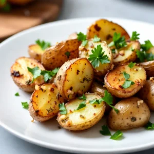 For garlic herb roasted potatoes, you need: - 2 lbs baby potatoes, halved - 4 cloves garlic, finely minced - 3 tablespoons extra virgin olive oil - 1 teaspoon dried rosemary - 1 teaspoon dried thyme - 1 teaspoon smoked paprika - Salt and freshly ground black pepper, to taste - Fresh parsley, finely chopped (for garnish) These ingredients work together to make a dish that is simple yet tasty. I often prefer fresh herbs for their bright taste. Fresh rosemary and thyme add a great aroma. However, dried herbs work well too. They are easy to store and still pack flavor. Use dried herbs if fresh ones are not available. Just remember, dried herbs are stronger. You need less of them. A good rule is to use one-third the amount of dried herbs compared to fresh. Garlic herb roasted potatoes are not only delicious but also good for you. A serving of these potatoes offers: - Calories: 200 - Carbohydrates: 35g - Protein: 4g - Fat: 7g - Fiber: 4g These potatoes give you energy and nutrients. You can enjoy them as a healthy side with any meal. {{ingredient_image_2}} Start by washing your baby potatoes. This step is key! Clean them well to remove any dirt. After washing, cut each potato in half. This helps them cook evenly. Aim for similar sizes to ensure they roast perfectly. In a large bowl, add your halved baby potatoes. Next, add minced garlic and olive oil. Sprinkle in the dried rosemary, thyme, and smoked paprika. Don&rsquo;t forget to add salt and black pepper to taste! Now, use your hands or a spatula to toss everything together. Make sure each potato is covered in that tasty mix. Now, it's time to roast! Preheat your oven to 400&deg;F (200&deg;C). Line a baking sheet with parchment paper for easy cleanup. Spread the seasoned potatoes on the sheet in a single layer. This helps them get crispy. Roast them in the oven for 30-35 minutes. Remember to stir them halfway through to get even browning. When they turn golden brown and crispy, they are done! After roasting, let them cool for a few minutes. Finally, sprinkle chopped parsley on top for a fresh look. Enjoy your garlic herb roasted potatoes! To get the best crispy potatoes, start by preheating your oven to 400&deg;F (200&deg;C). This hot temperature helps the potatoes brown nicely. When you coat them in oil and herbs, make sure every piece gets a good layer. Spread the potatoes out on the baking sheet. A single layer allows hot air to circulate, giving you a crisp finish. Stir them halfway through cooking to brown both sides. They should be golden and crispy outside, soft inside. Feel free to change the seasonings to fit your taste. If you love heat, add a pinch of cayenne pepper. For a fresh twist, mix in some lemon zest or juice. You can also swap the herbs. Try fresh rosemary or thyme instead of dried for a more vibrant flavor. If you want a smoky taste, add more smoked paprika. Adjust the salt and pepper based on your preference. This way, you can create a dish that feels just right for you. To make this dish smooth and easy, gather a few key tools. A large mixing bowl is essential for tossing the potatoes and seasonings. A baking sheet lined with parchment paper is great for roasting. This makes cleanup easy and helps prevent sticking. A sharp knife is important for halving the baby potatoes. Lastly, a spatula or wooden spoon works well for mixing everything together. Having the right tools makes cooking fun and efficient! Pro Tips Use Fresh Herbs: Fresh herbs can elevate the flavor of your roasted potatoes even more than dried ones. Consider using fresh rosemary or thyme if available. Try Different Potatoes: Experiment with various types of potatoes, such as Yukon Gold or red potatoes, for different textures and flavors. Pre-soak for Crispiness: Soaking the halved potatoes in cold water for 30 minutes before roasting can help achieve a crispier exterior. Don&rsquo;t Crowd the Pan: Make sure the potatoes are spaced out on the baking sheet to allow for even roasting and browning, preventing steaming. {{image_4}} You can use many types of potatoes for this dish. Baby potatoes are great for their size and taste. However, you can also try Yukon gold or red potatoes. These will add a nice creaminess. If you want something more unique, try fingerling potatoes. Their shape makes them fun and interesting. If you want to change the flavors, swap out the herbs. Instead of rosemary, use oregano or basil for a fresh taste. You can also try dill for a brighter flavor. For a spicy kick, add crushed red pepper flakes. These small changes can really bring out new tastes. You can make your roasted potatoes even better by adding extras. Cheese is a fantastic option. Try grating some Parmesan or tossing in feta for a salty bite. You can also add vegetables like bell peppers or onions. Just cut them into similar sizes and roast them with the potatoes. This makes for a colorful and tasty dish. After cooking your garlic herb roasted potatoes, let them cool for a bit. Place the potatoes in an airtight container. This helps keep them fresh. Store the container in the fridge. They will stay good for up to four days. Make sure to keep the lid tight to avoid moisture. To reheat these tasty potatoes, preheat your oven to 375&deg;F (190&deg;C). Spread the cold potatoes on a baking sheet. Heat them for about 10-15 minutes. This will help them get crispy again. You can also use a microwave. Just warm them for 1-2 minutes. The oven method keeps the texture better. Freezing garlic herb roasted potatoes is simple. First, let them cool completely. Then, place them in a freezer-safe bag. Remove as much air as you can before sealing. They will last for about three months in the freezer. When you're ready to eat them, thaw in the fridge overnight. Reheat them in the oven to restore their crispy goodness. Garlic herb roasted potatoes last about 3 to 5 days in the fridge. Store them in an airtight container. This keeps them fresh and tasty. When you want to eat them, just reheat. Yes, you can make garlic herb roasted potatoes ahead of time. Cook them, then cool them down. After that, store them in the fridge. When you are ready to serve, just reheat them in the oven for best results. This way, you save time and enjoy a warm side dish. Garlic herb roasted potatoes pair well with many dishes. They go great with grilled chicken, steak, or fish. You can also serve them with a fresh salad or a hearty soup. These potatoes add flavor and texture to your meal. Try them with your favorite protein for a complete dish. Garlic herb roasted potatoes come together with simple ingredients and clear steps. We explored the best herbs, nutritional facts, and tips for a crispy finish. You can mix and match flavors to suit your taste. Remember to store them properly for longer freshness. These potatoes make a great side dish for many meals. I hope you enjoy making them as much as I do!