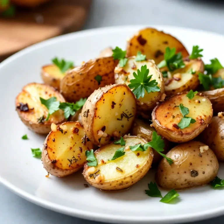 For garlic herb roasted potatoes, you need: - 2 lbs baby potatoes, halved - 4 cloves garlic, finely minced - 3 tablespoons extra virgin olive oil - 1 teaspoon dried rosemary - 1 teaspoon dried thyme - 1 teaspoon smoked paprika - Salt and freshly ground black pepper, to taste - Fresh parsley, finely chopped (for garnish) These ingredients work together to make a dish that is simple yet tasty. I often prefer fresh herbs for their bright taste. Fresh rosemary and thyme add a great aroma. However, dried herbs work well too. They are easy to store and still pack flavor. Use dried herbs if fresh ones are not available. Just remember, dried herbs are stronger. You need less of them. A good rule is to use one-third the amount of dried herbs compared to fresh. Garlic herb roasted potatoes are not only delicious but also good for you. A serving of these potatoes offers: - Calories: 200 - Carbohydrates: 35g - Protein: 4g - Fat: 7g - Fiber: 4g These potatoes give you energy and nutrients. You can enjoy them as a healthy side with any meal. {{ingredient_image_2}} Start by washing your baby potatoes. This step is key! Clean them well to remove any dirt. After washing, cut each potato in half. This helps them cook evenly. Aim for similar sizes to ensure they roast perfectly. In a large bowl, add your halved baby potatoes. Next, add minced garlic and olive oil. Sprinkle in the dried rosemary, thyme, and smoked paprika. Don’t forget to add salt and black pepper to taste! Now, use your hands or a spatula to toss everything together. Make sure each potato is covered in that tasty mix. Now, it's time to roast! Preheat your oven to 400°F (200°C). Line a baking sheet with parchment paper for easy cleanup. Spread the seasoned potatoes on the sheet in a single layer. This helps them get crispy. Roast them in the oven for 30-35 minutes. Remember to stir them halfway through to get even browning. When they turn golden brown and crispy, they are done! After roasting, let them cool for a few minutes. Finally, sprinkle chopped parsley on top for a fresh look. Enjoy your garlic herb roasted potatoes! To get the best crispy potatoes, start by preheating your oven to 400°F (200°C). This hot temperature helps the potatoes brown nicely. When you coat them in oil and herbs, make sure every piece gets a good layer. Spread the potatoes out on the baking sheet. A single layer allows hot air to circulate, giving you a crisp finish. Stir them halfway through cooking to brown both sides. They should be golden and crispy outside, soft inside. Feel free to change the seasonings to fit your taste. If you love heat, add a pinch of cayenne pepper. For a fresh twist, mix in some lemon zest or juice. You can also swap the herbs. Try fresh rosemary or thyme instead of dried for a more vibrant flavor. If you want a smoky taste, add more smoked paprika. Adjust the salt and pepper based on your preference. This way, you can create a dish that feels just right for you. To make this dish smooth and easy, gather a few key tools. A large mixing bowl is essential for tossing the potatoes and seasonings. A baking sheet lined with parchment paper is great for roasting. This makes cleanup easy and helps prevent sticking. A sharp knife is important for halving the baby potatoes. Lastly, a spatula or wooden spoon works well for mixing everything together. Having the right tools makes cooking fun and efficient! Pro Tips Use Fresh Herbs: Fresh herbs can elevate the flavor of your roasted potatoes even more than dried ones. Consider using fresh rosemary or thyme if available. Try Different Potatoes: Experiment with various types of potatoes, such as Yukon Gold or red potatoes, for different textures and flavors. Pre-soak for Crispiness: Soaking the halved potatoes in cold water for 30 minutes before roasting can help achieve a crispier exterior. Don’t Crowd the Pan: Make sure the potatoes are spaced out on the baking sheet to allow for even roasting and browning, preventing steaming. {{image_4}} You can use many types of potatoes for this dish. Baby potatoes are great for their size and taste. However, you can also try Yukon gold or red potatoes. These will add a nice creaminess. If you want something more unique, try fingerling potatoes. Their shape makes them fun and interesting. If you want to change the flavors, swap out the herbs. Instead of rosemary, use oregano or basil for a fresh taste. You can also try dill for a brighter flavor. For a spicy kick, add crushed red pepper flakes. These small changes can really bring out new tastes. You can make your roasted potatoes even better by adding extras. Cheese is a fantastic option. Try grating some Parmesan or tossing in feta for a salty bite. You can also add vegetables like bell peppers or onions. Just cut them into similar sizes and roast them with the potatoes. This makes for a colorful and tasty dish. After cooking your garlic herb roasted potatoes, let them cool for a bit. Place the potatoes in an airtight container. This helps keep them fresh. Store the container in the fridge. They will stay good for up to four days. Make sure to keep the lid tight to avoid moisture. To reheat these tasty potatoes, preheat your oven to 375°F (190°C). Spread the cold potatoes on a baking sheet. Heat them for about 10-15 minutes. This will help them get crispy again. You can also use a microwave. Just warm them for 1-2 minutes. The oven method keeps the texture better. Freezing garlic herb roasted potatoes is simple. First, let them cool completely. Then, place them in a freezer-safe bag. Remove as much air as you can before sealing. They will last for about three months in the freezer. When you're ready to eat them, thaw in the fridge overnight. Reheat them in the oven to restore their crispy goodness. Garlic herb roasted potatoes last about 3 to 5 days in the fridge. Store them in an airtight container. This keeps them fresh and tasty. When you want to eat them, just reheat. Yes, you can make garlic herb roasted potatoes ahead of time. Cook them, then cool them down. After that, store them in the fridge. When you are ready to serve, just reheat them in the oven for best results. This way, you save time and enjoy a warm side dish. Garlic herb roasted potatoes pair well with many dishes. They go great with grilled chicken, steak, or fish. You can also serve them with a fresh salad or a hearty soup. These potatoes add flavor and texture to your meal. Try them with your favorite protein for a complete dish. Garlic herb roasted potatoes come together with simple ingredients and clear steps. We explored the best herbs, nutritional facts, and tips for a crispy finish. You can mix and match flavors to suit your taste. Remember to store them properly for longer freshness. These potatoes make a great side dish for many meals. I hope you enjoy making them as much as I do!