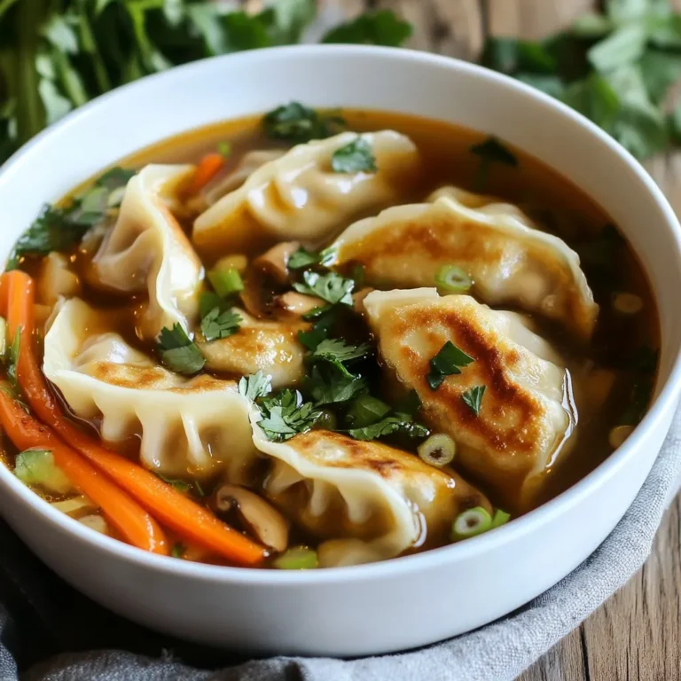 - 20 store-bought potstickers (choose between chicken or vegetable) - 6 cups of chicken or vegetable broth - 1 tablespoon sesame oil - 2 cloves garlic, finely minced - 1 tablespoon fresh ginger, finely grated - 1 medium carrot, julienned - 1 cup bok choy, roughly chopped - 1 cup shiitake mushrooms, thinly sliced - 2 green onions, sliced - Fresh cilantro leaves - 1 tablespoon soy sauce (or tamari for a gluten-free option) Potsticker soup is a warm hug in a bowl. The mix of flavors is rich yet comforting. You get tender potstickers swimming in a savory broth. This dish is simple but filled with tasty ingredients. For the main ingredients, I use store-bought potstickers to save time. You can choose chicken or vegetable. The broth adds depth. I prefer using chicken broth for a richer flavor, but vegetable works great too. The sesame oil, garlic, and ginger create a fragrant base. They give the soup a warm, inviting aroma. Next come the vegetables. I like to add julienned carrots for color and crunch. Bok choy is a must for its leafy goodness. Shiitake mushrooms add umami and texture. They soak up the broth’s flavor beautifully. Finally, the garnishes make the soup pop. Sliced green onions add a fresh bite. Fresh cilantro brings brightness. A splash of soy sauce or tamari can enhance the taste. You can adjust it to your liking. Gather these ingredients, and you are ready to make a delightful potsticker soup that warms your heart and home. {{ingredient_image_2}} First, heat 1 tablespoon of sesame oil in a large pot over medium heat. Once hot, add 2 cloves of minced garlic and 1 tablespoon of grated ginger. Sauté for about 1-2 minutes. You want to smell the lovely aroma. Next, pour in 6 cups of chicken or vegetable broth. Turn up the heat and bring the mixture to a gentle simmer. Once the broth is simmering, it's time to add some color. Add 1 medium julienned carrot and 1 cup of thinly sliced shiitake mushrooms. Cook these for about 5 minutes. You want the veggies tender but still a bit crisp. This keeps the soup exciting. Now, it’s time for the star of the show—potstickers! Carefully introduce 20 store-bought potstickers to the pot. Make sure to handle them gently. Let them cook in the broth for 8-10 minutes. This heats them through perfectly. After that, stir in 1 cup of roughly chopped bok choy and 1 tablespoon of soy sauce. Cook for an extra 2-3 minutes. You’ll see the bok choy wilt and turn bright green. Taste the soup and add salt and pepper as you like. Now, you’re ready to enjoy your potsticker soup! To make your potsticker soup shine, focus on seasoning. Start with salt and pepper. Taste as you go. This lets you find the right balance. For more depth, try adding a splash of soy sauce. It brings out the umami in the broth. Also, consider adding a bit of vinegar or lime juice for brightness. These small tweaks can transform your soup into a flavorful delight. Handling potstickers can be tricky. To keep them intact, gently introduce them to the broth. Use a spoon to lower each potsticker slowly. This avoids breaking them. When cooking, keep the broth at a gentle simmer. A rolling boil can make potstickers fall apart. Stir carefully to maintain their shape. Serving your soup beautifully makes it even more inviting. Use deep, colorful bowls to enhance the look. Ladle the soup in, ensuring each bowl has a few potstickers. For a finishing touch, drizzle sesame oil over the top. This adds a glossy finish and rich flavor. Finally, garnish with sliced green onions and fresh cilantro. These toppings not only taste great but also add a pop of color. Pro Tips Prepare Ahead: You can prep the vegetables in advance and store them in the fridge, making the cooking process quicker when you're ready to make the soup. Potsticker Choice: Experiment with different types of potstickers such as pork or shrimp for a unique flavor twist in your soup. Broth Variations: For a richer flavor, consider using homemade broth or adding a splash of mirin or rice vinegar to the store-bought broth. Extra Garnish: Adding a few drops of chili oil or a sprinkle of sesame seeds just before serving can elevate the soup's flavor profile. {{image_4}} You can switch out store-bought potstickers for homemade ones. Making potstickers from scratch gives you control over the filling. Use ground pork, chicken, or tofu. You can also create them with a mix of veggies for a fun twist. Want to go meat-free? Try a vegetarian or vegan potsticker. Fill them with mushrooms, cabbage, or carrots. These options keep the soup tasty and satisfying. If you want to change the flavor, consider using flavored broths. Miso broth adds depth and umami. You can also use bone broth for extra richness. For gluten-free diets, use tamari instead of soy sauce. Ensure your broth is gluten-free too. This way, everyone can enjoy a warm bowl of potsticker soup without worry. Add other vegetables to boost nutrition and flavor. Snow peas or spinach work well in this soup. You can also use bell peppers for color and crunch. Seasonal veggies are great too. In spring, try asparagus or peas. In fall, add butternut squash. The possibilities are endless, and these choices make your soup even more delightful. To keep your potsticker soup fresh, refrigerate it right away. Let it cool first, then transfer it to a container. Use an airtight container to prevent spills and keep flavors locked in. This soup stays good in the fridge for up to three days. When you want to warm up your soup, use a pot on medium heat. Stir gently to avoid breaking the potstickers. You can also use the microwave. Heat it in short bursts, stirring in between, to keep the texture nice. To freshen up leftovers, add a splash of broth or a bit of water. This will bring back some of the soup's original flavor. If you want to freeze your soup, wait for it to cool completely. Pour it into freezer-safe containers or bags. Leave some space at the top for expansion. You can freeze it for about three months. When ready to eat, thaw it in the fridge overnight. Reheat it gently on the stove or in the microwave, as mentioned above, for the best taste. Yes, you can use homemade potstickers! They add a personal touch. Homemade potstickers often taste fresher than store-bought ones. You can control the flavors and fillings. Plus, making them lets you choose healthier ingredients. If you enjoy cooking, this is a fun option. You can serve many dishes with potsticker soup. Here are some great sides: - Steamed rice for a filling meal. - A light salad with sesame dressing. - Crispy spring rolls for extra crunch. - Pickled vegetables for a tangy contrast. To add spice to your soup, try these ideas: - Add red pepper flakes while cooking. - Mix in a spoon of chili paste. - Include sliced jalapeños for fresh heat. - Serve with hot sauce on the side. Yes, this soup is excellent for meal prep! Here’s how: - Cook and cool the soup before storing. - Use airtight containers for easy storage. - Store soup for up to three days in the fridge. - Reheat gently on the stove to keep potstickers intact. This potsticker soup comes together with simple ingredients and easy steps. You can enjoy tasty store-bought potstickers, rich broth, and fresh veggies. Use sesame oil, garlic, and ginger for bold flavor. Remember to garnish with green onions and cilantro for a bright finish. As you try this recipe, don't hesitate to make it your own. Adjust flavors, add different veggies, or even change the broth. Cooking should be fun and personal, so enjoy every bite!
