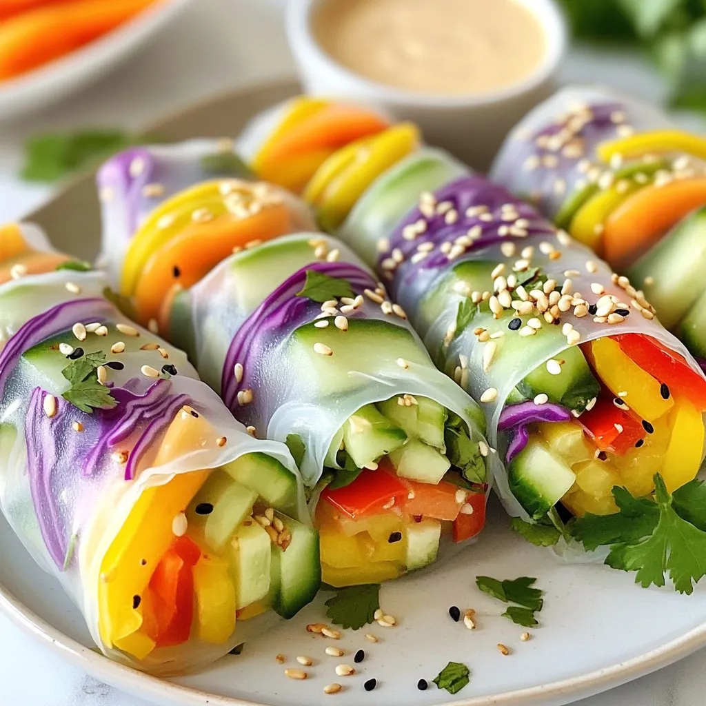 - 8 rice paper wrappers - 1 cup red cabbage, thinly sliced - 1 cup carrots, julienned - 1 cup cucumber, julienned - 1 cup assorted bell peppers, thinly sliced (using a mix of colors) - 1 ripe avocado, sliced - 1 cup fresh mint leaves - 1 cup fresh cilantro leaves - ¼ cup sesame seeds (for garnish) - ½ cup almond butter - 2 tablespoons soy sauce - 1 tablespoon fresh lime juice - 1 tablespoon honey or agave syrup - Salt and pepper to taste The main ingredients for your Rainbow Veggie Spring Rolls are simple yet vibrant. You'll need rice paper wrappers to hold everything together. They are soft and light, perfect for wrapping. Next, grab your colorful veggies. I like to use red cabbage, carrots, and cucumber. The bell peppers add even more color. Choose a mix of red, yellow, and green for a beautiful look. Don't forget the avocado! It adds creaminess that everyone loves. Fresh herbs like mint and cilantro bring extra flavor. Finally, sprinkle sesame seeds on top for a nice crunch. For the dipping sauce, you need almond butter as the base. It gives a rich and nutty flavor. Add soy sauce, fresh lime juice, and honey or agave syrup to balance the taste. A pinch of salt and pepper enhances the mix. These ingredients come together to create a fresh and colorful snack. Enjoy making these spring rolls, and have fun with the vibrant colors! {{ingredient_image_2}} - Washing and slicing: Start by washing all your vegetables under cold water. Ensure they are clean and crisp. Slice the red cabbage into thin strips. Julienne the carrots and cucumber into long, thin pieces. Cut the bell peppers into thin slices. - Arranging for assembly: Next, arrange the sliced vegetables on a plate. This makes it easy to grab each one as you assemble your rolls. - Mixing ingredients: In a small bowl, combine almond butter, soy sauce, lime juice, and honey. Stir these together until smooth. - Allowing flavors to meld: Let the sauce sit for a few minutes. This will help the flavors blend well together. - Steps to soften wrappers: Fill a wide dish with warm water. Dip one rice paper wrapper into the water for about 10-15 seconds. You want it soft and pliable. - Tips for handling: Be gentle when lifting the wrapper from the water. It can tear easily if you rush. - Layering the filling: Once the rice paper is ready, place it on a flat surface. In the center, add a small handful of red cabbage, julienned carrots, cucumber, sliced bell peppers, avocado slices, and some mint and cilantro leaves. - Positioning the ingredients: Make sure to not overfill the wrapper. Leave some space at the edges for wrapping. - Folding techniques: Fold the sides of the rice paper over the filling. Tuck the vegetables in gently. - Ensuring a tight seal: Starting from the bottom, roll the wrapper away from you. Keep it tight to secure the filling inside. - Sprinkling sesame seeds: After wrapping all the spring rolls, sprinkle sesame seeds over them. This adds a nice crunch. - Plating suggestions: Arrange the spring rolls on a large platter. Serve them with the creamy almond dipping sauce on the side for a tasty treat. To make the best rainbow veggie spring rolls, you need fresh vegetables. Choose bright, crisp veggies. Look for vibrant colors and firm textures. Red cabbage should be deep purple, and carrots should be bright orange. For cucumbers, pick ones that feel heavy for their size. Bell peppers should be smooth and shiny. Store leftover veggies in a sealed bag in the fridge. This keeps them fresh longer. Use them within a few days for the best taste. Rolling rice paper takes some practice. To avoid tearing, soak the wrappers for just 10-15 seconds. If you soak them too long, they may break. Lay the wrapper flat on a clean surface. Add your fillings in the center but leave space on the edges. For tight rolls, fold the sides in first. Then, roll from the bottom. Keep everything snug as you roll. This technique helps hold the fillings in place and keeps your spring rolls intact. Dipping sauce makes your spring rolls even better. Try almond butter with soy sauce and lime juice. This mix adds creaminess and tang. You can also use sweet chili sauce for a spicy kick. Pair your spring rolls with a fresh salad or some fruit. A side of sliced mango or pineapple works well. These flavors balance the veggies and add a fun twist to your meal. Pro Tips Fresh Ingredients: Use fresh vegetables for the best flavor and crunch. The more vibrant and fresh your veggies, the more colorful and tasty your spring rolls will be! Perfectly Soaked Rice Paper: Make sure not to soak the rice paper too long; it should be pliable but not falling apart. A quick dip of 10-15 seconds is usually perfect. Customize Your Fillings: Feel free to add or substitute any vegetables you like. You can also include proteins such as shrimp, tofu, or chicken for a heartier option. Roll Tightly: Ensure your rolls are tightly wrapped to prevent them from falling apart during dipping and eating. Practice makes perfect! {{image_4}} You can change up your spring rolls by adding proteins. Tofu works really well. It absorbs flavors nicely. Shrimp is another tasty choice. Just cook it lightly before adding. You can also mix different vegetables. Try radishes, spinach, or even bean sprouts. The colors and textures will excite your taste buds. If you want to keep it vegan, use agave syrup instead of honey. You can also switch up the veggies. Sweet potatoes, zucchini, or even kale can add a fun twist. Experiment with what you have on hand. This way, you keep your spring rolls fresh and exciting every time. Think about flavors from around the world. Add Thai basil or lemongrass for a Southeast Asian twist. Try using pickled vegetables for a sharp flavor. For dipping sauces, mix soy sauce with sriracha for heat. Or combine peanut butter with coconut milk for a creamy dip. The options are endless, so get creative! To keep your spring rolls fresh, store them in the fridge. Place them in an airtight container. This helps to maintain their color and crunch. You can also layer them between damp paper towels. This prevents them from sticking together. Rainbow veggie spring rolls last about 2 to 3 days in the fridge. Look for signs of spoilage. If they feel slimy or smell off, it’s time to toss them. Fresh spring rolls should have a firm texture and bright colors. Enjoy them while they are still fresh for the best taste! Yes, you can make spring rolls in advance. I recommend making them no more than 1 day ahead. This keeps them fresh and tasty. Store your rolls in an airtight container. Place parchment paper between layers to prevent sticking. Keep them in the fridge until you are ready to eat. To soften rice paper wrappers, use warm water. Fill a shallow dish with warm water. Dip one wrapper for 10-15 seconds. It should feel soft and flexible. Be careful not to soak them too long. If they get too mushy, they will tear. You can use leftover veggies in many ways. Add them to salads or stir-fries. You can even blend them into smoothies for a healthy boost. Another idea is to make a veggie wrap or sandwich. Use whole grain bread or tortillas for a fun twist. This way, you enjoy every bit of your fresh ingredients! You can create delicious spring rolls using fresh ingredients. We looked at essential items, like rice paper and colorful veggies, along with a tasty dipping sauce. The step-by-step guide made assembling easy, from prepping veggies to rolling techniques. Remember to store leftovers properly to keep them fresh. Feel free to explore variations with proteins and global flavors. Now, with these tips, you can enjoy tasty, homemade spring rolls any time!