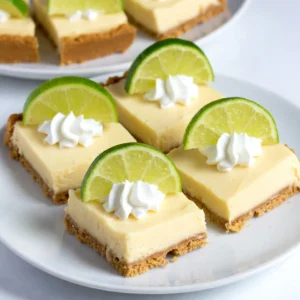 - 1 &frac12; cups graham cracker crumbs - &frac12; cup unsalted butter, melted - &frac14; cup granulated sugar - 1 (14 oz) can sweetened condensed milk - &frac12; cup fresh key lime juice (about 15-20 limes) - 3 large egg yolks - 1 tablespoon lime zest - &frac12; teaspoon salt - Whipped cream for topping - Lime slices for garnish You don't need much to make these bars. Here&rsquo;s what you will use: - 8x8-inch baking dish - Mixing bowls - Whisk - Measuring cups and spoons - Spatula - Knife for cutting If you can't find key limes, you can use regular limes. The taste will change, but it still tastes great. For the crust, you can replace graham crackers with digestive biscuits. If you want a dairy-free option, use coconut cream instead of sweetened condensed milk. You can also swap the unsalted butter for vegan butter if needed. {{ingredient_image_2}} First, set your oven to 350&deg;F (175&deg;C). This step makes sure your pie bars bake evenly. If your oven is not ready, the crust may not bake right. In a bowl, mix 1 &frac12; cups of graham cracker crumbs, &frac12; cup of melted unsalted butter, and &frac14; cup of granulated sugar. Stir until it feels moist and crumbly. Next, grease an 8x8-inch baking dish. Press the crumb mix into the bottom firmly. It should be flat and even. Bake for 10 minutes, until golden. Once done, take it out and let it cool. While the crust cools, grab another bowl. Whisk together 1 can of sweetened condensed milk, &frac12; cup of fresh key lime juice, 3 egg yolks, 1 tablespoon of lime zest, and &frac12; teaspoon of salt. Mix well until smooth. This filling is the star of your bars, so make sure it&rsquo;s blended nicely. Now, pour the key lime mix over the cooled crust. Spread it evenly. Put the dish back in the oven and bake for 15-20 minutes. Look for a slight jiggle in the center; this means it's ready. After baking, let the bars cool for 30 minutes at room temperature. Then, chill them in the fridge for at least 2 hours. This helps them firm up before you cut them. When serving, cut into squares and top with whipped cream and a slice of lime. Enjoy this tasty treat! To make the best crust, use fresh graham cracker crumbs. You can crush whole crackers in a food processor for a finer texture. Mix the crumbs with melted unsalted butter and granulated sugar. Press the mixture firmly into your baking dish. Bake until it is lightly golden. This step ensures a crunchy base for your bars. Fresh key limes give the best flavor. You will need about 15-20 limes for half a cup of juice. Roll the limes before cutting to get more juice. Use a microplane to zest the limes. The zest adds a bright touch and enhances the flavor. Always strain the juice to remove any pulp or seeds. When mixing the filling, whisk the sweetened condensed milk, key lime juice, egg yolks, lime zest, and salt until smooth. It should have a creamy texture without lumps. Pour it slowly over the cooled crust. Bake until it&rsquo;s just set, with a slight jiggle in the center. This ensures a creamy and smooth filling that melts in your mouth. Pro Tips Use Fresh Limes: For the best flavor, always opt for fresh key limes instead of bottled juice. Fresh limes provide a vibrant taste that elevates the pie bars. Chill Thoroughly: Allow the bars to chill for at least 2 hours after baking. This step is crucial for achieving the perfect texture and helps the filling set properly. Uniform Slices: To cut the bars into even squares, use a sharp knife dipped in warm water. Wiping the knife between cuts will help maintain clean edges. Customize the Topping: Get creative with your toppings! Try adding crushed graham crackers, lime zest, or even toasted coconut for an extra layer of flavor and texture. {{image_4}} You can make mini key lime pie bars for fun bite-sized treats. Use a mini muffin tin instead of a baking dish. Press the crust mixture into each cup. Pour the lime filling on top, filling each cup about three-quarters full. Bake them just like the larger bars. They take less time to cook, so watch them closely. These mini bars are perfect for parties or gatherings. Toppings can make your key lime pie bars even more special. Try adding fresh fruit like berries or mango. You can also sprinkle toasted coconut on top for some crunch. A drizzle of chocolate or caramel sauce can add a sweet twist. Keep the whipped cream, as it pairs well with the tart lime flavor. Get creative and mix flavors that you love. If you want to try something new, use different bases for your crust. You can substitute graham cracker crumbs with crushed vanilla wafers or shortbread cookies. For a gluten-free option, use almond flour or gluten-free cookies. Each option gives a unique flavor to your bars. Experiment to find your favorite crust. To keep your Key Lime Pie Bars fresh, store them in the fridge. Use an airtight container. This helps prevent them from drying out. If you don&rsquo;t have a container, cover them tightly with plastic wrap. Make sure the bars are completely cool before storing. This keeps the texture just right. When stored well, these bars last up to five days in the fridge. After that, they may lose their fresh taste. If you notice any change in texture or smell, it&rsquo;s best to toss them. Always check for signs of spoilage before enjoying. You can freeze these bars if you want to save some for later. Cut them into squares first. Wrap each square in plastic wrap. Then place them in a freezer-safe bag or container. These bars can be frozen for up to three months. When ready to eat, thaw them in the fridge overnight. Enjoy them cool for a refreshing treat! Key limes are small, round, and green. They have a strong, tart flavor. They are different from regular limes, which are larger and yellow. Key limes grow best in warm, humid places. They are often used in desserts, like key lime pie. Their juice gives a bright taste that makes dishes pop. You can use bottled lime juice, but fresh juice is better. Fresh key lime juice gives a stronger flavor. Bottled juice may taste less vibrant. If you use bottled juice, check the label for added sugars. It may change the taste of your bars. For best results, stick with fresh key limes. The bars are done when the filling is set. You want a slight jiggle in the middle. This means they are cooked but still creamy. Keep an eye on them in the oven. Overbaking can make the filling tough. Trust your senses; they will smell great when done! Yes, you can make these bars ahead of time. They taste even better after chilling. You can bake them a day in advance. Just cover them well and store them in the fridge. When you're ready to serve, cut and top with whipped cream. This makes for an easy dessert! Making Key Lime Pie Bars is fun and easy. We went through all the key steps. We covered ingredients, equipment, and substitutions. Then, we walked through the baking process. I shared tips for a perfect crust and variations to try. Lastly, I explained how to store your bars. I hope this guide helps you enjoy making these tasty treats! Every bite is worth the effort. Enjoy sharing your delicious bars with family and friends!