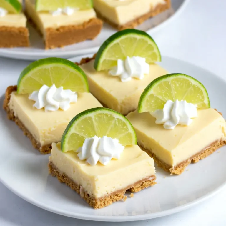 - 1 ½ cups graham cracker crumbs - ½ cup unsalted butter, melted - ¼ cup granulated sugar - 1 (14 oz) can sweetened condensed milk - ½ cup fresh key lime juice (about 15-20 limes) - 3 large egg yolks - 1 tablespoon lime zest - ½ teaspoon salt - Whipped cream for topping - Lime slices for garnish You don't need much to make these bars. Here’s what you will use: - 8x8-inch baking dish - Mixing bowls - Whisk - Measuring cups and spoons - Spatula - Knife for cutting If you can't find key limes, you can use regular limes. The taste will change, but it still tastes great. For the crust, you can replace graham crackers with digestive biscuits. If you want a dairy-free option, use coconut cream instead of sweetened condensed milk. You can also swap the unsalted butter for vegan butter if needed. {{ingredient_image_2}} First, set your oven to 350°F (175°C). This step makes sure your pie bars bake evenly. If your oven is not ready, the crust may not bake right. In a bowl, mix 1 ½ cups of graham cracker crumbs, ½ cup of melted unsalted butter, and ¼ cup of granulated sugar. Stir until it feels moist and crumbly. Next, grease an 8x8-inch baking dish. Press the crumb mix into the bottom firmly. It should be flat and even. Bake for 10 minutes, until golden. Once done, take it out and let it cool. While the crust cools, grab another bowl. Whisk together 1 can of sweetened condensed milk, ½ cup of fresh key lime juice, 3 egg yolks, 1 tablespoon of lime zest, and ½ teaspoon of salt. Mix well until smooth. This filling is the star of your bars, so make sure it’s blended nicely. Now, pour the key lime mix over the cooled crust. Spread it evenly. Put the dish back in the oven and bake for 15-20 minutes. Look for a slight jiggle in the center; this means it's ready. After baking, let the bars cool for 30 minutes at room temperature. Then, chill them in the fridge for at least 2 hours. This helps them firm up before you cut them. When serving, cut into squares and top with whipped cream and a slice of lime. Enjoy this tasty treat! To make the best crust, use fresh graham cracker crumbs. You can crush whole crackers in a food processor for a finer texture. Mix the crumbs with melted unsalted butter and granulated sugar. Press the mixture firmly into your baking dish. Bake until it is lightly golden. This step ensures a crunchy base for your bars. Fresh key limes give the best flavor. You will need about 15-20 limes for half a cup of juice. Roll the limes before cutting to get more juice. Use a microplane to zest the limes. The zest adds a bright touch and enhances the flavor. Always strain the juice to remove any pulp or seeds. When mixing the filling, whisk the sweetened condensed milk, key lime juice, egg yolks, lime zest, and salt until smooth. It should have a creamy texture without lumps. Pour it slowly over the cooled crust. Bake until it’s just set, with a slight jiggle in the center. This ensures a creamy and smooth filling that melts in your mouth. Pro Tips Use Fresh Limes: For the best flavor, always opt for fresh key limes instead of bottled juice. Fresh limes provide a vibrant taste that elevates the pie bars. Chill Thoroughly: Allow the bars to chill for at least 2 hours after baking. This step is crucial for achieving the perfect texture and helps the filling set properly. Uniform Slices: To cut the bars into even squares, use a sharp knife dipped in warm water. Wiping the knife between cuts will help maintain clean edges. Customize the Topping: Get creative with your toppings! Try adding crushed graham crackers, lime zest, or even toasted coconut for an extra layer of flavor and texture. {{image_4}} You can make mini key lime pie bars for fun bite-sized treats. Use a mini muffin tin instead of a baking dish. Press the crust mixture into each cup. Pour the lime filling on top, filling each cup about three-quarters full. Bake them just like the larger bars. They take less time to cook, so watch them closely. These mini bars are perfect for parties or gatherings. Toppings can make your key lime pie bars even more special. Try adding fresh fruit like berries or mango. You can also sprinkle toasted coconut on top for some crunch. A drizzle of chocolate or caramel sauce can add a sweet twist. Keep the whipped cream, as it pairs well with the tart lime flavor. Get creative and mix flavors that you love. If you want to try something new, use different bases for your crust. You can substitute graham cracker crumbs with crushed vanilla wafers or shortbread cookies. For a gluten-free option, use almond flour or gluten-free cookies. Each option gives a unique flavor to your bars. Experiment to find your favorite crust. To keep your Key Lime Pie Bars fresh, store them in the fridge. Use an airtight container. This helps prevent them from drying out. If you don’t have a container, cover them tightly with plastic wrap. Make sure the bars are completely cool before storing. This keeps the texture just right. When stored well, these bars last up to five days in the fridge. After that, they may lose their fresh taste. If you notice any change in texture or smell, it’s best to toss them. Always check for signs of spoilage before enjoying. You can freeze these bars if you want to save some for later. Cut them into squares first. Wrap each square in plastic wrap. Then place them in a freezer-safe bag or container. These bars can be frozen for up to three months. When ready to eat, thaw them in the fridge overnight. Enjoy them cool for a refreshing treat! Key limes are small, round, and green. They have a strong, tart flavor. They are different from regular limes, which are larger and yellow. Key limes grow best in warm, humid places. They are often used in desserts, like key lime pie. Their juice gives a bright taste that makes dishes pop. You can use bottled lime juice, but fresh juice is better. Fresh key lime juice gives a stronger flavor. Bottled juice may taste less vibrant. If you use bottled juice, check the label for added sugars. It may change the taste of your bars. For best results, stick with fresh key limes. The bars are done when the filling is set. You want a slight jiggle in the middle. This means they are cooked but still creamy. Keep an eye on them in the oven. Overbaking can make the filling tough. Trust your senses; they will smell great when done! Yes, you can make these bars ahead of time. They taste even better after chilling. You can bake them a day in advance. Just cover them well and store them in the fridge. When you're ready to serve, cut and top with whipped cream. This makes for an easy dessert! Making Key Lime Pie Bars is fun and easy. We went through all the key steps. We covered ingredients, equipment, and substitutions. Then, we walked through the baking process. I shared tips for a perfect crust and variations to try. Lastly, I explained how to store your bars. I hope this guide helps you enjoy making these tasty treats! Every bite is worth the effort. Enjoy sharing your delicious bars with family and friends!
