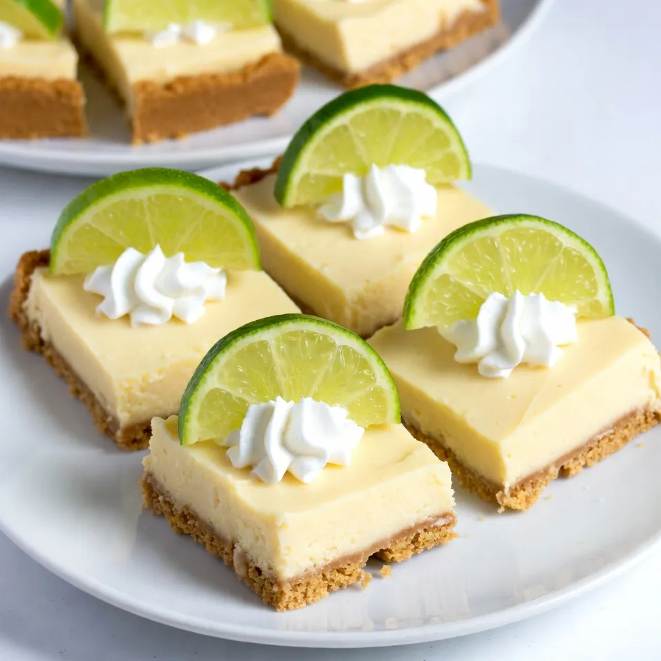 - 1 ½ cups graham cracker crumbs - ½ cup unsalted butter, melted - ¼ cup granulated sugar - 1 (14 oz) can sweetened condensed milk - ½ cup fresh key lime juice (about 15-20 limes) - 3 large egg yolks - 1 tablespoon lime zest - ½ teaspoon salt - Whipped cream for topping - Lime slices for garnish You don't need much to make these bars. Here’s what you will use: - 8x8-inch baking dish - Mixing bowls - Whisk - Measuring cups and spoons - Spatula - Knife for cutting If you can't find key limes, you can use regular limes. The taste will change, but it still tastes great. For the crust, you can replace graham crackers with digestive biscuits. If you want a dairy-free option, use coconut cream instead of sweetened condensed milk. You can also swap the unsalted butter for vegan butter if needed. {{ingredient_image_2}} First, set your oven to 350°F (175°C). This step makes sure your pie bars bake evenly. If your oven is not ready, the crust may not bake right. In a bowl, mix 1 ½ cups of graham cracker crumbs, ½ cup of melted unsalted butter, and ¼ cup of granulated sugar. Stir until it feels moist and crumbly. Next, grease an 8x8-inch baking dish. Press the crumb mix into the bottom firmly. It should be flat and even. Bake for 10 minutes, until golden. Once done, take it out and let it cool. While the crust cools, grab another bowl. Whisk together 1 can of sweetened condensed milk, ½ cup of fresh key lime juice, 3 egg yolks, 1 tablespoon of lime zest, and ½ teaspoon of salt. Mix well until smooth. This filling is the star of your bars, so make sure it’s blended nicely. Now, pour the key lime mix over the cooled crust. Spread it evenly. Put the dish back in the oven and bake for 15-20 minutes. Look for a slight jiggle in the center; this means it's ready. After baking, let the bars cool for 30 minutes at room temperature. Then, chill them in the fridge for at least 2 hours. This helps them firm up before you cut them. When serving, cut into squares and top with whipped cream and a slice of lime. Enjoy this tasty treat! To make the best crust, use fresh graham cracker crumbs. You can crush whole crackers in a food processor for a finer texture. Mix the crumbs with melted unsalted butter and granulated sugar. Press the mixture firmly into your baking dish. Bake until it is lightly golden. This step ensures a crunchy base for your bars. Fresh key limes give the best flavor. You will need about 15-20 limes for half a cup of juice. Roll the limes before cutting to get more juice. Use a microplane to zest the limes. The zest adds a bright touch and enhances the flavor. Always strain the juice to remove any pulp or seeds. When mixing the filling, whisk the sweetened condensed milk, key lime juice, egg yolks, lime zest, and salt until smooth. It should have a creamy texture without lumps. Pour it slowly over the cooled crust. Bake until it’s just set, with a slight jiggle in the center. This ensures a creamy and smooth filling that melts in your mouth. Pro Tips Use Fresh Limes: For the best flavor, always opt for fresh key limes instead of bottled juice. Fresh limes provide a vibrant taste that elevates the pie bars. Chill Thoroughly: Allow the bars to chill for at least 2 hours after baking. This step is crucial for achieving the perfect texture and helps the filling set properly. Uniform Slices: To cut the bars into even squares, use a sharp knife dipped in warm water. Wiping the knife between cuts will help maintain clean edges. Customize the Topping: Get creative with your toppings! Try adding crushed graham crackers, lime zest, or even toasted coconut for an extra layer of flavor and texture. {{image_4}} You can make mini key lime pie bars for fun bite-sized treats. Use a mini muffin tin instead of a baking dish. Press the crust mixture into each cup. Pour the lime filling on top, filling each cup about three-quarters full. Bake them just like the larger bars. They take less time to cook, so watch them closely. These mini bars are perfect for parties or gatherings. Toppings can make your key lime pie bars even more special. Try adding fresh fruit like berries or mango. You can also sprinkle toasted coconut on top for some crunch. A drizzle of chocolate or caramel sauce can add a sweet twist. Keep the whipped cream, as it pairs well with the tart lime flavor. Get creative and mix flavors that you love. If you want to try something new, use different bases for your crust. You can substitute graham cracker crumbs with crushed vanilla wafers or shortbread cookies. For a gluten-free option, use almond flour or gluten-free cookies. Each option gives a unique flavor to your bars. Experiment to find your favorite crust. To keep your Key Lime Pie Bars fresh, store them in the fridge. Use an airtight container. This helps prevent them from drying out. If you don’t have a container, cover them tightly with plastic wrap. Make sure the bars are completely cool before storing. This keeps the texture just right. When stored well, these bars last up to five days in the fridge. After that, they may lose their fresh taste. If you notice any change in texture or smell, it’s best to toss them. Always check for signs of spoilage before enjoying. You can freeze these bars if you want to save some for later. Cut them into squares first. Wrap each square in plastic wrap. Then place them in a freezer-safe bag or container. These bars can be frozen for up to three months. When ready to eat, thaw them in the fridge overnight. Enjoy them cool for a refreshing treat! Key limes are small, round, and green. They have a strong, tart flavor. They are different from regular limes, which are larger and yellow. Key limes grow best in warm, humid places. They are often used in desserts, like key lime pie. Their juice gives a bright taste that makes dishes pop. You can use bottled lime juice, but fresh juice is better. Fresh key lime juice gives a stronger flavor. Bottled juice may taste less vibrant. If you use bottled juice, check the label for added sugars. It may change the taste of your bars. For best results, stick with fresh key limes. The bars are done when the filling is set. You want a slight jiggle in the middle. This means they are cooked but still creamy. Keep an eye on them in the oven. Overbaking can make the filling tough. Trust your senses; they will smell great when done! Yes, you can make these bars ahead of time. They taste even better after chilling. You can bake them a day in advance. Just cover them well and store them in the fridge. When you're ready to serve, cut and top with whipped cream. This makes for an easy dessert! Making Key Lime Pie Bars is fun and easy. We went through all the key steps. We covered ingredients, equipment, and substitutions. Then, we walked through the baking process. I shared tips for a perfect crust and variations to try. Lastly, I explained how to store your bars. I hope this guide helps you enjoy making these tasty treats! Every bite is worth the effort. Enjoy sharing your delicious bars with family and friends!