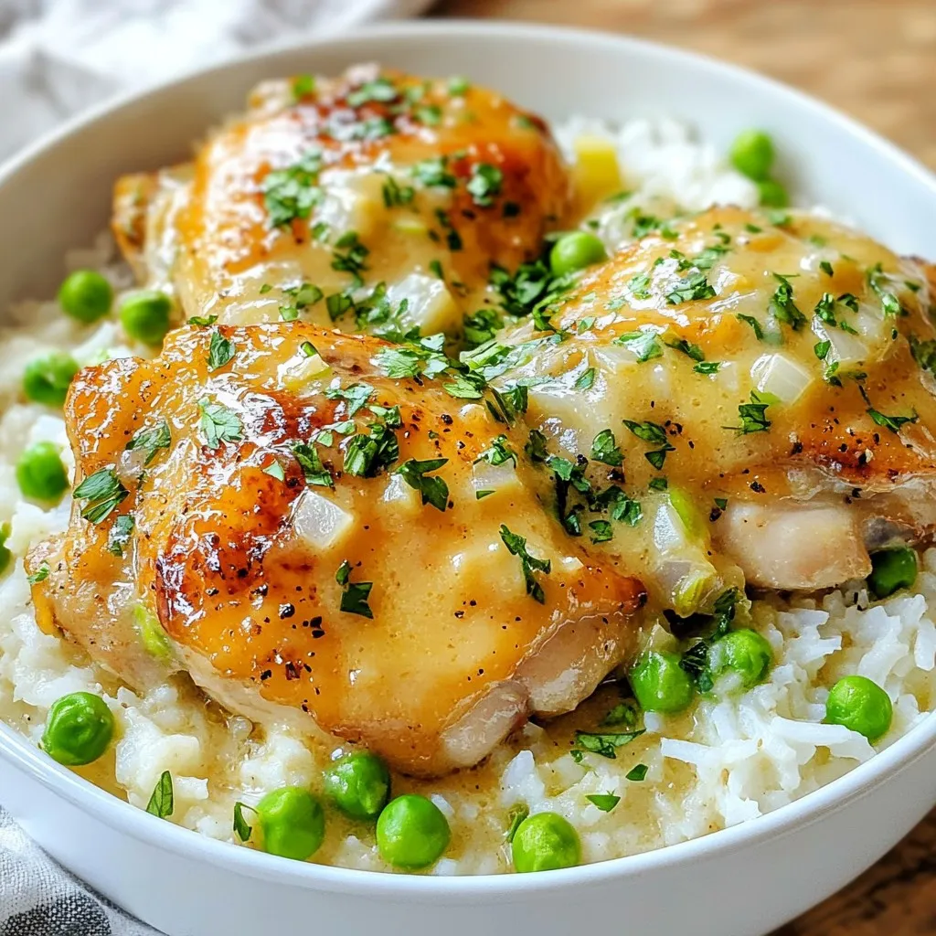 - 4 boneless, skinless chicken thighs - 1 cup long-grain white rice - 2 cups chicken broth (low-sodium recommended) - 1 cup heavy cream - 1 medium onion, diced - 3 cloves garlic, minced - 1 cup frozen peas - 1 teaspoon dried thyme - 1 teaspoon paprika - Salt and pepper to taste - 2 tablespoons olive oil - Fresh parsley, chopped (for garnish) When you gather your ingredients, it's key to measure them correctly. For the chicken, you want four thighs, which gives you juicy and tender meat. Use one cup of long-grain white rice. This rice cooks well and keeps a nice texture. For the broth, two cups will give your dish the right amount of moisture. The heavy cream adds richness, so make sure to use one cup. When it comes to the onion, chop one medium onion. You need three cloves of garlic, minced to add flavor. A cup of frozen peas adds color and sweetness. For the spices, a teaspoon each of dried thyme and paprika will elevate the dish. Finally, salt and pepper enhance the taste. Use two tablespoons of olive oil for cooking. If you don't have chicken thighs, you can use chicken breasts or drumsticks. Both will work fine. For the rice, brown rice can be a healthy swap, but cook it longer. If you want a lighter option, you can replace heavy cream with half-and-half or coconut milk. If you lack fresh peas, canned peas or even green beans can work. Don't worry if you don't have thyme; oregano or Italian seasoning can be great substitutes. Use any mild oil if you don’t have olive oil, like canola or vegetable oil. Adjust as needed to fit your taste and pantry! {{ingredient_image_2}} First, gather your chicken thighs. I always use boneless and skinless thighs for this dish. They stay juicy and tender. Next, season them well. Use salt, pepper, paprika, and thyme. The spices really boost the flavor. Coat each piece evenly. This step makes a big difference in taste. Now, heat olive oil in a large skillet. Set the heat to medium-high. When the oil shimmers, add the chicken thighs. Sear them for about 5 to 6 minutes on each side. You want them to turn a nice golden-brown color. This step locks in flavors and gives a great texture. Once done, remove the chicken and place it on a plate. In the same skillet, add chopped onion. Sauté for about 3 to 4 minutes. Stir it often until the onion turns soft and translucent. This step brings out the natural sweetness of the onion. After that, add minced garlic. Cook it for just 1 more minute. The garlic will become fragrant. This aroma makes your kitchen come alive! Toasting the rice is simple and fun. First, you add the long-grain white rice to the skillet with the onions and garlic. Stir it well. Let it toast for about two minutes. This step brings out the rice's flavor. You will notice a light, nutty aroma. It is an easy way to make your rice taste better. Next, it’s time for the chicken broth. Pour in two cups of low-sodium chicken broth slowly. As you pour, use a wooden spoon to scrape the bottom of the skillet. This helps lift all those tasty bits stuck to the pan. Bringing this mixture to a gentle simmer is key. The steam will start to rise, and you’ll know it’s almost time to add the chicken back in. After the broth is simmering, return the seared chicken thighs to the skillet. Cover it with a lid and reduce the heat to low. Let it cook for about 20 minutes. This allows the rice to soak up the broth and become tender. After 20 minutes, check if the rice is done. If it feels firm, add a splash of broth or water. Cover it again and cook until the rice is fluffy. This step ensures your dish will be creamy and full of flavor. Pro Tips Choose the Right Chicken: Opt for bone-in chicken thighs for extra flavor and moisture, but if you prefer boneless, ensure they are well-seasoned before cooking. Deglaze the Pan: Always scrape the bottom of the skillet while adding the broth to ensure all the flavorful bits are incorporated into the dish. Monitor Rice Consistency: Check the rice periodically after 20 minutes; add more liquid as needed to achieve a fluffy texture without overcooking. Enhance Creaminess: For an even richer sauce, consider adding a tablespoon of cream cheese along with the heavy cream for added depth. {{image_4}} To make the sauce creamy, pour in one cup of heavy cream. This adds rich flavor. Then, add one cup of frozen peas. Stir gently to mix them well. This step makes the dish colorful and tasty. Now, let the mixture simmer for about five minutes. Simmering helps the sauce thicken. Keep an eye on the pot and stir occasionally. If you want a thicker sauce, you can simmer a bit longer. Before serving, taste the sauce. Adjust the flavor with salt and pepper. This is your chance to make it perfect. Remember, a little change can bring out the best taste. Serve this sauce over the chicken and rice. Enjoy this creamy delight! To get fluffy rice, follow these steps: - Rinse the rice under cold water. This removes extra starch, which can make rice sticky. - Use the right ratio of liquid to rice. For long-grain white rice, a 2:1 ratio of broth to rice works great. - Let the rice rest after cooking. This lets it steam and become fluffier. - Avoid lifting the lid while it cooks. This keeps steam trapped inside. You can boost the flavor of your creamy smothered chicken and rice with these tips: - Add fresh herbs like thyme or rosemary for extra aroma. - Mix in a splash of lemon juice for brightness. - Experiment with spices like cumin or chili powder for a kick. - Stir in grated cheese before serving for extra creaminess. Serve your dish in a deep bowl for a cozy feel. Here are some ideas to make it even better: - Top with freshly chopped parsley for color and flavor. - Pair it with a crisp side salad for balance. - Serve with buttery garlic bread to soak up the sauce. - Add a splash of hot sauce for those who like heat. Enjoy your creamy smothered chicken and rice! Yes, you can use brown rice. However, it takes longer to cook. Brown rice usually needs about 40-45 minutes. You should also use a bit more broth. Add an extra half cup when cooking. This will help make sure the rice gets tender. Keep an eye on it as you cook. To store leftovers, let the dish cool first. Then, place it in an airtight container. You can keep it in the fridge for up to 3 days. If you want to keep it longer, you can freeze it. Put it in a freezer-safe container. It will last for about 2-3 months in the freezer. When you're ready to eat, thaw it in the fridge overnight and reheat on the stove or in the microwave. Creamy Smothered Chicken & Rice pairs well with many sides. A crisp green salad is a great choice. You can also serve buttery garlic bread for a comforting touch. Steamed vegetables like broccoli or green beans add color and nutrition. For a fresh twist, try a fruit salad or roasted veggies. These sides will make your meal even more special. In this post, we explored the ingredients needed for the creamy smothered chicken and rice. We detailed how to prepare the chicken, toast the rice, and create a rich sauce. I shared tips for perfecting your dish, like cooking practices and tasty pairings. Remember, you can substitute rice types and store leftovers easily. Enjoy this dish as a comforting meal any time. Now, you're ready to impress with your cooking skills!