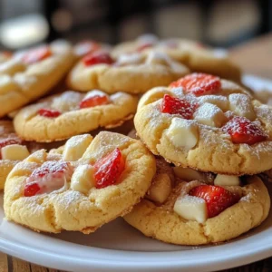 To make your strawberry cheesecake cookies, gather these simple ingredients: - 1 cup cream cheese, softened to room temperature - 1/2 cup unsalted butter, softened to room temperature - 1 cup granulated sugar - 1/2 cup packed brown sugar - 1 large egg - 1 teaspoon pure vanilla extract - 2 cups all-purpose flour - 1 teaspoon baking powder - 1/2 teaspoon baking soda - 1/4 teaspoon salt - 1 cup fresh strawberries, hulled and diced - 1/2 cup white chocolate chips (optional but recommended for extra sweetness) Each ingredient plays a key role in the cookie's flavor and texture. The cream cheese gives a rich base, while the butter adds softness. The sugars create sweetness and help with the cookie's golden edges. The egg acts as a binder, keeping everything together. Fresh strawberries bring a burst of flavor and color. If you choose to add white chocolate chips, they provide a creamy sweetness that complements the strawberries. Make sure your ingredients are at room temperature for the best results. This ensures a smooth batter and better mixing. Enjoy gathering these ingredients and get ready for a delightful baking experience! {{ingredient_image_2}} Start by preheating your oven to 350&deg;F (175&deg;C). Take a baking sheet and line it with parchment paper. This helps the cookies come off easily after baking. In a large bowl, add 1 cup of softened cream cheese and 1/2 cup of softened unsalted butter. Use an electric mixer on medium speed. Mix until the blend is smooth and creamy. This should take about 2-3 minutes. Next, add 1 cup of granulated sugar and 1/2 cup of packed brown sugar. Mix again until everything is fluffy and well combined. In another bowl, whisk together 2 cups of all-purpose flour, 1 teaspoon of baking powder, 1/2 teaspoon of baking soda, and 1/4 teaspoon of salt. Make sure these dry ingredients are well mixed. This step ensures your cookies rise nicely. Now, slowly add the dry mix to the wet mix. Stir gently until just combined. Be careful not to overmix! Next, fold in 1 cup of diced fresh strawberries and 1/2 cup of white chocolate chips, if you choose to use them. Use a spatula to mix gently, so you don&rsquo;t break the strawberries apart too much. Using a cookie scoop or a tablespoon, drop rounded balls of dough onto your prepared baking sheet. Leave about 2 inches of space between each cookie. This space lets them spread while baking. Place the baking sheet in the oven and bake for 10-12 minutes. Look for light golden edges while the centers stay soft. Once the cookies are done, let them cool on the baking sheet for about 5 minutes. After that, transfer them to a wire rack. Allow them to cool completely. This step helps the flavors blend and the texture to set. Enjoy your strawberry cheesecake cookies fresh! To soften cream cheese, take it out of the fridge. Let it sit at room temperature for about 30 minutes. You can also microwave it. Place the cream cheese in a microwave-safe bowl. Microwave on low power for about 10-15 seconds. Check it often. You want it soft, not melted. Baking time can change based on your oven. Start checking the cookies at 10 minutes. If they look light brown on the edges, they are close to done. If they seem too soft, give them 1-2 more minutes. Remember, cookies firm up as they cool. Mixing well is key. Use an electric mixer to blend the cream cheese and butter until fluffy. When adding the sugars, mix until combined and fluffy again. Add the egg and vanilla, then beat until smooth. For the dry ingredients, fold gently. Overmixing can lead to tough cookies! Using pure vanilla extract makes a big difference. It adds depth to the cookie dough. Always add it after the egg. This ensures the flavors blend well. You can also try different extracts like almond for a fun twist! For a lovely presentation, arrange cookies on a nice platter. Dust them lightly with powdered sugar for a sweet touch. Add fresh strawberry slices next to the cookies. This makes the dish look bright and fun! It also enhances the strawberry flavor in each bite. Pro Tips Use Room Temperature Ingredients: Ensure that your cream cheese and butter are at room temperature for a smoother batter and better texture in your cookies. Don&rsquo;t Overmix the Dough: When combining wet and dry ingredients, mix just until combined to keep the cookies soft and chewy. Overmixing can lead to tough cookies. Chill the Dough for Extra Flavor: If time allows, chill the cookie dough for 30 minutes before baking. This helps the flavors develop and can lead to thicker cookies. Customize Your Mix-Ins: Feel free to substitute the strawberries and white chocolate chips with other fruits or nuts, such as blueberries, raspberries, or pecans, for a unique twist. {{image_4}} You can switch out strawberries for other berries. Raspberries, blueberries, or blackberries work great too. Each berry brings a unique taste. Raspberries add tartness, while blueberries offer sweetness. Just chop them up and fold them into the dough, just like strawberries. If you need a gluten-free cookie, swap all-purpose flour for a gluten-free blend. Look for a blend that has xanthan gum. This helps the cookies hold together. Your cookie will still be soft and tasty. For extra crunch, add nuts like walnuts or pecans. Chop them finely and mix them in. You can also add shredded coconut for a tropical twist. It adds chewiness and flavor. Just fold in about half a cup to keep the balance right. If you want to cut down on sugar, use natural sweeteners. Try honey or maple syrup in place of granulated sugar. Adjust the amount since they are sweeter than sugar. Always taste your dough! You want it perfect before baking. To keep your strawberry cheesecake cookies fresh, store them in an airtight container. This will help lock in moisture and prevent them from drying out. Make sure the cookies are completely cool before placing them in the container. You can layer parchment paper between layers of cookies to avoid sticking. You can freeze these cookies for later enjoyment. First, let them cool completely. Then, place them in a single layer on a baking sheet. Freeze them for about an hour. Once frozen, transfer the cookies to a freezer-safe bag or container. They can last up to three months in the freezer. To maintain freshness, keep cookies at room temperature for up to a week. Make sure to store them away from direct sunlight and heat. If you live in a humid area, consider refrigerating them to prevent spoiling. Always check for any signs of mold before eating. Reheat your cookies for a few seconds in the microwave. Place one cookie on a microwave-safe plate. Heat it for about 10-15 seconds or until warm. This will bring back the soft texture. You can also use an oven. Preheat it to 350&deg;F (175&deg;C) and warm the cookies for about 5-7 minutes. Enjoy them warm for the best taste! Yes, you can use frozen strawberries. Thaw them first and drain any extra liquid. This helps keep the cookie dough from getting too wet. Fresh strawberries give a better taste and texture, but frozen work in a pinch. Check your cookies at 10 minutes. They should be light golden brown on the edges. The centers may look a bit soft, but that&rsquo;s normal. They will firm up as they cool. You can use mascarpone or ricotta cheese as a substitute. Both provide a creamy texture. The flavor will change slightly, but they will still taste good. One cookie has about 120 calories. It contains 5 grams of fat, 20 grams of carbs, and 1 gram of protein. This may vary based on your ingredients and portion sizes. Store leftover cookies in an airtight container. They will stay fresh for about 5 days at room temperature. You can freeze them for up to 3 months for longer storage. You learned about cookies made with cream cheese and fresh strawberries. I provided detailed steps on mixing ingredients, baking, and cooling. I shared tips to make the process easy and enjoyable. You can also explore different berry options and storage tips to keep your cookies fresh. Remember, baking is fun and allows for creativity. Experiment with flavors and enjoy your tasty treats! Try these cookies yourself, and share with friends for a delightful experience.