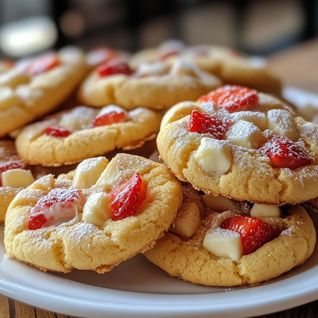 To make your strawberry cheesecake cookies, gather these simple ingredients: - 1 cup cream cheese, softened to room temperature - 1/2 cup unsalted butter, softened to room temperature - 1 cup granulated sugar - 1/2 cup packed brown sugar - 1 large egg - 1 teaspoon pure vanilla extract - 2 cups all-purpose flour - 1 teaspoon baking powder - 1/2 teaspoon baking soda - 1/4 teaspoon salt - 1 cup fresh strawberries, hulled and diced - 1/2 cup white chocolate chips (optional but recommended for extra sweetness) Each ingredient plays a key role in the cookie's flavor and texture. The cream cheese gives a rich base, while the butter adds softness. The sugars create sweetness and help with the cookie's golden edges. The egg acts as a binder, keeping everything together. Fresh strawberries bring a burst of flavor and color. If you choose to add white chocolate chips, they provide a creamy sweetness that complements the strawberries. Make sure your ingredients are at room temperature for the best results. This ensures a smooth batter and better mixing. Enjoy gathering these ingredients and get ready for a delightful baking experience! {{ingredient_image_2}} Start by preheating your oven to 350°F (175°C). Take a baking sheet and line it with parchment paper. This helps the cookies come off easily after baking. In a large bowl, add 1 cup of softened cream cheese and 1/2 cup of softened unsalted butter. Use an electric mixer on medium speed. Mix until the blend is smooth and creamy. This should take about 2-3 minutes. Next, add 1 cup of granulated sugar and 1/2 cup of packed brown sugar. Mix again until everything is fluffy and well combined. In another bowl, whisk together 2 cups of all-purpose flour, 1 teaspoon of baking powder, 1/2 teaspoon of baking soda, and 1/4 teaspoon of salt. Make sure these dry ingredients are well mixed. This step ensures your cookies rise nicely. Now, slowly add the dry mix to the wet mix. Stir gently until just combined. Be careful not to overmix! Next, fold in 1 cup of diced fresh strawberries and 1/2 cup of white chocolate chips, if you choose to use them. Use a spatula to mix gently, so you don’t break the strawberries apart too much. Using a cookie scoop or a tablespoon, drop rounded balls of dough onto your prepared baking sheet. Leave about 2 inches of space between each cookie. This space lets them spread while baking. Place the baking sheet in the oven and bake for 10-12 minutes. Look for light golden edges while the centers stay soft. Once the cookies are done, let them cool on the baking sheet for about 5 minutes. After that, transfer them to a wire rack. Allow them to cool completely. This step helps the flavors blend and the texture to set. Enjoy your strawberry cheesecake cookies fresh! To soften cream cheese, take it out of the fridge. Let it sit at room temperature for about 30 minutes. You can also microwave it. Place the cream cheese in a microwave-safe bowl. Microwave on low power for about 10-15 seconds. Check it often. You want it soft, not melted. Baking time can change based on your oven. Start checking the cookies at 10 minutes. If they look light brown on the edges, they are close to done. If they seem too soft, give them 1-2 more minutes. Remember, cookies firm up as they cool. Mixing well is key. Use an electric mixer to blend the cream cheese and butter until fluffy. When adding the sugars, mix until combined and fluffy again. Add the egg and vanilla, then beat until smooth. For the dry ingredients, fold gently. Overmixing can lead to tough cookies! Using pure vanilla extract makes a big difference. It adds depth to the cookie dough. Always add it after the egg. This ensures the flavors blend well. You can also try different extracts like almond for a fun twist! For a lovely presentation, arrange cookies on a nice platter. Dust them lightly with powdered sugar for a sweet touch. Add fresh strawberry slices next to the cookies. This makes the dish look bright and fun! It also enhances the strawberry flavor in each bite. Pro Tips Use Room Temperature Ingredients: Ensure that your cream cheese and butter are at room temperature for a smoother batter and better texture in your cookies. Don’t Overmix the Dough: When combining wet and dry ingredients, mix just until combined to keep the cookies soft and chewy. Overmixing can lead to tough cookies. Chill the Dough for Extra Flavor: If time allows, chill the cookie dough for 30 minutes before baking. This helps the flavors develop and can lead to thicker cookies. Customize Your Mix-Ins: Feel free to substitute the strawberries and white chocolate chips with other fruits or nuts, such as blueberries, raspberries, or pecans, for a unique twist. {{image_4}} You can switch out strawberries for other berries. Raspberries, blueberries, or blackberries work great too. Each berry brings a unique taste. Raspberries add tartness, while blueberries offer sweetness. Just chop them up and fold them into the dough, just like strawberries. If you need a gluten-free cookie, swap all-purpose flour for a gluten-free blend. Look for a blend that has xanthan gum. This helps the cookies hold together. Your cookie will still be soft and tasty. For extra crunch, add nuts like walnuts or pecans. Chop them finely and mix them in. You can also add shredded coconut for a tropical twist. It adds chewiness and flavor. Just fold in about half a cup to keep the balance right. If you want to cut down on sugar, use natural sweeteners. Try honey or maple syrup in place of granulated sugar. Adjust the amount since they are sweeter than sugar. Always taste your dough! You want it perfect before baking. To keep your strawberry cheesecake cookies fresh, store them in an airtight container. This will help lock in moisture and prevent them from drying out. Make sure the cookies are completely cool before placing them in the container. You can layer parchment paper between layers of cookies to avoid sticking. You can freeze these cookies for later enjoyment. First, let them cool completely. Then, place them in a single layer on a baking sheet. Freeze them for about an hour. Once frozen, transfer the cookies to a freezer-safe bag or container. They can last up to three months in the freezer. To maintain freshness, keep cookies at room temperature for up to a week. Make sure to store them away from direct sunlight and heat. If you live in a humid area, consider refrigerating them to prevent spoiling. Always check for any signs of mold before eating. Reheat your cookies for a few seconds in the microwave. Place one cookie on a microwave-safe plate. Heat it for about 10-15 seconds or until warm. This will bring back the soft texture. You can also use an oven. Preheat it to 350°F (175°C) and warm the cookies for about 5-7 minutes. Enjoy them warm for the best taste! Yes, you can use frozen strawberries. Thaw them first and drain any extra liquid. This helps keep the cookie dough from getting too wet. Fresh strawberries give a better taste and texture, but frozen work in a pinch. Check your cookies at 10 minutes. They should be light golden brown on the edges. The centers may look a bit soft, but that’s normal. They will firm up as they cool. You can use mascarpone or ricotta cheese as a substitute. Both provide a creamy texture. The flavor will change slightly, but they will still taste good. One cookie has about 120 calories. It contains 5 grams of fat, 20 grams of carbs, and 1 gram of protein. This may vary based on your ingredients and portion sizes. Store leftover cookies in an airtight container. They will stay fresh for about 5 days at room temperature. You can freeze them for up to 3 months for longer storage. You learned about cookies made with cream cheese and fresh strawberries. I provided detailed steps on mixing ingredients, baking, and cooling. I shared tips to make the process easy and enjoyable. You can also explore different berry options and storage tips to keep your cookies fresh. Remember, baking is fun and allows for creativity. Experiment with flavors and enjoy your tasty treats! Try these cookies yourself, and share with friends for a delightful experience.
