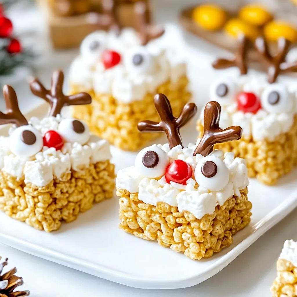 To make Reindeer Rice Krispie Treats, you will need these key ingredients: - 6 cups Rice Krispies cereal - 4 cups mini marshmallows - 3 tablespoons unsalted butter - 1 teaspoon pure vanilla extract - 1 cup chocolate chips (for optional antler dipping) - 1 cup pretzel sticks (for forming antlers) - Red candy melts (for cute noses) - Mini chocolate candies (for playful eyes) These ingredients create a fun and tasty treat perfect for any holiday gathering. You can add a few extra touches to your treats for a festive look. Consider using: - Sprinkles for extra color - Edible glitter for sparkle - Mini marshmallows for additional decoration These options enhance the visual appeal of your treats and make them even more fun. If you can't find some ingredients, here are some substitutes you can use: - Use puffed rice instead of Rice Krispies for a different crunch. - Swap mini marshmallows for regular marshmallows, just cut them smaller. - Use white chocolate chips instead of chocolate chips for a sweeter flavor. These substitutes keep the recipe easy and enjoyable while still adding your own twist! {{ingredient_image_2}} Start by greasing a large 9x13-inch baking dish. You can use cooking spray or butter. This step helps the treats come out easily later. Set the dish aside for now. In a large saucepan, melt 3 tablespoons of unsalted butter over low heat. Once the butter is melted, add 4 cups of mini marshmallows. Stir the mixture with a wooden spoon. Keep stirring until the marshmallows melt completely. The mixture should look smooth and shiny. This takes only a few minutes. Remove the saucepan from heat. Stir in 1 teaspoon of pure vanilla extract. This adds great flavor to your treats. Next, fold in 6 cups of Rice Krispies cereal. Make sure to mix well. You want every piece to be coated in the marshmallow blend. Once mixed, pour the mixture into the prepared dish. Use a spatula to press it down firmly. This helps the treats hold their shape. Allow it to cool for about 30 minutes until it sets. After the treats are cool, use a reindeer-shaped cookie cutter to cut out fun shapes. If you don’t have a cookie cutter, simply cut rectangular bars. Now, for the fun part: decorating! Melt the red candy melts according to the package. Dip one side of a mini chocolate candy into the melted candy. Press it onto the center of each treat for a cute nose. Place two mini chocolate candies on top for eyes. Lastly, insert pretzel sticks into the top for antlers. You can drizzle melted chocolate over the pretzels for extra flair. Let everything set for a few minutes. Your festive Reindeer Rice Krispie Treats are now ready to enjoy! To shape your treats well, use a reindeer-shaped cookie cutter. First, let the treats cool completely in the pan. Once set, spray the cutter with cooking spray to help it release easily. Press down firmly and lift the cutter straight up. If you don't have a cutter, you can cut the treats into squares or rectangles. Just make sure to use a sharp knife for clean edges. When melting candy melts, use a microwave-safe bowl. Start by heating them in short bursts of 20 seconds. Stir after each burst until smooth. This helps avoid burning them. If the melts are too thick, add a tiny bit of oil to thin them. Make sure to dip one side of the mini chocolate candy in the melted candy. This helps it stick better to the treat. To keep your treats fresh, store them in an airtight container. Place parchment paper between layers to avoid sticking. Keep them at room temperature, away from heat and light. If you have leftovers, they can last up to one week. You can also freeze them for longer storage. Just make sure to wrap them well to avoid freezer burn. Pro Tips Use Fresh Ingredients: Ensure your Rice Krispies and marshmallows are fresh for the best flavor and texture. Don't Overheat the Marshmallows: Melt the marshmallows slowly over low heat to prevent them from becoming too tough. Press Firmly: When pressing the mixture into the baking dish, use firm pressure to create a solid base that holds its shape. Get Creative with Decorations: Feel free to add other candies or sprinkles for unique designs and flavors! {{image_4}} You can make Reindeer Rice Krispie Treats fit any holiday theme. For Halloween, shape them into spooky ghosts or pumpkins. Use orange candy melts for a fun twist. For Easter, use pastel colors and shape them like eggs. You can even layer in some colorful sprinkles for extra cheer. The key is to let your creativity run wild and have fun with the shapes and colors! Switching up the candy types can add a new touch. Instead of red candy melts, try white chocolate for a snowman theme. You can use mini gummy candies for noses or even fruit snacks cut into fun shapes. For the eyes, swap mini chocolate candies with small candies like M&M's or Skittles. Each candy brings a unique flavor and look, making your treats even more exciting. If you want to change the base flavor, use different cereals. Cocoa Krispies can give your treats a rich chocolate taste. Fruity Pebbles can add a burst of color and a fruity flavor. Just remember to melt the marshmallows the same way. You can mix cereals too! Combining Rice Krispies with Cocoa Krispies can create a fun and tasty treat that kids will love. There are so many ways to make these snacks your own! To keep your Reindeer Rice Krispie Treats fresh, store them in an airtight container. Place parchment paper between layers to prevent sticking. Keep the treats at room temperature. They will stay soft and chewy for up to a week. You can freeze these treats for long-term storage. First, cut them into squares. Wrap each piece tightly in plastic wrap. Then, place the wrapped treats in a freezer-safe bag or container. They will last up to three months in the freezer. When ready to eat, let them thaw at room temperature for about an hour. If your treats lose their softness, you can refresh them. Place a slice of bread in the container with the treats. Close the lid and let them sit overnight. The treats will absorb moisture from the bread, making them soft again. Enjoy your festive snacks! Yes, you can make these treats a day in advance. Just store them in an airtight container. This keeps them fresh and ready for your holiday fun. If you want the best taste, try to eat them within two days. To reduce stickiness, use more butter when melting the marshmallows. You can also let the mixture cool slightly before mixing in the Rice Krispies. Another tip is to spray your hands with cooking spray when pressing the mixture into the dish. If you don't have pretzels, use candy canes or chocolate-covered sticks. You could also use thin breadsticks or even pipe cleaner sticks for a fun look. Just make sure they are sturdy enough to stand up in the treats! This blog post covered everything you need to know to make tasty treats. We discussed the key ingredients, step-by-step instructions, and tips for perfecting your treats. You also learned about fun variations, storage methods, and answers to common questions. Now, you can create delicious snacks for any occasion. With the right ingredients and techniques, your treats will impress everyone. Don't hesitate to share your creations and enjoy the process! Happy baking!
