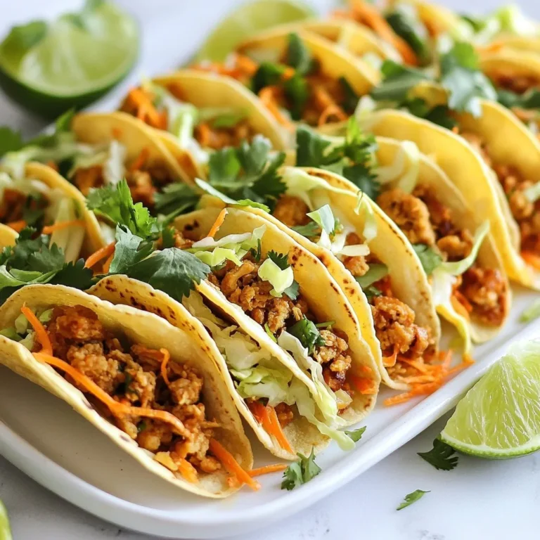 For these tasty tacos, you need these main items: - 1 pound ground chicken - 1 cup shredded green cabbage - 1/2 cup grated carrots - 2 green onions, finely chopped - 2 cloves garlic, minced - 1 tablespoon fresh ginger, minced - 2 tablespoons soy sauce - 1 tablespoon sesame oil - 1 teaspoon sriracha (or to taste) - 1 package wonton wrappers - Fresh cilantro leaves for garnish - Lime wedges for serving These ingredients work together to create a delicious filling and a crisp taco shell. You can enhance your Chicken Wonton Tacos with these extras: - Chopped bell peppers for crunch - Avocado slices for creaminess - A sprinkle of sesame seeds for texture - Hot sauce for extra heat Feel free to mix and match these optional items to suit your taste. If you have dietary needs, try these swaps: - Use ground turkey instead of chicken for a leaner option. - Replace soy sauce with tamari for a gluten-free choice. - For a vegetarian option, substitute the chicken with firm tofu. - Use coconut aminos for a soy-free alternative. These substitutions let everyone enjoy the deliciousness of Chicken Wonton Tacos. {{ingredient_image_2}} Sautéing garlic and ginger Start by heating the sesame oil in a large skillet over medium heat. Once hot, add minced garlic and ginger. Cook them for about one minute. The smell will fill your kitchen with a warm aroma. Cooking the ground chicken Next, add the ground chicken to the skillet. Use a spatula to break it apart as it cooks. Cook for about 5 to 7 minutes. You want the chicken to turn brown and no longer look pink. Combining flavors with soy sauce and sriracha Stir in the soy sauce and sriracha. Let this mixture cook for another two minutes. This helps all the flavors blend together. Once done, remove the skillet from heat. Fold in shredded cabbage, grated carrots, and chopped green onions. Mix well until everything is combined. Let the filling cool a bit as you prepare the wonton wrappers. Preparing wonton wrappers Preheat your oven to 375°F (190°C). Lay out a wonton wrapper on a clean surface. Filling and shaping tacos Spoon a good amount of the chicken filling into the center of the wrapper. Carefully fold the edges upward. Shape it into a taco and press the sides tightly to seal. Baking instructions for crispy texture Repeat this process until you use all the wrappers and filling. Place the wonton tacos on a parchment-lined baking sheet, making sure they have space. Bake in your preheated oven for 10 to 12 minutes. You want the wrappers to turn golden and crispy. After baking, let them sit for a minute to keep the crunch. Plating tips for presentation For a pretty presentation, arrange the crispy wonton tacos on a large platter. Garnish with fresh cilantro leaves and lime wedges. The lime adds a zesty touch. Accompaniments and dipping sauces Try serving with sweet chili or soy sauce for dipping. These sauces will enhance the flavors and make your meal even better. Enjoy your Chicken Wonton Tacos! To keep your wonton tacos crispy, use a few easy tips. First, bake them on a parchment-lined sheet. This helps with airflow and browning. Avoid overcrowding the pan. If they touch, they won't bake evenly. You can also lightly brush the wrappers with sesame oil before baking. This adds flavor and enhances crispiness. Store your ingredients right to keep them fresh. Keep ground chicken in the fridge and use it within two days. Wrap cabbage and carrots tightly in plastic wrap. This keeps them crisp and juicy. For wonton wrappers, store them in the fridge, too. Use them within a week for the best texture. To get that perfect golden color, preheat your oven well. An oven set at 375°F (190°C) gives the best results. Rotate the baking sheet halfway through cooking. This ensures every taco gets even heat. If you notice some browning faster, you can cover them with foil to prevent burning. Pro Tips Ensure Even Cooking: Make sure to cook the ground chicken thoroughly until it's evenly browned to enhance the flavor of your filling. Don’t Overfill: Be cautious not to overfill the wonton wrappers as this can make it difficult to seal and may cause them to burst during baking. Experiment with Spices: Feel free to add other spices or herbs, such as cumin or cilantro, to the filling for an extra flavor kick. Serve Immediately: For the best texture, serve the tacos right after baking when they are still crispy. Enjoy them fresh! {{image_4}} You can easily switch to a vegetarian version. Use firm tofu instead of ground chicken. Crumble the tofu and sauté it with garlic and ginger. Add soy sauce and mix in your favorite veggies like bell peppers or mushrooms. For a vegan option, skip any egg wash when sealing the wontons. You can also use plant-based wonton wrappers to keep it fully vegan. Feel free to get creative with your fillings. Try using shrimp or ground turkey for a different taste. You can even make a spicy beef version by adding chili paste to the ground beef. For a fresh twist, use diced mango or pineapple to give a sweet and savory mix. Each alternative will help you explore new flavors. If you love heat, increase the sriracha in your filling. You can also add chopped jalapeños for extra spice. If you prefer it mild, just reduce the sriracha or leave it out entirely. To balance the heat, serve with a cooling dip like yogurt or sour cream. Adjusting spice levels can make this dish fit any palate. To keep your Chicken Wonton Tacos fresh, store them in an airtight container. Place them in the fridge if you plan to eat them within a few days. Try to separate layers with parchment paper to avoid sticking. They taste best within three days. For reheating, the oven works best. Preheat your oven to 350°F (175°C). Place the tacos on a baking sheet and heat for about 10 minutes. This keeps them crispy. If you're in a hurry, use a microwave, but expect the tacos to be softer. You can freeze these tacos for quick meals later. First, let them cool completely. Then, wrap each taco tightly in plastic wrap. Place them in a freezer bag or container. They last up to three months. To cook, bake straight from the freezer at 375°F (190°C) for about 15-20 minutes. Enjoy a tasty meal anytime! Yes, you can make Chicken Wonton Tacos ahead of time. Prepare the chicken filling and store it in the fridge. You can also shape the wonton tacos in advance. Just keep them covered to prevent drying. Bake them just before serving for the best crunch. These tacos taste great with several dipping sauces. Try sweet chili sauce for a hint of sweetness. Soy sauce adds a salty kick. You can also use spicy sriracha for an extra punch. Mix and match to find your favorite flavor combo! To keep wonton wrappers from tearing, handle them gently. Make sure your hands are dry when you touch them. If they seem dry, cover them with a damp cloth. This keeps them moist and easier to work with. Always seal the edges well to keep the filling inside. The blog post guided you through making Chicken Wonton Tacos. We covered key ingredients, cooking steps, and serving suggestions. I shared tips for crispy texture and variations for dietary needs. These tacos can be simple or filled with flavor. You can store leftovers or freeze them for later. Enjoy exploring different fills and sauces. Now, it's time to gather your ingredients and start cooking. You will love the taste and fun of these tacos!