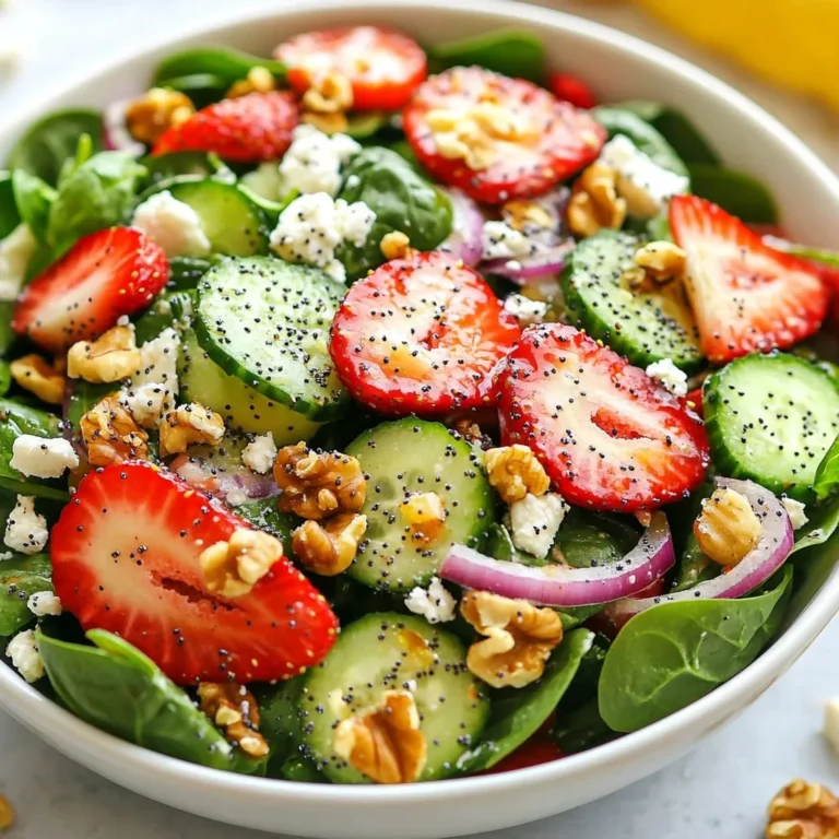 To make this salad fresh and tasty, gather these simple ingredients: - 5 cups fresh baby spinach, thoroughly washed - 2 cups strawberries, hulled and thinly sliced - 1 cup cucumber, peeled and sliced into thin rounds - 1/2 cup red onion, sliced thinly - 1/3 cup feta cheese, crumbled for a creamy touch - 1/4 cup walnuts or pecans, toasted for added crunch These fresh ingredients give your salad a bright look and a burst of flavor. The spinach is crisp, while the strawberries add sweetness. Cucumber adds crunch, and red onion gives a nice kick. Feta cheese adds creaminess, while toasted nuts bring a satisfying crunch. Now, let’s whip up the poppy seed dressing. You’ll need: - 1/2 cup plain yogurt, for creaminess - 2 tablespoons honey, to add sweetness - 2 tablespoons apple cider vinegar, bringing brightness - 1 tablespoon poppy seeds, for a nutty flavor - 1 tablespoon Dijon mustard, adding a savory kick - Salt and pepper to taste, to enhance flavors This dressing ties the salad together. The yogurt makes it smooth, while honey adds a touch of sweetness. Apple cider vinegar brightens the flavors, and poppy seeds add a nice crunch. Dijon mustard gives it a savory punch, while salt and pepper balance it all out. You can also try these optional add-ons for extra flavor: - Sliced avocado for creaminess - Grilled chicken for protein - Fresh herbs like mint or basil for a fragrant touch - Dried cranberries for a sweet contrast These add-ons let you customize the salad to your taste. Avocado makes it richer, while grilled chicken adds heartiness. Fresh herbs brighten the dish, and dried cranberries introduce a sweet note. Feel free to mix and match these options! {{ingredient_image_2}} To start, gather your ingredients. Use 5 cups of fresh baby spinach. Rinse it well to remove dirt. Next, slice 2 cups of strawberries into thin pieces. This brings a sweet flavor. Then, peel 1 cucumber and cut it into thin rounds. Add this to the bowl. Now, slice 1/2 cup of red onion very thin. This will add a nice bite to your salad. In a large bowl, mix all these ingredients together. Toss them gently to combine them well. In a small bowl, combine 1/2 cup of plain yogurt. This will give our dressing creaminess. Next, add 2 tablespoons of honey for sweetness. Now, pour in 2 tablespoons of apple cider vinegar. This will brighten the dressing. Then, add 1 tablespoon of poppy seeds for a nice nutty flavor. Don’t forget 1 tablespoon of Dijon mustard for a savory taste. Mix well until everything is blended. Add salt and pepper to taste. This will enhance all the flavors. Drizzle the poppy seed dressing over the salad base. Use tongs to toss the salad lightly, so it coats everything. Now, sprinkle 1/3 cup of crumbled feta cheese on top. This adds a creamy texture. Finally, add 1/4 cup of toasted walnuts or pecans for crunch. Serve the salad right away for the best taste. If you want, chill it for 30 minutes to deepen the flavors. Enjoy your Strawberry Spinach Salad with Poppy Seed Dressing! Use fresh ingredients for the best taste. Wash the spinach well to remove dirt. Cut the strawberries just before serving to keep them fresh. Slice the cucumber thinly for an even crunch. Thin slices of red onion add a nice bite. If you prefer a milder taste, soak the onions in cold water for a few minutes. The balance of soft and crunchy is key. Baby spinach provides a tender base. Add sliced strawberries for sweetness and a juicy bite. Cucumber rounds give a refreshing crunch. Crumbled feta cheese adds creaminess. Toasted walnuts or pecans bring extra crunch and flavor. Toss lightly to keep all the textures intact. For a festive look, serve in a wide, shallow bowl. Garnish with whole strawberries and edible flowers. This adds color and elegance. Chill the salad for 30 minutes to enhance the flavors. It makes a great starter or side dish for summer parties. Pair it with grilled chicken or fish for a complete meal. Pro Tips Freshness Matters: Always use fresh spinach and strawberries for the best flavor and texture in your salad. Customize Your Nuts: Feel free to substitute walnuts or pecans with your favorite nuts or seeds for a unique twist. Chill Before Serving: Letting the salad chill for 30 minutes enhances the flavors and makes it extra refreshing. Dress Just Before Serving: To keep the salad crisp, add the dressing right before serving to prevent wilting. {{image_4}} You can swap some ingredients to change the taste of your salad. Instead of spinach, try arugula for a peppery kick. If you don’t like feta, use goat cheese. It adds a tangy flavor. For a nutty twist, replace walnuts with sunflower seeds. You can also add sliced apples for extra crunch and sweetness. Use fresh, seasonal ingredients to keep your salad exciting. In summer, add ripe peaches or nectarines. In fall, try diced apples or pears. You can even throw in some roasted butternut squash during winter. These additions bring new flavors and colors to your dish. They also keep your salad fresh and fun. If you’re feeling adventurous, change up the dressing. Swap the yogurt for avocado for a creamy texture. You can use olive oil instead of yogurt for a lighter option. For a spicy kick, add some sriracha or chili flakes. Experimenting with different dressings adds new layers of flavor. This keeps your meal interesting every time you make it. To keep your strawberry spinach salad fresh, place any leftovers in an airtight container. Make sure to store it in the fridge right away. The salad is best enjoyed within two days for optimal taste and crispness. If you notice the leaves wilting, it's time to toss it. For the poppy seed dressing, you should store it in a sealed jar or container in the fridge. It will stay fresh for about a week. Before using it again, give it a good shake. This helps mix the ingredients that may have settled. - Fresh baby spinach: Use within 3 to 5 days for the best flavor. - Strawberries: Store for 3 to 7 days, depending on ripeness. - Cucumber: Keep for about a week in the fridge. - Red onion: Lasts 1 to 2 weeks if stored in a cool, dry place. - Feta cheese: Use within a week after opening. - Nuts: Toasted nuts stay good for about 2 weeks, while raw can last a few months. By following these storage tips, you can make the most of your delicious salad and dressing! Yes, you can make the salad ahead of time. Prepare the salad without the dressing. Keep it in the fridge for up to one day. Add the dressing just before serving for the best taste. You can use goat cheese or ricotta for a creamy touch. If you prefer a non-dairy option, try avocado. This adds creaminess without cheese. Yes, for a vegan version, swap plain yogurt with a plant-based yogurt. Use maple syrup instead of honey for sweetness. This keeps the flavor rich and creamy. All the salad ingredients are gluten-free. Just check the label on your Dijon mustard to ensure it is gluten-free. This way, you can enjoy the salad without worry. Yes, you can use frozen strawberries. Just thaw them first and drain excess liquid. This keeps the salad from getting soggy and still adds great flavor. This blog post shared easy steps for making a fresh salad with poppy seed dressing. We covered key ingredients and optional add-ons to boost flavor. I discussed best practices for prepping veggies and achieving the right texture. You learned about variations to try with seasonal ingredients and alternative dressings. We also explored storage tips for leftovers and common questions. In the end, making this salad can be fun and flexible, suiting your tastes and needs. Enjoy creating your perfect salad!