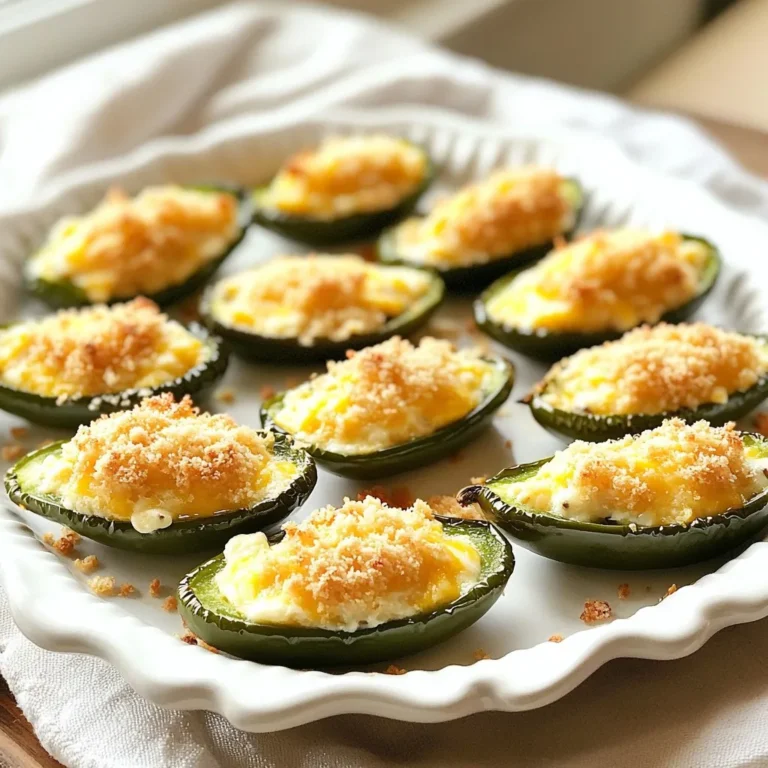 - 10 fresh jalapeños, halved and seeded - 1 cup cream cheese, softened to room temperature - 1 cup sharp cheddar cheese, finely shredded - 1/2 cup crispy bacon, cooked and crumbled (optional for keto) - 1 teaspoon garlic powder - 1/2 teaspoon onion powder - 1/4 teaspoon smoked paprika - Salt and freshly ground black pepper to taste The main ingredients of Keto Jalapeno Popper Bites create a creamy, spicy treat. Fresh jalapeños act as the star ingredient. Their heat adds a kick that pairs wonderfully with the creamy filling. Cream cheese gives the filling a rich, smooth texture. Sharp cheddar cheese adds depth and flavor. If you’re a bacon lover, the crispy bacon bits bring extra crunch and savoriness. The spices elevate the taste, making each bite exciting. - 1/2 cup almond flour - 1 tablespoon extra virgin olive oil The topping for these bites is simple yet impactful. Almond flour brings a low-carb crunch that suits the keto diet perfectly. Mixing it with olive oil makes it flavorful and helps it brown nicely in the oven. This topping creates a delightful contrast to the creamy filling. Keto Jalapeno Popper Bites are low in carbs and perfect for keto diets. Each serving offers a mix of healthy fats and proteins. They fit well into a low-carb lifestyle while still being delicious. A serving of two halves can provide a satisfying snack. Depending on your ingredients, the macros may vary. Generally, each serving contains about 150 calories, 12 grams of fat, and only 3 grams of carbs. This makes them a guilt-free option for party snacks or casual eating. {{ingredient_image_2}} 1. First, preheat your oven to 400°F (200°C). This step is crucial for even cooking. 2. Next, line a baking sheet with parchment paper. This makes for easy cleanup later. 3. In a medium bowl, mix 1 cup of softened cream cheese and 1 cup of shredded sharp cheddar cheese. If you like bacon, add 1/2 cup of crumbled bacon. 4. Sprinkle in 1 teaspoon of garlic powder, 1/2 teaspoon of onion powder, and 1/4 teaspoon of smoked paprika. 5. Season the mixture with salt and black pepper. Use a hand mixer or spatula to blend until smooth. 1. Take each jalapeño half and spoon in the cheese mixture. Fill it generously. 2. Press the filling slightly so it sticks to the sides. This helps keep the filling inside while baking. 1. In a small bowl, mix 1/2 cup of almond flour with 1 tablespoon of olive oil. Stir until it looks crumbly. 2. Sprinkle the almond flour mixture over the stuffed jalapeños. Make sure each one is well-coated for a crunchy topping. 3. Place the filled jalapeños on the prepared baking sheet in a single layer. Leave space between them for even cooking. 4. Bake in the oven for 20-25 minutes. Check for tenderness and a golden-brown color on top. 5. Once done, take the tray out of the oven. Let the jalapeño popper bites cool for a few minutes before serving. This enhances the flavors and makes them safe to eat. To get the best results with your Keto Jalapeno Popper Bites, follow these tips: - Ensuring even cooking: Place jalapeños on the baking sheet with space in between. This allows hot air to circulate and cook them evenly. If they’re too close, some may cook faster than others. - Choosing the right jalapeños: Look for firm, bright green jalapeños. They should feel heavy for their size. Avoid any that are soft or have dark spots. The level of heat varies, so taste a small piece if you're unsure. Serve your popper bites with tasty dips and garnishes for more flavor: - Pairing with dips: A cooling ranch dip works wonders. You can also try sour cream or guacamole. The coolness balances the heat of the jalapeños. - Garnishes: Fresh cilantro adds color and flavor. Chop it finely and sprinkle it over the bites before serving. Sometimes, things don't go as planned. Here’s how to fix common problems: - What to do if the filling spills out: If the filling spills while baking, don’t worry. Just scoop it back into the jalapeño. To prevent this, pack the filling tightly and avoid overstuffing. Pro Tips Choose the Right Jalapeños: Select jalapeños that are firm and have a vibrant color. This ensures they are fresh and will hold up well during baking. Customize Your Cheese Filling: Feel free to experiment with different types of cheese, such as pepper jack for added spice or cream cheese mixed with herbs for extra flavor. Make Ahead: You can prepare the jalapeño popper bites in advance and store them in the fridge. Just bake them when you’re ready to serve! Perfectly Crisp Topping: For an even crispier topping, broil the poppers for the last 2-3 minutes of baking, keeping a close eye to avoid burning. {{image_4}} You can switch up the flavors in your jalapeno popper bites by using different cheeses. While cream cheese and sharp cheddar are classics, try adding pepper jack for a spicy kick. This cheese melts well and gives a creamy texture. You can also mix in some mozzarella for a stretchier bite. Experimenting with cheese lets you create a unique flavor profile that suits your taste. If you want a vegan or vegetarian option, you can swap out the cream cheese. Use a plant-based cream cheese instead. This keeps the creamy texture while making it vegan-friendly. You can also skip the bacon or replace it with crispy tempeh for a similar crunch. These changes let everyone enjoy this tasty snack, regardless of their dietary needs. Adjusting the spice level is easy with jalapeños. If you prefer mild, look for larger jalapeños, as they tend to be less spicy. You can also remove all the seeds and membranes before stuffing them. On the other hand, if you like it hot, choose smaller, firmer jalapeños. You can also add some diced fresh jalapeños into the cheese mix for an extra kick. This way, you can make each batch just right for your taste buds. To keep your Keto Jalapeno Popper Bites fresh, store them in an airtight container. Place them in the fridge within two hours of baking. They will stay tasty for about 3 to 5 days. If you want to reheat them, use the oven for best results. Just warm them at 350°F (175°C) until they are hot. You can freeze these bites for later enjoyment. First, let them cool completely. Then, place them in a single layer on a baking sheet. Freeze them for about an hour until they are firm. After that, transfer them to a freezer-safe bag or container. They will last up to three months. To reheat, bake from frozen at 375°F (190°C) for about 25-30 minutes, or until hot and crispy. These bites taste best fresh but can last in the fridge for about 3 to 5 days. If you freeze them, they keep well for up to three months. Always check for any off smells or changes in color before eating. If stored correctly, they should remain safe and delicious. If you can't find fresh jalapeños, you have some great options. You can use pickled jalapeños for a tangy kick. Canned jalapeños also work as a substitute. They may be softer, so adjust your cooking time. Another choice is to use mini sweet peppers. They aren’t spicy, but they still taste great. Yes, you can make these bites ahead of time. Prepare the jalapeños and cheese filling, then stuff them. Cover the tray with plastic wrap and keep them in the fridge. When ready to eat, bake them as directed. If you freeze them, just add a few extra minutes to the baking time. Definitely! These bites fit perfectly into a meal prep plan. You can make a batch to enjoy throughout the week. Pair them with salads or low-carb veggies for a balanced meal. Store them in airtight containers for easy access. They reheat well, making them a quick snack or meal option. In this blog post, we explored the tasty world of jalapeño popper bites. You learned about the key ingredients like fresh jalapeños, cream cheese, and bacon. I shared step-by-step instructions on how to prepare, stuff, and bake these bites to perfection. We also discussed tips for cooking, serving suggestions, and common issues to watch out for. These poppers are not just delicious; they fit a low-carb diet! Whether you enjoy variations or want to store leftovers, these bites will impress. I hope you feel confident to try this recipe and make it your own!