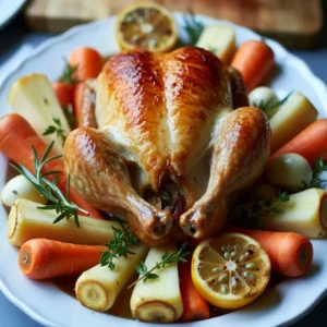 - 1 whole chicken (4-5 lbs) - 1/2 cup unsalted butter, softened - 8 cloves garlic, finely minced - 2 tablespoons fresh rosemary, finely chopped - 2 tablespoons fresh thyme, finely chopped - 1 tablespoon fresh parsley, finely chopped - Zest of 1 lemon - Juice of 1 lemon - Salt and black pepper, to taste - 1 medium onion, cut into quarters - 1 lemon, cut into wedges - 4 cups assorted root vegetables (carrots, potatoes, parsnips), chopped When measuring butter, make sure it&rsquo;s soft. This helps it mix well with herbs. Use a measuring cup for liquids like lemon juice. For zest, use a fine grater. Chop herbs finely for the best flavor. Use a kitchen scale for the chicken to ensure it&rsquo;s the right size. Fresh ingredients make a big difference. Fresh herbs add bright flavors that dried herbs can't match. Fresh garlic has a stronger taste than pre-minced. A good chicken is key to this dish. It cooks evenly and stays juicy. Using fresh vegetables gives you better texture and taste. Always look for quality ingredients to make your meal shine. {{ingredient_image_2}} Start by preheating your oven to 425&deg;F (220&deg;C). This heat is key for a crispy skin. Next, grab your whole chicken and pat it dry using paper towels. Dry skin helps the chicken roast better. Carefully lift the skin over the chicken breast and thighs. Make small pockets under the skin. This lets the herb butter seep into the meat for great flavor. In a medium bowl, mix the softened butter with 8 minced garlic cloves, 2 tablespoons of finely chopped rosemary, 2 tablespoons of thyme, and 1 tablespoon of parsley. Add the zest and juice of one lemon. Stir until it is smooth and well-blended. This herb butter is what makes your chicken really tasty. Rub half of the herb butter under the skin of the chicken. Then, spread the rest all over the outside. Season the chicken with salt and freshly ground black pepper. Next, stuff the cavity with the quartered onion and lemon wedges. This adds moisture and flavor as it cooks. In a large roasting pan, add 4 cups of chopped root vegetables, such as carrots and potatoes. Drizzle with olive oil and season with salt and pepper. Toss them gently to coat. Lay the chicken on top, breast side up. Roast for about 1 hour and 15 minutes. Use a meat thermometer to check that it reaches 165&deg;F (75&deg;C). Baste the chicken with pan juices halfway through for extra moisture. After roasting, let the chicken rest for 10-15 minutes before carving. This helps keep it juicy and tender. To roast chicken well, start with a hot oven. Preheat to 425&deg;F (220&deg;C). This will help the skin crisp up nicely. Always dry the chicken with paper towels before seasoning. Moisture can prevent crisp skin. Season well with salt and pepper, as this enhances the flavor. Placing the chicken on root vegetables allows them to soak up juices. Basting keeps the chicken moist and adds flavor. Halfway through roasting, use a spoon to collect pan juices. Gently pour the juices over the chicken. This step helps the skin to become golden and flavorful. Repeat basting every 20 minutes for best results. Just be careful when opening the oven! For crispy skin, rub herb butter all over the chicken. The butter helps create a golden crust as it roasts. Be sure to spread some butter under the skin, too. This step adds flavor directly to the meat. Letting the chicken rest after cooking helps the skin stay crispy. If you skip this, the skin may get soggy. Enjoy that perfect crunch on every bite! Pro Tips Resting is Key: Allow the chicken to rest after roasting. This helps the juices redistribute, ensuring each slice is juicy and tender. Use a Meat Thermometer: Invest in a reliable meat thermometer to check the chicken's internal temperature. It should read 165&deg;F (75&deg;C) for safe consumption. Flavor Boost: For added flavor, marinate the chicken in the herb butter mixture for a few hours or overnight before roasting. Vegetable Variety: Feel free to mix and match your root vegetables based on seasonal availability or personal preference for a colorful and nutritious side dish. {{image_4}} You can change the flavor of your chicken by adding citrus or spices. Try using orange or lime zest alongside lemon. This brings a sweet and bright taste. For spices, add paprika or cayenne pepper for a kick. These simple changes can make your dish feel new and exciting. Just mix them into the herb butter before spreading it on the chicken. If you want to try cooking your chicken differently, use a grill or a slow cooker. Grilling gives the chicken a nice char and smoky flavor. Set the grill to medium heat. Cook the chicken for about 1 hour, turning often for even cooking. A slow cooker is great for busy days. Just place the chicken in, add the vegetables, and let it cook on low for 6-8 hours. Both methods yield tender, juicy chicken with great taste. You can mix up the vegetables you use with your chicken. While root vegetables like carrots and potatoes are great, don't stop there! Consider adding bell peppers, zucchini, or Brussels sprouts for added color and flavor. Just chop them into similar sizes for even cooking. This not only makes your meal more vibrant but also adds various nutrients and tastes. Feel free to get creative and use what you have on hand! After you enjoy your Garlic Herb Butter Roast Chicken, store leftovers safely. Allow the chicken to cool to room temperature. Place the chicken in an airtight container. You can also wrap it tightly in plastic wrap. This will keep the chicken fresh for up to three days in the fridge. For the best flavor, try to eat the leftovers within two days. Reheating your roast chicken is easy. Preheat your oven to 350&deg;F (175&deg;C). Place the chicken in a baking dish. Cover it with aluminum foil to prevent it from drying out. Heat for about 20-25 minutes or until the chicken is warm throughout. If you like crispy skin, remove the foil for the last five minutes of reheating. You can also reheat in the microwave, but this may make the skin less crispy. If you have more leftovers, freezing is a great option. Cut the chicken into portions for easier thawing later. Wrap each piece tightly in plastic wrap, then place in a freezer bag. Make sure to squeeze out as much air as you can. Label the bag with the date. Frozen chicken can last up to three months. When you&rsquo;re ready to eat, thaw it overnight in the fridge before reheating. You should roast a whole chicken for about 1 hour and 15 minutes. This time works well for a chicken weighing 4-5 lbs. Make sure to check the chicken's internal temperature. It should reach 165&deg;F (75&deg;C) for safe eating. If the chicken is larger, you may need to add more time. Using frozen chicken is not the best choice for this dish. It&rsquo;s better to thaw the chicken first. Thawing ensures even cooking and helps the herb butter soak into the meat. You can thaw it overnight in the fridge or in cold water. This will help keep your chicken juicy and tasty. I love serving Garlic Herb Butter Roast Chicken with a mix of roasted root vegetables. Carrots, potatoes, and parsnips make great choices. You can also add a fresh salad or some garlic bread. These sides balance the rich flavors of the chicken. For a fun twist, a lemony quinoa or couscous works well too! This blog post offers a full guide to roasting a chicken. We covered key ingredients, their importance, and tips for perfect cooking. I shared step-by-step instructions and helpful tricks to get crispy skin. You can also explore fun flavor ideas and cooking methods. Finally, I provided easy ways to store leftovers. Roasting a chicken doesn't have to be hard. Use fresh items for great taste and enjoy your dinners!
