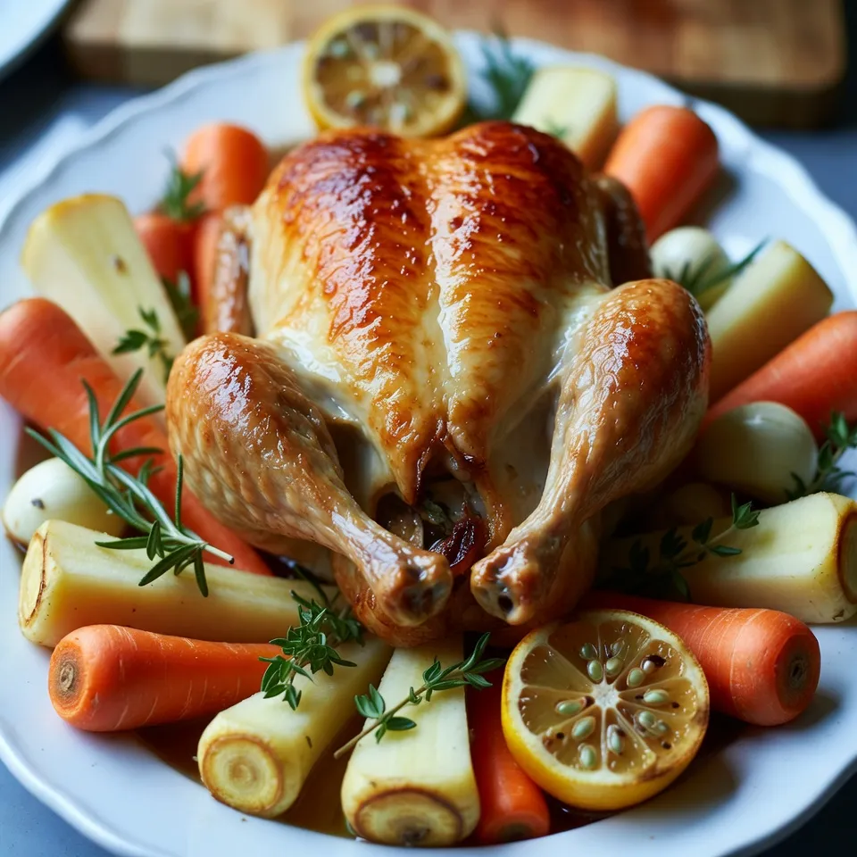 - 1 whole chicken (4-5 lbs) - 1/2 cup unsalted butter, softened - 8 cloves garlic, finely minced - 2 tablespoons fresh rosemary, finely chopped - 2 tablespoons fresh thyme, finely chopped - 1 tablespoon fresh parsley, finely chopped - Zest of 1 lemon - Juice of 1 lemon - Salt and black pepper, to taste - 1 medium onion, cut into quarters - 1 lemon, cut into wedges - 4 cups assorted root vegetables (carrots, potatoes, parsnips), chopped When measuring butter, make sure it’s soft. This helps it mix well with herbs. Use a measuring cup for liquids like lemon juice. For zest, use a fine grater. Chop herbs finely for the best flavor. Use a kitchen scale for the chicken to ensure it’s the right size. Fresh ingredients make a big difference. Fresh herbs add bright flavors that dried herbs can't match. Fresh garlic has a stronger taste than pre-minced. A good chicken is key to this dish. It cooks evenly and stays juicy. Using fresh vegetables gives you better texture and taste. Always look for quality ingredients to make your meal shine. {{ingredient_image_2}} Start by preheating your oven to 425°F (220°C). This heat is key for a crispy skin. Next, grab your whole chicken and pat it dry using paper towels. Dry skin helps the chicken roast better. Carefully lift the skin over the chicken breast and thighs. Make small pockets under the skin. This lets the herb butter seep into the meat for great flavor. In a medium bowl, mix the softened butter with 8 minced garlic cloves, 2 tablespoons of finely chopped rosemary, 2 tablespoons of thyme, and 1 tablespoon of parsley. Add the zest and juice of one lemon. Stir until it is smooth and well-blended. This herb butter is what makes your chicken really tasty. Rub half of the herb butter under the skin of the chicken. Then, spread the rest all over the outside. Season the chicken with salt and freshly ground black pepper. Next, stuff the cavity with the quartered onion and lemon wedges. This adds moisture and flavor as it cooks. In a large roasting pan, add 4 cups of chopped root vegetables, such as carrots and potatoes. Drizzle with olive oil and season with salt and pepper. Toss them gently to coat. Lay the chicken on top, breast side up. Roast for about 1 hour and 15 minutes. Use a meat thermometer to check that it reaches 165°F (75°C). Baste the chicken with pan juices halfway through for extra moisture. After roasting, let the chicken rest for 10-15 minutes before carving. This helps keep it juicy and tender. To roast chicken well, start with a hot oven. Preheat to 425°F (220°C). This will help the skin crisp up nicely. Always dry the chicken with paper towels before seasoning. Moisture can prevent crisp skin. Season well with salt and pepper, as this enhances the flavor. Placing the chicken on root vegetables allows them to soak up juices. Basting keeps the chicken moist and adds flavor. Halfway through roasting, use a spoon to collect pan juices. Gently pour the juices over the chicken. This step helps the skin to become golden and flavorful. Repeat basting every 20 minutes for best results. Just be careful when opening the oven! For crispy skin, rub herb butter all over the chicken. The butter helps create a golden crust as it roasts. Be sure to spread some butter under the skin, too. This step adds flavor directly to the meat. Letting the chicken rest after cooking helps the skin stay crispy. If you skip this, the skin may get soggy. Enjoy that perfect crunch on every bite! Pro Tips Resting is Key: Allow the chicken to rest after roasting. This helps the juices redistribute, ensuring each slice is juicy and tender. Use a Meat Thermometer: Invest in a reliable meat thermometer to check the chicken's internal temperature. It should read 165°F (75°C) for safe consumption. Flavor Boost: For added flavor, marinate the chicken in the herb butter mixture for a few hours or overnight before roasting. Vegetable Variety: Feel free to mix and match your root vegetables based on seasonal availability or personal preference for a colorful and nutritious side dish. {{image_4}} You can change the flavor of your chicken by adding citrus or spices. Try using orange or lime zest alongside lemon. This brings a sweet and bright taste. For spices, add paprika or cayenne pepper for a kick. These simple changes can make your dish feel new and exciting. Just mix them into the herb butter before spreading it on the chicken. If you want to try cooking your chicken differently, use a grill or a slow cooker. Grilling gives the chicken a nice char and smoky flavor. Set the grill to medium heat. Cook the chicken for about 1 hour, turning often for even cooking. A slow cooker is great for busy days. Just place the chicken in, add the vegetables, and let it cook on low for 6-8 hours. Both methods yield tender, juicy chicken with great taste. You can mix up the vegetables you use with your chicken. While root vegetables like carrots and potatoes are great, don't stop there! Consider adding bell peppers, zucchini, or Brussels sprouts for added color and flavor. Just chop them into similar sizes for even cooking. This not only makes your meal more vibrant but also adds various nutrients and tastes. Feel free to get creative and use what you have on hand! After you enjoy your Garlic Herb Butter Roast Chicken, store leftovers safely. Allow the chicken to cool to room temperature. Place the chicken in an airtight container. You can also wrap it tightly in plastic wrap. This will keep the chicken fresh for up to three days in the fridge. For the best flavor, try to eat the leftovers within two days. Reheating your roast chicken is easy. Preheat your oven to 350°F (175°C). Place the chicken in a baking dish. Cover it with aluminum foil to prevent it from drying out. Heat for about 20-25 minutes or until the chicken is warm throughout. If you like crispy skin, remove the foil for the last five minutes of reheating. You can also reheat in the microwave, but this may make the skin less crispy. If you have more leftovers, freezing is a great option. Cut the chicken into portions for easier thawing later. Wrap each piece tightly in plastic wrap, then place in a freezer bag. Make sure to squeeze out as much air as you can. Label the bag with the date. Frozen chicken can last up to three months. When you’re ready to eat, thaw it overnight in the fridge before reheating. You should roast a whole chicken for about 1 hour and 15 minutes. This time works well for a chicken weighing 4-5 lbs. Make sure to check the chicken's internal temperature. It should reach 165°F (75°C) for safe eating. If the chicken is larger, you may need to add more time. Using frozen chicken is not the best choice for this dish. It’s better to thaw the chicken first. Thawing ensures even cooking and helps the herb butter soak into the meat. You can thaw it overnight in the fridge or in cold water. This will help keep your chicken juicy and tasty. I love serving Garlic Herb Butter Roast Chicken with a mix of roasted root vegetables. Carrots, potatoes, and parsnips make great choices. You can also add a fresh salad or some garlic bread. These sides balance the rich flavors of the chicken. For a fun twist, a lemony quinoa or couscous works well too! This blog post offers a full guide to roasting a chicken. We covered key ingredients, their importance, and tips for perfect cooking. I shared step-by-step instructions and helpful tricks to get crispy skin. You can also explore fun flavor ideas and cooking methods. Finally, I provided easy ways to store leftovers. Roasting a chicken doesn't have to be hard. Use fresh items for great taste and enjoy your dinners!